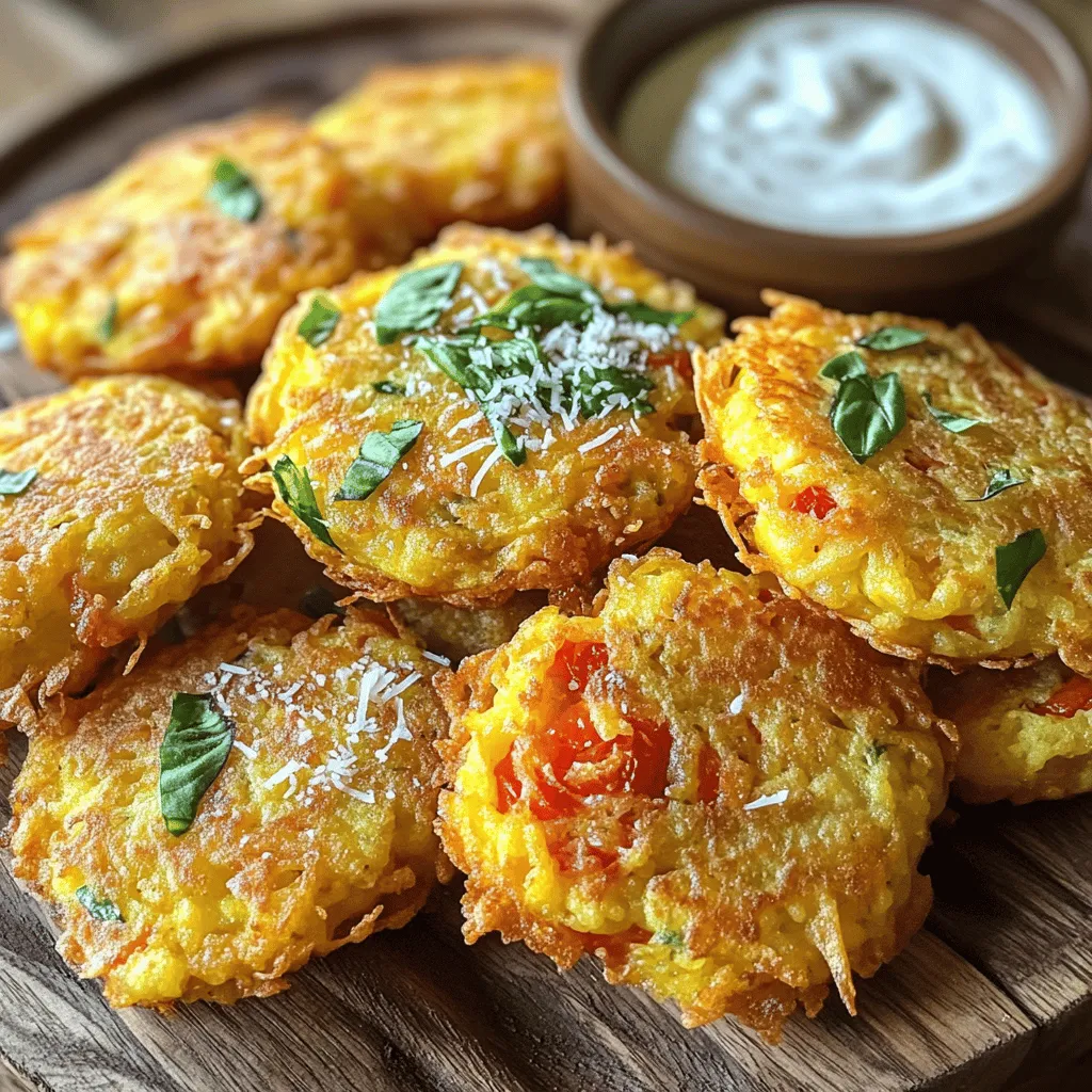 Fresh tomatoes bring a bright flavor to your fritters. Choose ripe tomatoes for the best taste. They add moisture and natural sweetness, making each bite juicy. Flour and cornmeal are key for the right texture. Flour gives a soft base, while cornmeal adds crunch. Together, they create a perfect blend. Seasoning is crucial for flavor. Garlic powder gives a savory punch. Onion powder adds depth, and smoked paprika brings a hint of smokiness. These spices make the fritters truly tasty. Fresh basil is a great addition. It adds a nice herbal note to your fritters. Just chop it up and mix it in. If you like cheese, Parmesan is an excellent option. It adds a rich, nutty flavor that complements the tomatoes. For frying, choose a good vegetable oil. Canola or sunflower oil works well because they have high smoke points. You’ll need a deep skillet or frying pan to fry the fritters. A slotted spoon is handy for removing them from the oil. Make sure to have paper towels ready to drain excess oil. For the full recipe, you can check the section above. To start, gather your ingredients. In a large mixing bowl, combine the diced tomatoes with the dry ingredients. Use 1 cup of all-purpose flour, 1/2 cup of cornmeal, 1 teaspoon baking powder, 1 teaspoon garlic powder, 1/2 teaspoon onion powder, and 1/2 teaspoon smoked paprika. Don’t forget to add salt and pepper to taste! Next, add 1/4 cup of chopped fresh basil and, if you like, 1/2 cup of grated Parmesan cheese. Mix everything well. Then, slowly add in 1/2 cup of water, or adjust as needed. Your goal is to create a thick batter. It should be spoonable, not too runny. If it seems too thick, add a little more water. Now, it’s time to heat the oil. Use about 1 inch of vegetable oil in a deep skillet. Set your stove to medium heat. To check if the oil is ready, drop a small bit of the batter in. If it sizzles, you’re good to go! Safety is key while frying. Avoid splashing hot oil, and keep a lid nearby in case of flare-ups. Always stay near the stove and use long tongs or a slotted spoon to handle the fritters. When the oil is hot, drop spoonfuls of the batter into the oil. Make small fritters to ensure even cooking. Fry them in batches for about 3 to 4 minutes on each side. Look for a golden brown color and a crispy texture. To check for doneness, cut one fritter open. It should be cooked through with no raw batter inside. Once done, remove the fritters from the oil and place them on paper towels to drain excess oil. Enjoy them warm with your favorite dipping sauce or a dollop of sour cream. For the complete recipe, check the Full Recipe section. To make great tomato fritters, you need the right batter. If the batter is too thick, it won’t cook well. If it’s too thin, your fritters will fall apart. You should adjust the water until the mixture is thick but spoonable. Start with 1/2 cup of water, then add more as needed. Next, keep your fritters the same size. This helps them cook evenly. Use a spoon or small scoop for uniform portions. Aim for fritters about 2 inches wide. This size cooks well in hot oil. One common mistake is overcrowding the frying pan. If you add too many fritters at once, the temperature drops. This makes them greasy instead of crispy. Fry in small batches, giving each fritter space to cook. Another mistake is using oil that’s not hot enough. If the oil is too cool, the fritters absorb more oil. To check the oil, drop in a small bit of batter. If it sizzles, you’re ready to fry! When your fritters are ready, serve them warm. They taste great with dips. I recommend sour cream or a spicy aioli. You can also try a fresh salsa for a zesty touch. For a fun presentation, stack fritters on a plate. Add a sprinkle of fresh herbs on top. This not only looks great but also adds flavor. Your guests will love the visual and taste appeal! For the full recipe, check out the section above. {{image_2}} You can make tomato fritters gluten-free. Use almond flour or rice flour instead of regular flour. These flours give a nice texture. They also keep the fritters light and crispy. For a vegan option, replace the cheese with a dairy-free version. You can also use flax eggs instead of regular eggs. Just mix one tablespoon of flaxseed meal with three tablespoons of water. Let it sit for a few minutes to thicken. This will bind your fritters well. Spices can add a fun kick to your fritters. Try adding cayenne pepper or chili powder for heat. You can also mix in cumin for a warm flavor. Seasonal veggies or fresh herbs boost taste too. Try zucchini, bell peppers, or corn. Fresh herbs like cilantro or dill can brighten the dish. This makes the fritters more colorful and tasty. Tomato fritters shine as appetizers or snacks. Serve them warm with a dip like ranch or spicy mayo. You can also enjoy them as a main course. Pair them with a fresh salad for a light meal. For a complete meal, think about side dishes. Roasted veggies or a simple rice pilaf can balance the meal. You can also serve a tangy slaw on the side for crunch. Check out the [Full Recipe] for step-by-step instructions! After cooking, let the fritters cool. Place them in an airtight container. This keeps them fresh. Store in the fridge for up to three days. They lose crunch over time. So, enjoy them soon! To freeze fritters, first let them cool completely. Then, arrange them in a single layer on a baking sheet. Freeze for about an hour. Once firm, transfer them to a freezer bag. Squeeze out air and seal. To reheat, bake them at 375°F for 15-20 minutes. They will be crispy again! Use glass or plastic containers with tight lids. These materials keep moisture out. Label your containers with the date. This helps you track freshness. Proper storage keeps fritters tasty and safe to eat. Tomato fritters can stay fresh for about 2 to 3 days in the fridge. To keep them tasting good, store them in an airtight container. The main factors that affect shelf life include moisture and temperature. If fritters sit out too long, they can get soggy. Always check for any off smell or odd texture before eating. Yes, you can bake tomato fritters! Baking will make them lighter but may not be as crispy. Preheat your oven to 400°F (200°C). Place fritters on a baking sheet lined with parchment paper. Bake for about 20-25 minutes, flipping halfway through. They will be golden and firm, but expect a different texture compared to frying. For a complete meal, pair your fritters with a fresh salad. A mixed greens salad with a light vinaigrette works well. You can also serve them with grilled chicken or fish. For dipping, try sour cream or a spicy aioli. This adds flavor and makes the meal more filling. To add some heat, mix in diced jalapeños or crushed red pepper flakes. You can also use spicy paprika instead of smoked paprika. Another option is to add hot sauce into the batter. Start with a small amount, then taste and adjust as needed. This way, you can control the spice level to your liking. Tomato fritters are a delicious way to showcase fresh tomatoes. You learned about essential ingredients, from flour and cornmeal for texture to spices that add flavor. I shared step-by-step instructions for making perfect fritters, plus common mistakes to avoid. You can explore variations, from gluten-free options to exciting flavor combos. Store leftovers properly to enjoy them later. Use this guide to make tasty tomato fritters and impress your family and friends. Enjoy your cooking journey!
