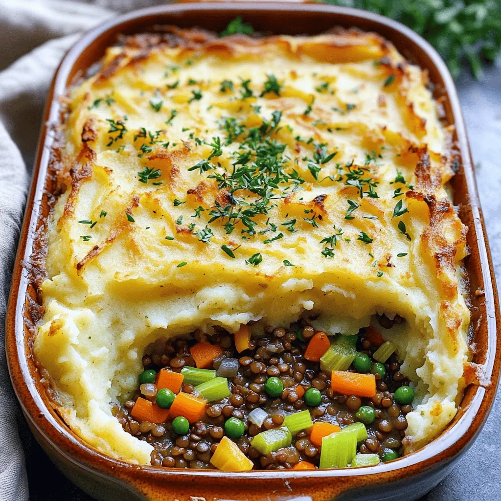- 2 cups lentils, cooked - 1 large onion, chopped - 2 carrots, diced - 2 celery stalks, diced - 2 cloves garlic, minced - 1 bell pepper, diced (any color) - 1 cup frozen peas - 1 tablespoon tomato paste - 1 tablespoon soy sauce - 2 teaspoons fresh thyme (or 1 teaspoon dried thyme) - 1 teaspoon smoked paprika - Salt and pepper, to taste The main ingredients for Vegetarian Shepherd's Pie focus on healthy, hearty elements. Lentils are the star, offering protein and fiber. They’re easy to cook and absorb flavors well. The mix of vegetables adds color and nutrients. Onions and garlic give a rich taste. Carrots and celery bring sweetness and crunch. Bell peppers and peas add freshness. Seasonings like tomato paste and soy sauce deepen the flavor. Thyme and smoked paprika add warmth and aroma. - 4 large potatoes, peeled and diced - 1/4 cup milk (or plant-based milk) - 2 tablespoons butter (or vegan butter) For the potato mash, choose starchy potatoes like Russets or Yukon Golds. They create a creamy texture when mashed. Boil them until soft, then mix in milk and butter for richness. You can use plant-based milk and vegan butter for a fully vegan dish. This mash acts as a perfect topping, giving a comforting feel. - Fresh parsley Garnishing with fresh parsley adds a pop of color and a fresh taste. It also makes the dish look appealing. A sprinkle right before serving enhances the overall experience. You might even consider other herbs, like chives or thyme, for added flavor. This combination of ingredients makes Vegetarian Shepherd’s Pie a flavorful comfort meal. If you’re curious about how to bring these elements together, check out the full recipe. Start by bringing a large pot of salted water to a boil. This step is key to achieving that perfect potato mash. Once the water boils, add the diced potatoes. Cook them until they are tender, which takes about 15 to 20 minutes. You can check their readiness by piercing them with a fork. If the fork slides in easily, they are done. After cooking, drain the potatoes and return them to the pot for mashing. While your potatoes cook, grab a large skillet. Heat a splash of olive oil over medium heat. Add the chopped onion and minced garlic first. Sauté them for a minute or two, then add the diced carrots, celery, and bell pepper. Stir these vegetables well and let them cook for about 5 to 7 minutes. You want them softened but not mushy. The aroma will fill your kitchen, making it hard to resist! Now for the fun part! Stir in the cooked lentils, tomato paste, soy sauce, thyme, smoked paprika, salt, and pepper. Mix well and let this cook for an additional 5 minutes. This is where all those flavors come together. Finally, add the frozen peas and heat everything through for another 2 minutes. The mixture should be vibrant and aromatic, ready to fill your pie. For the complete recipe, check the [Full Recipe]. To make a creamy potato mash, choose starchy potatoes like Russets or Yukon Golds. These types break down well and give you a smooth texture. When boiling the potatoes, add a pinch of salt to the water. This helps infuse flavor right from the start. After cooking, drain the potatoes and return them to the pot. This step allows excess moisture to evaporate. For seasoning, mix in butter and milk to your mash. Start with a little, then add more to reach your desired creaminess. Don’t forget to taste! Add salt and pepper to make the flavors pop. You can easily boost the flavor of your Vegetarian Shepherd's Pie. Fresh herbs like thyme and parsley add brightness. If you want a kick, try adding a pinch of red pepper flakes or a dash of hot sauce. You can also use smoked paprika for a warm, smoky flavor. Adjust the seasoning to fit your taste. If you like it sweeter, add a splash of balsamic vinegar. If you prefer richer flavors, mix in some sautéed mushrooms. Don’t hesitate to experiment! To achieve a golden crust on top, bake your pie at 400°F (200°C). Keep an eye on it while it cooks. If the top isn’t browning enough, broil it for a few minutes at the end. To avoid a soggy bottom, make sure to drain the lentils well before mixing them with the veggies. You can also let the pie cool for a few minutes before serving. This helps it set and stay intact. Enjoy your flavorful comfort meal! {{image_2}} You can switch lentils for other legumes. Chickpeas or black beans work great. If you want a meat substitute, try plant-based ground meat. These options add texture and protein. Each choice gives a unique taste. Feel free to experiment and find what you like best! Using seasonal veggies can enhance your dish. In winter, add root vegetables like parsnips or turnips. In spring, you can use asparagus or zucchini. Choose your favorite veggies to make it yours. Mixing colors adds visual appeal too. Just chop them up and toss them in with the lentils. If you're gluten-free, use gluten-free soy sauce or tamari. This small change makes a big difference. For vegan options, replace butter with coconut oil and use plant-based milk. You can also skip the butter in the mash for a lighter version. These adjustments keep the flavors rich and satisfying. Explore the full recipe to see how these variations come together! To keep your Vegetarian Shepherd's Pie fresh, store it in the fridge. Place it in an airtight container. This helps to prevent it from drying out or absorbing other smells in your fridge. You can store it like this for about 3 to 4 days. If you want to enjoy it later, freezing is a great option. Freezing portions of Vegetarian Shepherd's Pie is simple. Cut it into individual servings. Wrap each piece in plastic wrap or foil. Then, place them in a freezer-safe bag. This way, you can grab a portion anytime. To reheat, thaw it in the fridge overnight. Then bake it at 350°F (175°C) until heated through. This keeps the flavors fresh and delicious. Vegetarian Shepherd's Pie is perfect for meal prep. You can make a big batch on the weekend. Portion it out for the week ahead. It pairs well with side dishes like steamed broccoli or a fresh salad. These sides add extra nutrients and color to your meal. Enjoy the comfort of this dish all week long! For the full recipe, check out the details above. If you don't have lentils, you can use beans. Black beans or chickpeas work well. You can also try quinoa for a gluten-free option. Each of these adds protein and flavor. Adjust cooking times as needed for each type. Yes, you can prepare this dish in advance. Make the filling and mash the potatoes. Store each in separate containers in the fridge. You can assemble the pie the next day. It saves time and still tastes great. Just reheat before baking. Vegetarian Shepherd's Pie offers many health benefits. It is rich in fiber from lentils and veggies. This dish has fewer calories than traditional versions. You can also control the fat content with your milk choice. Overall, it’s a hearty, wholesome meal. Enjoy it guilt-free while savoring delicious flavors! This blog post covers a tasty Vegetarian Shepherd's Pie recipe. It starts with essential ingredients like lentils, potatoes, and veggies. Then, I share step-by-step instructions for making creamy potato mash and sautéing fresh vegetables. You'll find tips for enhancing flavor and achieving a perfect texture. Plus, I include storage advice and variations for personal preferences. In closing, this dish is comforting and healthy. It meets various dietary needs. Enjoy making it your own and share it with family and friends!