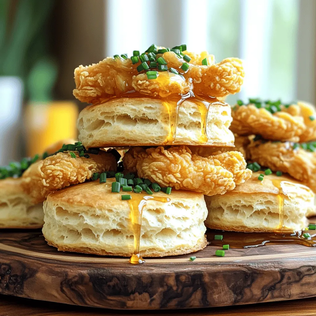 Creating Easy Hot Honey Chicken Biscuits is simple when you have the right ingredients. Here’s what you need: - 2 cups all-purpose flour - 1 tablespoon baking powder - 1 teaspoon salt - 1/2 teaspoon baking soda - 1/4 cup unsalted butter, cold and cubed - 3/4 cup buttermilk - 1 pound chicken tenders - 1 cup buttermilk (for marinating) - 1 cup hot honey (store-bought or homemade: mix honey with a dash of cayenne pepper) - Oil for frying - Fresh chives or parsley for garnish These ingredients come together to make a tasty dish. The all-purpose flour and buttermilk are key for the biscuits. The chicken tenders soak in buttermilk, which adds moisture and flavor. Hot honey gives a sweet and spicy touch that makes this meal stand out. Using fresh herbs as a garnish makes the dish look great. You can even make your hot honey at home with just honey and a bit of cayenne pepper. This adds a fun twist to the flavor. For the full recipe, check out the detailed steps to bring all these ingredients together in a delicious way. To start, you'll want to marinate the chicken. Place the chicken tenders in a bowl and cover them with 1 cup of buttermilk. Let them soak for at least 30 minutes. For even more flavor, you can refrigerate them for up to 2 hours. This step makes the chicken tender and juicy. After marinating, drain the excess buttermilk. This helps the breading stick better when frying. Next, let's make the biscuits. In a large bowl, mix together the dry ingredients: 2 cups of all-purpose flour, 1 tablespoon of baking powder, 1 teaspoon of salt, and 1/2 teaspoon of baking soda. Now, add 1/4 cup of cold, cubed butter. Use a pastry cutter or your fingers to mix until it looks like coarse crumbs. This will give your biscuits a flaky texture. After that, stir in 3/4 cup of buttermilk until just combined. Turn the dough onto a floured surface. Gently knead it a few times until it comes together. Shape the dough into a rectangle about 1 inch thick. Use a biscuit cutter or a glass to cut out your biscuits. Preheat your oven to 425°F (220°C). Place the biscuits on a baking sheet and bake for about 12-15 minutes. They should turn golden brown. While the biscuits bake, it's time to fry the chicken. Heat oil in a deep skillet over medium-high heat. Take the chicken from the buttermilk and let the extra drip off. Fry the chicken tenders in batches for about 5-7 minutes until golden brown. Once done, place them on a paper towel-lined plate to drain excess oil. This ensures crispy chicken. Now, let’s put it all together. Once your biscuits are out of the oven and slightly cooled, slice them in half. Place a fried chicken tender on the bottom half. Drizzle it generously with hot honey. Finally, add the top half of the biscuit. For a nice touch, garnish with fresh chives or parsley. This adds color and extra flavor to your dish. For the full recipe, check the [Full Recipe]. To get the best biscuit texture, use cold butter. Cold butter helps the biscuits rise high and stay flaky. When mixing, avoid overworking the dough. Just combine until it looks a bit lumpy. For chicken, ensure it is cooked through. When frying, maintain a steady oil temperature. If the oil is too cool, the chicken will soak up oil and become greasy. Cook the chicken until it reaches an internal temperature of 165°F (75°C). Pair your hot honey chicken biscuits with fresh sides. Coleslaw or pickles add crunch and balance the sweetness. For a colorful plate, add sliced tomatoes or a light salad. When serving, stack the chicken biscuits on a nice platter. Drizzle extra hot honey on top for a tempting look. Garnish with fresh herbs like parsley or chives for a pop of color. Prep your ingredients ahead of time. Measure out the flour and other dry items the night before. This helps speed up cooking on busy weeknights. You can also use store-bought hot honey to save time. It offers great flavor without the wait. If you want to try making your own, just mix honey with a dash of cayenne pepper for a quick twist. Try these tips for a fun and simple meal! For the full recipe, check out Easy Hot Honey Chicken Biscuits. {{image_2}} You can easily change the heat level of your hot honey. If you like spice, use a hotter honey. Look for brands that add chili or cayenne. For a milder taste, choose a honey with less heat. This way, you control the kick in your dish. You can also add cheese or herbs to your biscuits. A little cheddar or pepper jack makes a nice twist. Mix in fresh herbs like chives or rosemary. They bring a fresh flavor and elevate your biscuits. You don’t have to stick to all-purpose flour. Try whole wheat or almond flour for a twist. These flours give your biscuits a unique taste and texture. Switch up your chicken, too. If you prefer, use chicken thighs or even tofu for a plant-based option. Each protein brings its own flavor to the dish. For a fun twist, try a different marinade. You could use barbecue sauce or teriyaki for a unique flavor. Each swap makes the meal new and exciting. For the full recipe, check out the complete guide to Easy Hot Honey Chicken Biscuits. You can store leftovers in the fridge for up to three days. Use airtight containers to keep them fresh. This helps prevent moisture loss and keeps flavors intact. You can freeze both biscuit dough and cooked chicken. To freeze biscuit dough, shape it into biscuits and place them on a baking sheet. Freeze them for about an hour, then transfer them to a freezer bag. For cooked chicken, let it cool completely. Place it in a freezer bag, removing as much air as possible. To reheat frozen biscuits, bake them directly from the freezer at 425°F for about 15 minutes. For the chicken, heat it in a skillet over medium heat until warmed through. This method keeps the chicken crispy and delicious. Enjoy your Easy Hot Honey Chicken Biscuits anytime! You can use milk with vinegar or lemon juice as a substitute. Mix 1 cup of milk with 1 tablespoon of vinegar or lemon juice. Let it sit for 5 to 10 minutes. This will mimic buttermilk's tangy flavor. Yes, you can use frozen chicken tenders. Just add a few minutes to the cooking time. Make sure the chicken is cooked through and reaches 165°F. This ensures your chicken is safe to eat. Hot honey is honey mixed with a spicy element. To make it, mix 1 cup of honey with a dash of cayenne pepper. You can adjust the spice level based on your taste. Use it on biscuits, fried chicken, or even pizza. To get crispy biscuits, use cold butter and handle the dough gently. Avoid overmixing, as this can make them tough. Bake at a high temperature, around 425°F, for 12-15 minutes until golden brown. This gives you a nice, flaky texture. In this blog post, we covered the key ingredients for a delicious fried chicken and biscuits dish. I shared step-by-step instructions on marinating chicken, making biscuits, and frying them. You learned valuable tips for texture and storage, plus creative variations to try. Cooking can be fun and easy, and these recipes allow for creativity. Enjoy putting these ideas into practice. You’ll impress everyone with your tasty meal!