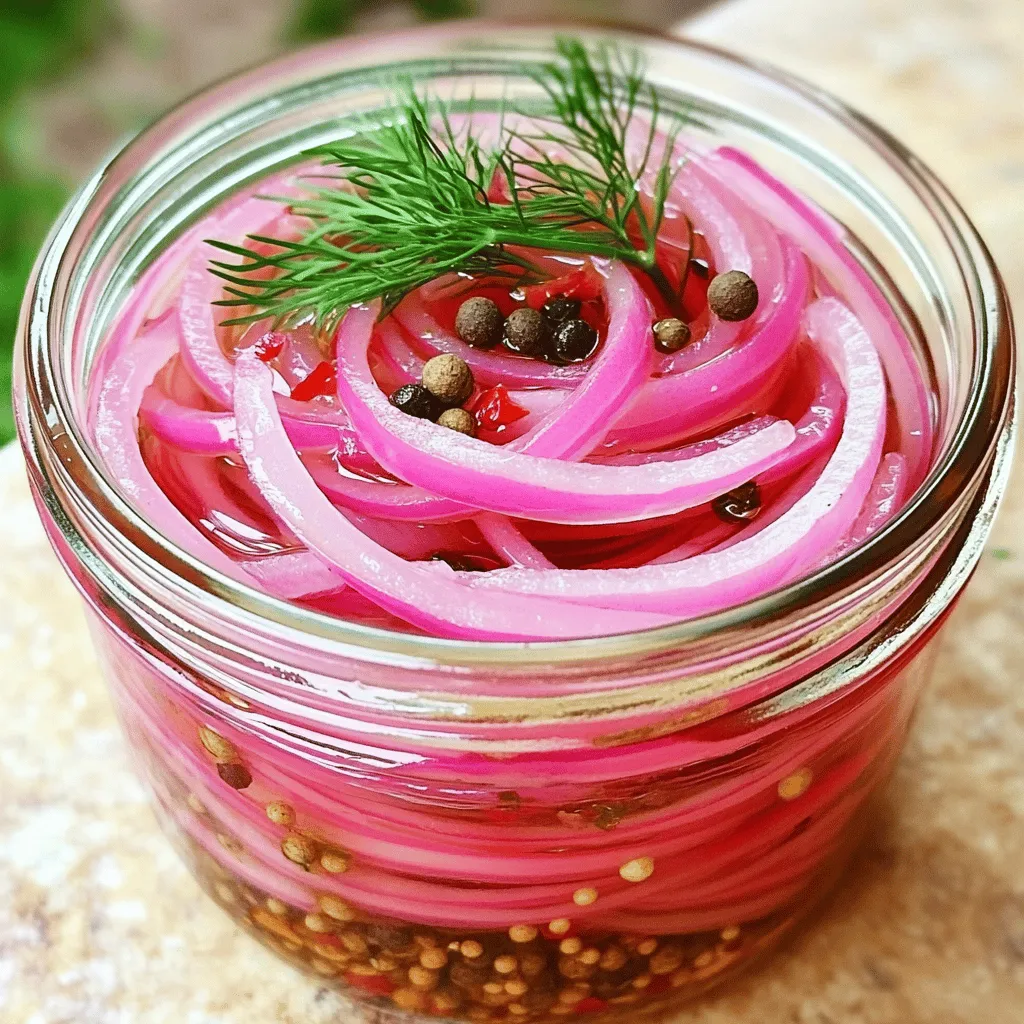 - 1 large red onion, thinly sliced - 1 cup apple cider vinegar - 1 cup water - 2 tablespoons sugar - 1 tablespoon sea salt - 1 teaspoon whole peppercorns - 1/2 teaspoon red pepper flakes (optional for heat) - Fresh herbs (like dill or thyme, optional for flavor enhancement) When making 20-minute quick pickled onions, you need a few key ingredients. The large red onion gives a nice color and crunch. Apple cider vinegar brings a tangy flavor that balances well with the sweetness of the sugar. Water helps dilute the vinegar, making it less harsh on the palate. Sea salt adds depth and helps preserve the onions. For a special twist, you can think about adding optional ingredients. Whole peppercorns add a touch of spice, while red pepper flakes can bring heat. Fresh herbs like dill or thyme can elevate the taste even more. Feel free to mix and match these elements. Each choice allows you to create the perfect flavor for your taste buds. You can find the full recipe for more details. - First, thinly slice the red onion. Use a sharp knife for clean cuts. - Place the sliced onions in a clean, heatproof jar or bowl. This keeps them safe while you make the brine. - Combine 1 cup of apple cider vinegar, 1 cup of water, 2 tablespoons of sugar, and 1 tablespoon of sea salt in a saucepan. - Heat the mixture over medium heat. Stir it until the sugar and salt dissolve completely. This step is crucial for good flavor. - Once the sugar and salt dissolve, pour the hot brine over the onions in your jar. Make sure the onions are fully submerged. - If you want, add optional herbs like dill or thyme for extra taste. - Let the mixture cool to room temperature. Then, seal the jar or cover the bowl. - Place the jar in the refrigerator for at least 15 minutes. They will pickle quickly and become crunchy and tasty. You can keep them for up to a week for even more flavor. For the full recipe, check out the details above! To make great pickled onions, slicing them right is key. Aim for thin, even slices. This helps the onions soak up the brine fully. Use a sharp knife for control. If you prefer, a mandoline also works well. The brine ratio is another important factor. A good mix is one part vinegar to one part water. This gives a great balance of tartness and sweetness. The sugar and salt enhance the flavor, too. You can easily make your pickled onions unique. Try adding different spices like garlic or cumin. Fresh herbs like dill or thyme also work well. These additions bring a new twist to your pickles. If you love heat, red pepper flakes can spice things up. Start with half a teaspoon. You can always add more if you want extra kick. Just remember, a little heat can go a long way! Pickled onions are super versatile. They shine as a topping for tacos, salads, and sandwiches. Their bright flavor adds a nice crunch. You can also serve them with grilled meats or on charcuterie boards. Get creative! Add pickled onions to grain bowls or rice dishes. They brighten up any meal. The tangy taste pairs well with rich flavors, making them a kitchen staple. {{image_2}} You can use different vinegars for your quick pickled onions. Here are two great options: - White vinegar: This vinegar has a clean taste. It makes the onions bright and tangy. - Balsamic vinegar: This vinegar adds a sweet and rich flavor. It gives the onions a nice dark color. Experiment with these vinegars to find your favorite taste. You can add extra flavors to your pickled onions. Here are some fun ideas: - Garlic cloves: Adding garlic gives your onions a nice kick. Just toss in a few whole cloves. - Spices like cumin or coriander: These spices add a warm, earthy taste. Feel free to add them based on your preference. Mix and match these additions to create a unique flavor profile for your pickled onions. You can get creative by using different veggies. Try these tips: - Substitute onions with carrots or cucumbers: Slice them thin and use the same brine. These veggies will soak up the flavor nicely. - Recommended pickling time: Carrots and cucumbers may need a bit longer. Let them pickle for at least 30 minutes for best taste. This way, you can enjoy a variety of quick pickled veggies that are just as tasty. Check out the Full Recipe to see how it all comes together! Store your pickled onions in a clean, airtight container. Glass jars work best. They keep your onions safe and fresh. You can also use plastic containers if needed. In the fridge, they last about one week. The longer they sit, the better they taste. You can reuse the brine to save time and resources. Strain it to remove bits of onion. Use the brine for other veggies like cucumbers or carrots. This way, you extend the life of your pickling liquid. It’s a great way to add flavor to more dishes. Always check for spoilage before using your pickled onions. If you see mold or an off smell, throw them away. If the color changes or the brine looks cloudy, it's best to discard them. Proper disposal is key; throw them in the trash, not the sink. For a quick recipe, check out the Full Recipe. Quick pickled onions last about one week in the fridge. Store them in a clean jar with a lid. Keep them submerged in the brine to stay fresh. After a few days, they taste even better. The flavors deepen as they sit. Yes, you can use different onions. Sweet onions make a nice, mild pickle. Yellow onions add a bit of sharpness. White onions are also great and have a nice crunch. Each type gives a unique taste to the pickles. Leftover pickling brine is a treasure! You can use it to dress salads or marinate vegetables. It’s great for adding flavor to grilled meats as well. You might even add it to soups for extra zing. Don't waste that tasty brine! You can eat them right away, but they taste best after some time in the fridge. Let them sit for at least 15 minutes. This gives the onions time to soak up the brine. The longer they sit, the more flavorful they become. For the best taste, let them sit for a few hours or overnight. Pickling onions is simple and fun. You learned about essential and optional ingredients. The step-by-step guide makes it easy to prepare brine and pick your onions. Don't forget the storage tips and ways to reuse brine. You can even customize your pickles for different flavors. Enjoy your homemade pickled onions in many meals. They add a tasty crunch! Start pickling today and impress your friends with your skills.