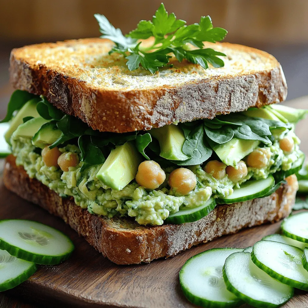 - 1 cup cooked and cooled chickpeas - 1/2 cup Greek yogurt - 1/4 cup tahini - 1 tablespoon lemon juice - 1 tablespoon apple cider vinegar - 1/2 avocado, mashed - Fresh herbs: parsley and basil - Seasoning: Garlic, salt, and pepper - Whole grain bread - Baby spinach or mixed greens - Sliced cucumber This Green Goddess Salad Sandwich uses fresh, simple ingredients. Chickpeas give it protein and fiber. Greek yogurt adds creaminess and tang. Tahini brings a nutty flavor that blends well. Lemon juice and apple cider vinegar brighten the mix. The mashed avocado adds richness and creaminess. Fresh herbs like parsley and basil boost flavor and freshness. Garlic adds depth and a bit of zing. Whole grain bread provides a hearty base. You can use any type of whole grain bread you like. Baby spinach or mixed greens add crunch and nutrition. Sliced cucumber adds a refreshing crunch and a pop of color. Gathering these ingredients will set you up for a tasty sandwich. Each ingredient plays a role, making this dish both nutritious and flavorful. You can find the full recipe for more detailed steps. Enjoy the process of making this delightful meal! 1. Mixing the base ingredients In a large bowl, add the cooked chickpeas, Greek yogurt, tahini, lemon juice, apple cider vinegar, and mashed avocado. Use a fork to mix these until they blend well. This mixture forms the base for our sandwich. 2. Mashing the chickpea mixture Take a potato masher or a fork and gently mash the mixture. You want it to be well combined but still a bit chunky. This gives the spread a nice texture. 3. Stirring in herbs and seasoning Next, add the chopped parsley, basil, and minced garlic. Season with salt and pepper to taste. Mix everything together until it’s evenly distributed. Adjust the flavor as needed. 1. Toasting the bread Lightly toast the slices of whole grain bread until they turn golden brown. This adds a nice crunch to your sandwich. 2. Spreading the mixture on the bread Take two slices of your toasted bread and spread a generous amount of the green goddess mixture on each slice. Make sure to cover it well. 3. Adding greens and cucumber On top of the spread, add a handful of baby spinach or mixed greens. Layer on the sliced cucumber for a fresh crunch. 4. Cutting and serving the sandwich Place the other slices of bread on top to finish the sandwich. Carefully cut each sandwich in half. Serve them right away for the best taste and texture. Enjoy your delicious creation! For the complete recipe, check out the Full Recipe section. - Texture tips for the chickpea mixture: For a great mix, mash the chickpeas lightly. You want a mix that is creamy but still has some chunks. This adds a fun texture to your sandwich. If you like it smoother, mash a bit more, but keep some pieces for crunch. - Toasting bread for optimal crunch: Toast your bread until it’s golden brown. This adds a nice crunch. It also helps the bread hold up against the moist filling. Use a good quality whole grain bread for added flavor and health. - Seasoning adjustments for personal preference: Taste your chickpea mixture before spreading it. If you want more flavor, add a pinch of salt, pepper, or even a dash of hot sauce. Adjust to fit your taste. You can always add more, but you can’t take it out! - Presentation tips for serving: Serve your sandwiches on a nice wooden board. Add extra cucumber slices on the side for color. Garnish with a sprig of fresh parsley for a pop of green. This makes the dish look fresh and inviting. - Pairing options (sides and beverages): Pair your sandwich with a light salad or some fresh fruit. These sides enhance the meal without overpowering it. For drinks, try a crisp lemonade or herbal iced tea. These options complement the fresh flavors of the sandwich well. {{image_2}} You can easily change up the protein in this sandwich. If you want a different taste, try tuna or tempeh. Both options add great flavor and texture. For a dairy-free choice, swap Greek yogurt with coconut yogurt. It gives a creamy feel without dairy. You can also add more veggies and toppings. Bell peppers bring a nice crunch and sweetness. Sprouts add a fresh touch and extra nutrients. Feel free to mix and match your favorite ingredients. This sandwich is all about personal taste! To kick up the flavor, you can add spices or hot sauce. A pinch of cayenne or a splash of sriracha can add heat. Just a little can make a big difference! Don’t forget about the bread. Using different types can change the whole sandwich. Try sourdough for a tangy taste or a hearty rye for a unique twist. The right bread helps tie all the flavors together. For the full recipe, check out the Green Goddess Salad Sandwich 🥗🥪 section! To keep your Green Goddess Salad Sandwich fresh, store it in the fridge. Wrap the sandwich tightly in plastic wrap or place it in an airtight container. This helps prevent it from drying out. It stays good for about three days. If you want the best taste, eat it within the first day. Can you freeze the green goddess mixture? Yes! You can freeze the mixture before spreading it on the bread. Place it in a freezer-safe container or bag. It will stay fresh for up to one month. How to thaw and reassemble sandwiches? When you’re ready to eat, take the mixture out of the freezer. Let it thaw in the fridge overnight. Once it’s soft, spread it on toasted bread. Add your greens and cucumber. Enjoy your fresh sandwich again! For the full recipe, check out the Green Goddess Salad Sandwich section above. What can I use instead of chickpeas? You can use white beans or lentils instead of chickpeas. Both add nice texture and flavor. If you want a different taste, try diced tofu or cooked quinoa. These options will still keep your sandwich tasty and filling. Is this sandwich suitable for meal prep? Yes, this sandwich is great for meal prep. You can make the green goddess mixture ahead of time. Store it in the fridge for a few days. Just toast the bread fresh when you want to eat. Can I make the mixture ahead of time? Absolutely! You can make the mixture up to three days in advance. Store it in an airtight container in the fridge. This way, you’ll have a quick lunch ready to go. What are the nutritional benefits of the ingredients? The ingredients in this sandwich pack a punch! Chickpeas provide protein and fiber. Greek yogurt adds calcium and probiotics. Fresh herbs like parsley and basil offer vitamins and antioxidants. Whole grain bread gives you more fiber and nutrients. So, this sandwich is not just tasty; it’s also good for you! This blog post covered how to make a delicious Green Goddess Salad Sandwich. We looked at simple ingredients, clear steps, and helpful tips for the best result. I shared storage options, variations, and answers to common questions. In the end, this recipe is flexible and fun to make. You can tailor it to your taste. Enjoy creating your own unique version of this sandwich!