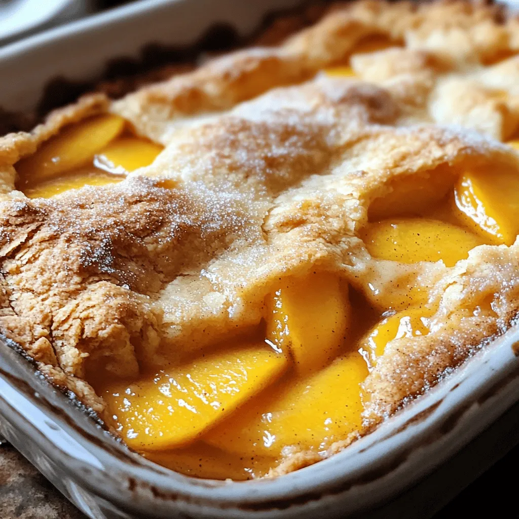 For the best peach cobbler, you need fresh and sweet peaches. Here’s the list: - 4 cups fresh peaches, peeled and sliced - 1 cup granulated sugar (divided) - 1 teaspoon vanilla extract - 1 teaspoon lemon juice - 1 teaspoon cinnamon - 1/2 teaspoon nutmeg - 1/2 cup unsalted butter, melted - 1 cup all-purpose flour - 1 tablespoon baking powder - 1/2 teaspoon salt - 1 cup milk - 1 tablespoon sugar (for topping) These simple ingredients create a sweet and comforting dish that everyone loves. To boost the flavor, add a splash of vanilla extract and lemon juice. The vanilla brings warmth and depth. The lemon juice adds a bright note that balances the sweetness of the peaches. Cinnamon and nutmeg contribute a cozy, spiced aroma. This mix of flavors makes your cobbler unforgettable. You’ll need a few tools to help you make this peach cobbler. Gather the following: - A sharp knife for slicing peaches - A mixing bowl for your ingredients - A whisk for combining dry and wet ingredients - A 9x13-inch baking dish - An oven for baking Having these tools ready will make your cooking process smooth and fun. For the complete cooking process, check the Full Recipe. First, grab your peaches. You need four cups of fresh peaches, peeled and sliced. This is key for great flavor. In a mixing bowl, combine the sliced peaches with one cup of granulated sugar, one teaspoon of vanilla extract, one teaspoon of lemon juice, one teaspoon of cinnamon, and half a teaspoon of nutmeg. Toss everything gently to coat the peaches well. Let them sit for about 15 minutes. This helps the juices mix with the sugar and spices. Now, let’s make the batter. In another bowl, mix together one cup of all-purpose flour, one tablespoon of baking powder, half a teaspoon of salt, and one cup of milk. Stir until smooth. Then, add half a cup of melted unsalted butter. Mix until fully combined. The batter should be thick but pourable. Next, pour the batter into a greased 9x13-inch baking dish. Spread it evenly across the bottom. Now, spoon the peach mixture over the batter. Don’t stir! The batter will rise around the peaches while it bakes. Finally, sprinkle one tablespoon of sugar over the top for extra sweetness and crunch. Bake this in your preheated oven at 375°F for 40-45 minutes. You’ll know it’s done when the top is golden brown, and a toothpick comes out clean. Enjoy your peach cobbler warm, perhaps with a scoop of vanilla ice cream on top! For the complete recipe, check out the Full Recipe. To make the best peach cobbler, pick ripe, sweet peaches. Look for peaches with a rich color and slight softness. They should smell sweet and fragrant. Avoid peaches with bruises or wrinkles. If they are hard, let them ripen at room temperature for a few days. Perfect peaches can turn your cobbler into a star dish. Baking is both an art and a science. For a great texture, do not stir the peach mixture into the batter. This allows the batter to rise and form a nice crust. Make sure your oven is preheated to 375°F (190°C) before baking. Bake until the top is golden brown. A toothpick should come out clean. This means your cobbler is done and ready to serve. Serve your peach cobbler warm for the best taste. A scoop of vanilla ice cream on top adds a creamy touch. You can also drizzle some caramel sauce for extra flavor. For a twist, try adding fresh mint leaves. They give a nice contrast to the sweet peaches. Enjoy your cobbler fresh from the oven for a delightful treat! For the full recipe, check out the previous section. {{image_2}} You can switch up the fruit in your cobbler. Try using apples, blueberries, or cherries. Each fruit brings its own flavor. For a fun twist, mix fruits together! Blueberries and peaches create a sweet and tangy treat. Apples and cinnamon make a cozy fall dish. Feel free to experiment with what you like best! If you need a gluten-free peach cobbler, use gluten-free flour. Many brands offer good substitutes. Look for blends that work well for baking. You may also use almond flour for a nutty taste. Just remember, the texture might change a bit. It will still taste great! To make this recipe vegan, swap dairy products with plant-based ones. Use almond milk or oat milk instead of regular milk. You can replace butter with coconut oil or vegan butter. For sweetening, try maple syrup or agave nectar. These changes keep the flavor while making the dish plant-based. Enjoy your delightful treat without any animal products! For the complete recipe, check out the Full Recipe section. Store leftover peach cobbler in an airtight container. Keep it in the fridge. It will stay fresh for up to three days. Make sure it cools to room temperature first. This helps keep the crust from getting soggy. To reheat peach cobbler, preheat your oven to 350°F (175°C). Place the cobbler in an oven-safe dish. Cover it with foil to prevent burning. Heat for about 15-20 minutes. If you want it warm quickly, use the microwave. Heat it in short bursts of 30 seconds. Check often to avoid overheating. You can freeze peach cobbler for up to three months. Cut it into portions first. Wrap each piece tightly in plastic wrap. Then place them in freezer bags. This keeps them fresh and tasty. When you’re ready to eat, thaw it in the fridge overnight. Reheat it as mentioned before for the best results. For the best flavor, enjoy it fresh when possible. You can find the Full Recipe to create this delightful dish! You can use canned or frozen peaches. For canned peaches, drain them well. For frozen peaches, thaw and drain excess water. You may need to adjust the sugar since canned peaches can be sweeter. Yes, you can prepare the peach mixture ahead. Just keep it in the fridge. Mix the batter fresh before baking to keep it fluffy. This way, your cobbler stays warm and delicious. Check for a golden-brown top. Insert a toothpick in the center. If it comes out clean, your cobbler is ready. The peaches should be bubbly around the edges too. Absolutely! Try blueberries, cherries, or apples. Each fruit adds its unique flavor. Just adjust the sugar based on the fruit's sweetness. Let it cool completely. Then cover it with plastic wrap or foil. Store in the fridge for up to three days. Reheat in the oven for the best taste. Yes, you can freeze it. Wrap it tightly with plastic wrap and foil. It will last up to three months. Thaw in the fridge before reheating. Yes! Adding a bit of ginger or allspice can enhance the flavor. Experiment to find what you like best. While warm is best, you can serve it cold. It still tastes great, especially with ice cream. Serve it warm with a scoop of vanilla ice cream. The cold ice cream melts slightly into the cobbler. This makes for a delightful treat! For the full recipe, check out The Ultimate Peach Cobbler. In this blog post, we explored the key ingredients, tools, and steps to make the best peach cobbler. You learned how to pick the right peaches and enhance flavor. We discussed different variations, storage tips, and common questions. Making peach cobbler can be fun and rewarding. Use these tips to impress your family and friends. Enjoy the deliciousness that comes from your own kitchen!