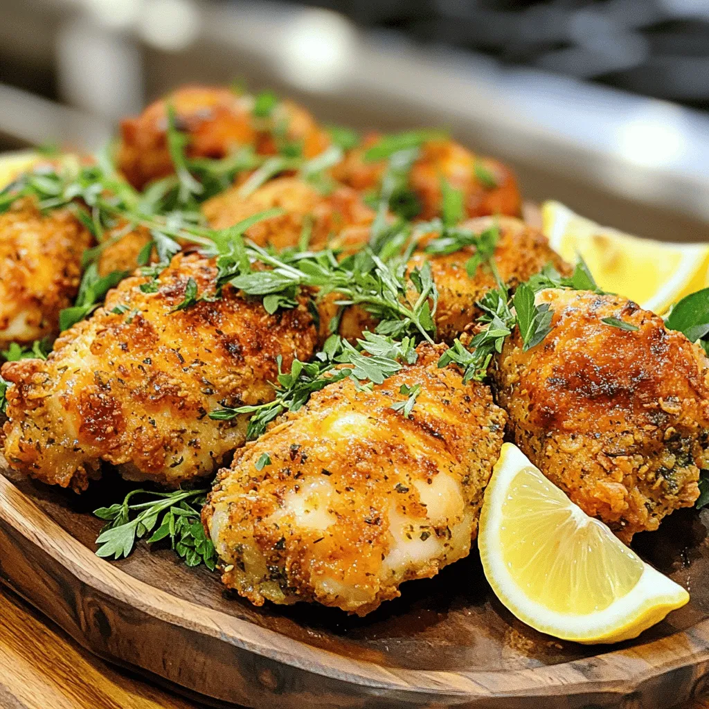 To make the best oven fried chicken, you need fresh ingredients. Here’s what you’ll need: - 1 whole chicken (4-5 pounds), cut into pieces - 1 cup buttermilk (or milk with lemon juice) - 2 cups all-purpose flour - 1 teaspoon garlic powder - 1 teaspoon onion powder - 1 teaspoon smoked paprika - 1 teaspoon dried thyme - 1 teaspoon dried oregano - 1 teaspoon salt - ½ teaspoon black pepper - ½ teaspoon cayenne pepper (adjust for spice level) - Cooking spray or olive oil for drizzling Using quality ingredients makes a big difference. The chicken should be fresh and well-cut. Buttermilk adds moisture and helps the chicken stay tender. The flour and spices create a crispy coating that packs flavor. Each spice adds its own unique taste, so don’t skip them! I love using smoked paprika for a nice, smoky flavor. The cayenne gives it a kick, but you can adjust that if you prefer less heat. Cooking spray or olive oil helps create that golden crust. These ingredients come together for a dish that is truly mouthwatering. If you want to try the full recipe, check out the details above! Marinating the chicken in buttermilk is key for great flavor. The acid in buttermilk helps to tenderize the meat. This makes your chicken juicy and full of taste. I recommend soaking the chicken for at least 2 hours. If you have time, marinate it overnight for the best results. Next, you will prepare the coating. In a large shallow dish, mix the dry ingredients. Combine the flour, garlic powder, onion powder, smoked paprika, thyme, oregano, salt, black pepper, and cayenne pepper. It’s important to mix these well to ensure every bite is flavorful. Now, it's time to bake the chicken. Preheat your oven to 425°F (220°C). Line a baking sheet with parchment paper, or use a silicone mat. This helps prevent sticking. Place a wire rack on the sheet to lift the chicken. This allows hot air to circulate around it. Coat each chicken piece with the flour mix after removing it from the buttermilk. Let any extra buttermilk drip off before dredging. Shake off any excess flour to avoid clumps. Now, place the chicken on the wire rack. For extra crispiness, drizzle a little olive oil on top. You can also spray it lightly with cooking spray. Bake the chicken for 35-45 minutes. The chicken should be golden-brown and reach an internal temperature of 165°F (74°C). Flip the pieces halfway through baking for even cooking. For the full recipe, check out the detailed steps provided. To get that perfect crunch, oil spray or drizzle is key. A light mist helps the coating crisp up nicely. It adds flavor without making the chicken greasy. Using a wire rack is also important. It keeps the chicken elevated and allows hot air to circulate. This way, all sides cook evenly. Don’t be shy about adjusting your seasonings. You can add more garlic powder for a bold taste. Want a kick? Add more cayenne pepper! You can also mix in different spice blends. Try curry powder or Italian herbs for a fun twist. Each change can give you a unique flavor. Avoid overcrowding the baking sheet. This can trap steam and make your chicken soggy. Always give each piece space to breathe. Another mistake is not letting the chicken rest after cooking. Resting helps the juices settle, keeping the chicken moist and tasty. {{image_2}} You can change the herbs to make new flavors. Try using rosemary for a woodsy taste. Basil gives a fresh note that brightens the dish. You can also mix in parsley or sage for something different. Just remember to chop the herbs finely before adding them to your flour mix. This helps release their aroma and flavor. If you need a gluten-free recipe, you can swap all-purpose flour for gluten-free flour. Look for blends that include rice flour or almond flour. These options work well and still give you a crispy crust. You can also use cornstarch or a mix of these flours. Just be sure to check the labels to avoid any gluten contamination. For a twist, you can use an air fryer. It makes the chicken extra crispy with less oil. Set your air fryer to 400°F (200°C). Cook the chicken pieces in batches to avoid overcrowding. This method cuts down on cooking time while still making the skin nice and crunchy. Just adjust the cooking time to about 25-30 minutes and check for doneness. To store your leftover oven-fried chicken, let it cool first. Place the chicken pieces in an airtight container. This keeps moisture in and prevents drying out. Consume the chicken within 3 to 4 days for the best taste and quality. If you wait too long, it may lose its great flavor and texture. If you want to keep the chicken longer, freezing is a great option. Wrap each piece in plastic wrap, then place them in a freezer-safe bag. Remove as much air as possible to avoid freezer burn. You can freeze the chicken for up to 3 months. When you are ready to eat, thaw it in the fridge overnight before reheating. To keep the chicken crispy, reheat it in the oven. Preheat your oven to 375°F (190°C). Place the chicken on a wire rack over a baking sheet. This allows hot air to circulate around it. Heat for about 15-20 minutes, or until warmed through. This method helps restore some of that crispy texture you love. Enjoy your oven-fried chicken just as good as the first day! Yes, you can use skinless chicken. However, the skin helps lock in moisture and adds crispiness. Without it, the chicken may be less juicy and lack some texture. If you choose skinless, consider marinating longer to keep it tender. To spice up your chicken, add more cayenne pepper to the flour mix. You can start with an extra half teaspoon or more, based on your taste. Other spices like chili powder or crushed red pepper also add heat. Mix and match to find your perfect spice level! Oven-fried chicken goes well with many sides. Classic choices include creamy coleslaw, smooth mashed potatoes, or buttery corn on the cob. For a fresh touch, try a simple green salad or roasted vegetables. These sides balance the richness of the chicken. To ensure even cooking, use a wire rack on your baking sheet. This lets hot air circulate around the chicken, cooking it evenly. Flip the pieces halfway through baking to brown all sides. Always check the internal temperature. It should reach 165°F (74°C) to be safe to eat. Oven-fried chicken is a delicious dish you can make at home. You start with marinated chicken in buttermilk, which keeps it juicy. Mixing the right spices in the coating gives it great taste. Remember to avoid crowding your baking sheet for the crispiest results. You can switch up the herbs or try gluten-free options for variation. Proper storage keeps leftovers fresh, and reheating well preserves crispiness. Enjoy your flavorful creation with tasty sides. Your kitchen can be a place of great meals!