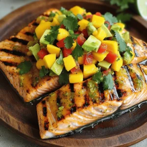 - 4 salmon fillets (6 oz each) - 2 tablespoons olive oil - 1 teaspoon garlic powder - 1 teaspoon paprika - Salt and pepper, to taste - Juice of 1 lime - 1 ripe mango, diced - 1 avocado, diced - 1 small red onion, finely chopped - 1 red bell pepper, diced - 1 small jalapeño, deseeded and minced - ¼ cup fresh cilantro, chopped When cooking, accurate measurements help keep flavors balanced. For this recipe: - Use 6 oz salmon fillets. This size cooks well on the grill. - Measure 2 tablespoons of olive oil for a good marinade base. - Use 1 teaspoon each of garlic powder and paprika. These add depth. - Salt and pepper should be to your taste. Start with a pinch. - Lime juice from 1 lime adds brightness to the dish. - For the salsa, 1 ripe mango and 1 avocado provide creaminess and sweetness. - Use 1 small red onion for a mild bite, and 1 red bell pepper for color. - Add a small jalapeño for some heat. Adjust based on your spice level. - ¼ cup fresh cilantro gives a fresh finish. Fresh salmon offers the best taste and texture. Look for fillets with bright color and a clean smell. If fresh isn’t available, frozen salmon is a great option. It locks in flavor and nutrients. Just ensure it is properly thawed before cooking. Using fresh or frozen salmon works for this recipe. Both will taste good when grilled and topped with mango salsa. If you use frozen salmon, remember to check for ice crystals. This can mean it was thawed and refrozen. For the best flavor, I recommend sticking with fresh salmon when possible. However, frozen salmon can be just as tasty if handled right. To start, mix your marinade. In a small bowl, combine 2 tablespoons of olive oil, 1 teaspoon of garlic powder, and 1 teaspoon of paprika. Add the juice of 1 lime, along with salt and pepper to taste. Stir until it blends well. This marinade will add rich flavor to your salmon. Next, take your salmon fillets. You will have 4 fillets, each weighing 6 ounces. Coat them with the marinade you just made. Make sure each fillet is well covered. Let them sit for 15 to 20 minutes. This step is vital for flavor. The longer they marinate, the better they taste. While the salmon marinates, it's time for the mango salsa. Grab a mixing bowl and add 1 ripe diced mango, 1 diced avocado, and 1 finely chopped small red onion. Then, add 1 diced red bell pepper and a minced jalapeño. Don't forget to include ¼ cup of fresh chopped cilantro. Gently toss these ingredients. Season them with a pinch of salt and pepper. Set the salsa aside to let the flavors mix. Now, we grill the salmon. Preheat your grill to medium-high heat. If you use a grill pan, heat it on your stovetop. Once hot, place the salmon fillets skin-side down on the grill. Grill for about 4 to 5 minutes on each side. Look for nice grill marks and ensure the salmon cooks through. Once done, take it off the grill and let it rest for a couple of minutes. Serve the salmon topped with your fresh mango salsa. Enjoy this tasty summer meal! For the complete recipe, check the [Full Recipe]. To get those perfect grill marks on your salmon, start with a hot grill. Preheat it to medium-high heat. Place the salmon skin-side down first. This helps the fish stay intact. Don’t move it around too much. After about 4-5 minutes, gently lift a corner to check. If it releases easily, flip it over. You should see nice marks. Grill for another 4-5 minutes. This method gives you both flavor and a pretty look. You can adjust the spice levels in the marinade. If you prefer a milder taste, skip the jalapeño in the mango salsa. For more heat, add an extra jalapeño or some red pepper flakes. Taste the salsa before serving. You can always add a pinch of salt or lime juice for balance. Remember, you want the flavors to shine without overwhelming the salmon. Using the right tools makes grilling easier. A good pair of tongs helps you flip the salmon without breaking it. A fish spatula is also great for delicate fillets. Use a grill basket if you're worried about sticking. It keeps the fish safe and intact. Don't forget a meat thermometer to check for doneness. Salmon is perfect at 145°F. These tools help you achieve great results every time. You can find the full recipe for this dish, which includes all the tips and tricks needed to make it a success! {{image_2}} You can change up the mango salsa to fit your taste. Try adding: - Pineapple for a sweet twist - Kiwi for a tangy zing - Coconut flakes for a tropical feel These fruits can add new flavors. You can also swap fresh herbs. Instead of cilantro, use mint or basil for a fresh taste. While salmon is a star, you can use other fish. Some great options are: - Mahi-mahi - Tilapia - Trout These fish grill well and soak up flavor. Each option brings its own unique taste and texture. So, feel free to experiment! Serve your grilled salmon with fun sides. Here are some ideas: - Coconut rice for a tropical theme - Grilled veggies like zucchini and bell peppers - A fresh green salad with lime vinaigrette These sides keep your meal light and bright. Enjoy this dish outside on warm days. For the full recipe, check the main article. If you have leftover salmon, store it in an airtight container. Place it in the fridge right away. Salmon stays fresh for up to three days. Make sure to keep it cool and dry. Keeping it in small portions helps with reheating later. Mango salsa is best in a covered bowl. You can also use a jar with a lid. Keep it in the fridge for up to two days. If it gets too watery, just drain off the excess liquid. For the best taste, eat it fresh. But if you have some left, enjoy it in a day or two. To reheat salmon, preheat your oven to 350°F. Place the salmon on a baking sheet. Cover it with foil to keep it moist. Heat it for about 10-15 minutes. Check it often so it doesn't overcook. For mango salsa, it’s best to eat it cold. Adding fresh lime juice can perk it up again. Enjoy your Tropical Grilled Salmon with Mango Salsa any time! For the full recipe, refer back to the beginning. You should marinate the salmon for 15-20 minutes. This time lets the flavors soak in well. If you marinate for too long, the fish can become mushy. A short marinate gives you tasty salmon with a nice texture. Yes, you can use other fruits for the salsa. Pineapple, peaches, or kiwi work great. These fruits add a sweet twist. Just make sure they are ripe. Chop them up like you would with mango. Mix them with the other salsa ingredients for a fresh taste. Grilled salmon pairs well with many sides. Consider a fresh green salad or steamed veggies. Quinoa or rice also make great choices. You can even serve it with grilled corn on the cob. Each of these sides adds flavor and texture to your meal. For more ideas, check out the Full Recipe. We explored how to create a tasty grilled salmon dish with a fresh mango salsa. I shared key ingredients, including tips on measuring and choosing between fresh and frozen salmon. You learned step-by-step instructions for marinating and grilling your salmon. By following my tips, you can get perfect grill marks and adjust spice levels to your taste. Remember, you can tweak this recipe with different fruits or fish. Store leftovers properly to enjoy them later. Enjoy your cooking adventures, and have fun experimenting!