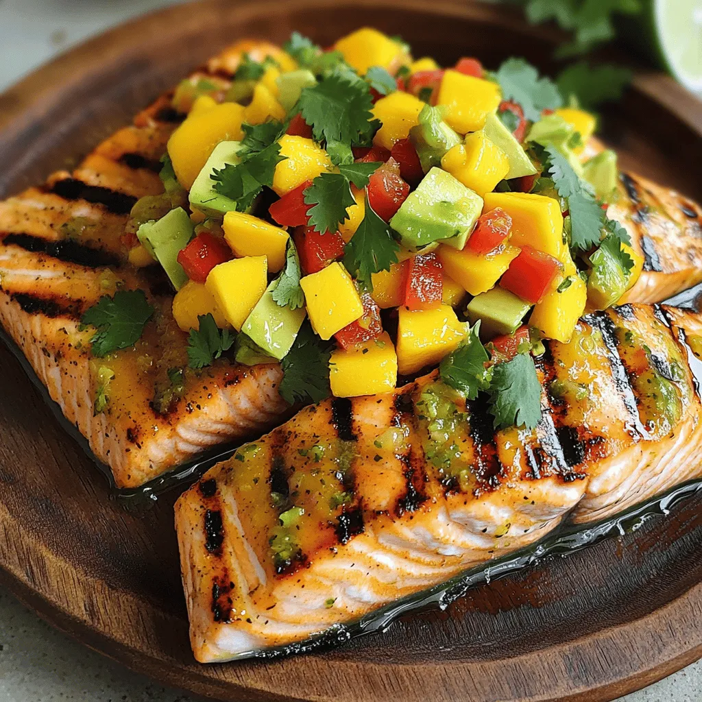- 4 salmon fillets (6 oz each) - 2 tablespoons olive oil - 1 teaspoon garlic powder - 1 teaspoon paprika - Salt and pepper, to taste - Juice of 1 lime - 1 ripe mango, diced - 1 avocado, diced - 1 small red onion, finely chopped - 1 red bell pepper, diced - 1 small jalapeño, deseeded and minced - ¼ cup fresh cilantro, chopped When cooking, accurate measurements help keep flavors balanced. For this recipe: - Use 6 oz salmon fillets. This size cooks well on the grill. - Measure 2 tablespoons of olive oil for a good marinade base. - Use 1 teaspoon each of garlic powder and paprika. These add depth. - Salt and pepper should be to your taste. Start with a pinch. - Lime juice from 1 lime adds brightness to the dish. - For the salsa, 1 ripe mango and 1 avocado provide creaminess and sweetness. - Use 1 small red onion for a mild bite, and 1 red bell pepper for color. - Add a small jalapeño for some heat. Adjust based on your spice level. - ¼ cup fresh cilantro gives a fresh finish. Fresh salmon offers the best taste and texture. Look for fillets with bright color and a clean smell. If fresh isn’t available, frozen salmon is a great option. It locks in flavor and nutrients. Just ensure it is properly thawed before cooking. Using fresh or frozen salmon works for this recipe. Both will taste good when grilled and topped with mango salsa. If you use frozen salmon, remember to check for ice crystals. This can mean it was thawed and refrozen. For the best flavor, I recommend sticking with fresh salmon when possible. However, frozen salmon can be just as tasty if handled right. To start, mix your marinade. In a small bowl, combine 2 tablespoons of olive oil, 1 teaspoon of garlic powder, and 1 teaspoon of paprika. Add the juice of 1 lime, along with salt and pepper to taste. Stir until it blends well. This marinade will add rich flavor to your salmon. Next, take your salmon fillets. You will have 4 fillets, each weighing 6 ounces. Coat them with the marinade you just made. Make sure each fillet is well covered. Let them sit for 15 to 20 minutes. This step is vital for flavor. The longer they marinate, the better they taste. While the salmon marinates, it's time for the mango salsa. Grab a mixing bowl and add 1 ripe diced mango, 1 diced avocado, and 1 finely chopped small red onion. Then, add 1 diced red bell pepper and a minced jalapeño. Don't forget to include ¼ cup of fresh chopped cilantro. Gently toss these ingredients. Season them with a pinch of salt and pepper. Set the salsa aside to let the flavors mix. Now, we grill the salmon. Preheat your grill to medium-high heat. If you use a grill pan, heat it on your stovetop. Once hot, place the salmon fillets skin-side down on the grill. Grill for about 4 to 5 minutes on each side. Look for nice grill marks and ensure the salmon cooks through. Once done, take it off the grill and let it rest for a couple of minutes. Serve the salmon topped with your fresh mango salsa. Enjoy this tasty summer meal! For the complete recipe, check the [Full Recipe]. To get those perfect grill marks on your salmon, start with a hot grill. Preheat it to medium-high heat. Place the salmon skin-side down first. This helps the fish stay intact. Don’t move it around too much. After about 4-5 minutes, gently lift a corner to check. If it releases easily, flip it over. You should see nice marks. Grill for another 4-5 minutes. This method gives you both flavor and a pretty look. You can adjust the spice levels in the marinade. If you prefer a milder taste, skip the jalapeño in the mango salsa. For more heat, add an extra jalapeño or some red pepper flakes. Taste the salsa before serving. You can always add a pinch of salt or lime juice for balance. Remember, you want the flavors to shine without overwhelming the salmon. Using the right tools makes grilling easier. A good pair of tongs helps you flip the salmon without breaking it. A fish spatula is also great for delicate fillets. Use a grill basket if you're worried about sticking. It keeps the fish safe and intact. Don't forget a meat thermometer to check for doneness. Salmon is perfect at 145°F. These tools help you achieve great results every time. You can find the full recipe for this dish, which includes all the tips and tricks needed to make it a success! {{image_2}} You can change up the mango salsa to fit your taste. Try adding: - Pineapple for a sweet twist - Kiwi for a tangy zing - Coconut flakes for a tropical feel These fruits can add new flavors. You can also swap fresh herbs. Instead of cilantro, use mint or basil for a fresh taste. While salmon is a star, you can use other fish. Some great options are: - Mahi-mahi - Tilapia - Trout These fish grill well and soak up flavor. Each option brings its own unique taste and texture. So, feel free to experiment! Serve your grilled salmon with fun sides. Here are some ideas: - Coconut rice for a tropical theme - Grilled veggies like zucchini and bell peppers - A fresh green salad with lime vinaigrette These sides keep your meal light and bright. Enjoy this dish outside on warm days. For the full recipe, check the main article. If you have leftover salmon, store it in an airtight container. Place it in the fridge right away. Salmon stays fresh for up to three days. Make sure to keep it cool and dry. Keeping it in small portions helps with reheating later. Mango salsa is best in a covered bowl. You can also use a jar with a lid. Keep it in the fridge for up to two days. If it gets too watery, just drain off the excess liquid. For the best taste, eat it fresh. But if you have some left, enjoy it in a day or two. To reheat salmon, preheat your oven to 350°F. Place the salmon on a baking sheet. Cover it with foil to keep it moist. Heat it for about 10-15 minutes. Check it often so it doesn't overcook. For mango salsa, it’s best to eat it cold. Adding fresh lime juice can perk it up again. Enjoy your Tropical Grilled Salmon with Mango Salsa any time! For the full recipe, refer back to the beginning. You should marinate the salmon for 15-20 minutes. This time lets the flavors soak in well. If you marinate for too long, the fish can become mushy. A short marinate gives you tasty salmon with a nice texture. Yes, you can use other fruits for the salsa. Pineapple, peaches, or kiwi work great. These fruits add a sweet twist. Just make sure they are ripe. Chop them up like you would with mango. Mix them with the other salsa ingredients for a fresh taste. Grilled salmon pairs well with many sides. Consider a fresh green salad or steamed veggies. Quinoa or rice also make great choices. You can even serve it with grilled corn on the cob. Each of these sides adds flavor and texture to your meal. For more ideas, check out the Full Recipe. We explored how to create a tasty grilled salmon dish with a fresh mango salsa. I shared key ingredients, including tips on measuring and choosing between fresh and frozen salmon. You learned step-by-step instructions for marinating and grilling your salmon. By following my tips, you can get perfect grill marks and adjust spice levels to your taste. Remember, you can tweak this recipe with different fruits or fish. Store leftovers properly to enjoy them later. Enjoy your cooking adventures, and have fun experimenting!