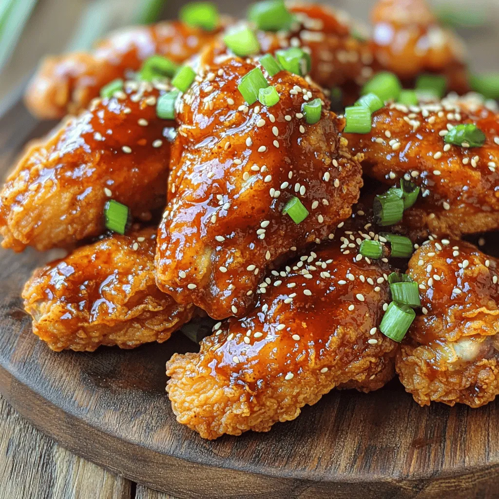 To make Korean fried chicken, you need these main ingredients: - 1 kg chicken wings or drumsticks - 1 cup all-purpose flour - 1/2 cup cornstarch - 1 teaspoon baking powder - 1 teaspoon salt - 1 teaspoon black pepper - 1 teaspoon garlic powder - 1 teaspoon ginger powder - 1 cup cold water - Vegetable oil (for frying) These ingredients make the chicken crispy and tasty. The flour and cornstarch mix gives it a nice crunch. The chicken absorbs flavors well, making each bite a delight. The magic of Korean fried chicken lies in the seasonings. You will need: - 1/4 cup gochujang (Korean red pepper paste) - 1/4 cup honey - 2 tablespoons soy sauce - 1 tablespoon sesame oil These seasonings create a flavorful and sticky sauce. The gochujang adds heat, while honey brings sweetness. Together, they make the chicken irresistible. Garnishes add freshness and color. Consider using: - 1 teaspoon toasted sesame seeds - 2 green onions, finely chopped These toppings make the dish look great. They also enhance the taste. The green onions add a fresh crunch, while sesame seeds give a nutty flavor. Once you try these garnishes, you won't skip them again. For the full recipe, check out the complete guide. Start by rinsing the chicken wings or drumsticks under cold water. This step helps remove any residue. After rinsing, pat them dry with paper towels. Drying the chicken is key to making it crispy. If the chicken is wet, the batter won’t stick well. In a large bowl, combine these dry ingredients: - 1 cup all-purpose flour - 1/2 cup cornstarch - 1 teaspoon baking powder - 1 teaspoon salt - 1 teaspoon black pepper - 1 teaspoon garlic powder - 1 teaspoon ginger powder Whisk these together until you see no lumps. Next, gradually add 1 cup of cold water to the dry mix. Stir it until you get a smooth batter. The batter should be thick but still pourable. Now, heat about 2 inches of vegetable oil in a deep frying pan. Aim for a temperature of 180°C (350°F). While the oil heats, dip each piece of chicken into the batter. Make sure it’s fully coated and let the excess batter drip off. Carefully place the chicken in the hot oil, making sure not to overcrowd the pan. Fry in batches for 8-10 minutes. Look for that golden brown color. To check if they are done, use a thermometer. The inside should be 75°C (165°F). Once cooked, remove the chicken and place them on a wire rack or a paper towel-lined plate. This helps drain excess oil. Let them rest while you prepare the sauce. You can find the full recipe to guide you through the final steps. To make your chicken crispy, start with dry pieces. Pat them well with paper towels. Use a mix of flour and cornstarch. The cornstarch helps add extra crunch. When you coat the chicken, let the batter drip off. This keeps the coating light. Fry in small batches. Overcrowding can make the chicken soggy. Fry at the right temperature of 180°C (350°F). If the oil is too cool, the chicken absorbs more oil. Always be careful when frying. Use a deep pot or pan to prevent splatters. Keep a lid nearby in case of flare-ups. Use a thermometer to check oil temperature. Never leave hot oil unattended. Keep children and pets away from the cooking area. Have a fire extinguisher handy, just in case. One mistake is not drying the chicken well enough. Moisture leads to soggy skin. Another mistake is using old oil. Fresh oil cooks better and gives cleaner flavors. Avoid using too much batter on the chicken. A thicker layer can cause uneven frying. Lastly, don’t skip the resting time after frying. Letting the chicken rest keeps it crispy. For the full recipe, check the earlier section. {{image_2}} If you love heat, try adding more gochujang to your batter. You can also mix in some chili powder. For a smoky kick, add smoked paprika. A spicy marinated sauce gives a nice twist too. You can let the chicken sit in a spicy marinade for a few hours. This adds flavor right to the bone. The sauce really makes the chicken shine! Try a sweet and spicy mix. Combine honey and gochujang with a dash of soy sauce. You can also make a soy garlic sauce. Just mix soy sauce, garlic, and sesame oil. If you want something tangy, use a vinegar-based sauce. Feel free to get creative and mix flavors. You can even try a lemony glaze for a fresh twist. Don’t worry if you don’t have a deep fryer! You can use an air fryer for crispy results. Just coat the chicken and place it in the air fryer basket. Cook at 200°C (400°F) for around 25 minutes. Flip halfway through for even cooking. For oven-baking, preheat your oven to 220°C (425°F). Place the coated chicken on a baking sheet lined with parchment paper. Bake for about 30-35 minutes, flipping once. You’ll still get a crispy crust without all the oil. These methods make cooking easier while keeping your chicken tasty. For the full recipe, check out the recipe section above. Enjoy the crunch! To keep your Korean fried chicken fresh, store it in an airtight container. Make sure to cool the chicken first. Place a paper towel under the chicken to absorb moisture. This helps maintain crispiness. You can store it in the fridge for up to three days. If you want to keep it longer, freezing is a great option. When reheating, avoid using the microwave. Instead, use an oven or air fryer. Preheat the oven to 180°C (350°F). Spread the chicken on a baking sheet. Heat for about 10-15 minutes. This method keeps the skin crispy. If using an air fryer, set it to 160°C (320°F) and cook for about 5-8 minutes. To freeze Korean fried chicken, let it cool completely. Wrap each piece in plastic wrap. Then place the wrapped chicken in a freezer bag. Remove as much air as possible before sealing. You can freeze it for up to three months. When ready to eat, thaw it overnight in the fridge before reheating. Enjoy your crispy delight anytime with this simple storage method! For the full recipe, check out the earlier section. The secret is in the coating. I mix flour and cornstarch for the crunch. Adding baking powder helps create bubbles. For the best results, let the chicken rest after coating it. This helps the batter stick better. Frying at the right temperature is key. Aim for 180°C (350°F). Keep the chicken pieces from touching each other in the oil. This way, they cook evenly and stay crispy. Yes, you can use any cut of chicken. Drumsticks and wings work great. You can also try thighs or breasts if you prefer. Just remember, different cuts have different cooking times. Thicker pieces may need more time in the oil. Always check that the internal temperature hits 75°C (165°F) to ensure safety. You can mix and match flavors for your sauce. For a spicier kick, add more gochujang or some chili flakes. If you like it sweet, increase the honey. For a tangy twist, try adding rice vinegar or lime juice. You can also use different soy sauces for a unique flavor. Experiment until you find your perfect sauce mix. Don't forget to toss the chicken well in the sauce for even coverage. Check out the Full Recipe for more details. Korean fried chicken is a delightful dish with crispy textures and bold flavors. We covered its key ingredients, step-by-step frying methods, and tips for achieving that perfect crunch. You learned about variations, storage, and how to customize sauces to your taste. Remember to avoid common mistakes for the best results. Now, gather your ingredients and try this recipe. Enjoy your delicious Korean fried chicken, and let your friends in on the secret!