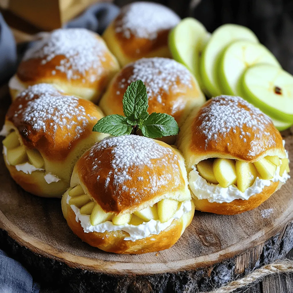 - 2 cups all-purpose flour - 1/2 cup sugar - 1 tablespoon baking powder - 1/2 teaspoon salt - 1/2 cup whole milk - 1/4 cup unsalted butter, melted - 1 large egg - 1 teaspoon vanilla extract - 1 cup cream cheese, softened - 1/4 cup powdered sugar - 1 teaspoon cinnamon - 2 cups apples, peeled and diced - 1 tablespoon lemon juice - 1 tablespoon brown sugar - 1 teaspoon ground ginger To make Apple Cheesecake Buns, gather your ingredients first. This makes cooking easy. For dry ingredients, you need flour, sugar, baking powder, and salt. These will form the base of your dough. Next, for wet ingredients, get milk, melted butter, an egg, and vanilla extract. These add moisture and flavor. Now, for the filling, you will use cream cheese, powdered sugar, and cinnamon. This will give a sweet and creamy taste. Then, prepare apples by peeling and dicing them. Toss them with lemon juice, brown sugar, and ground ginger for a fresh twist. Once you have everything ready, you can start making your Apple Cheesecake Buns. If you want the full recipe, check out the details above. Enjoy this warm and cozy treat! - Preheat Oven: Set oven to 350°F (175°C) and grease a 9x13-inch baking pan. - Prepare Dough: In a large mixing bowl, whisk together the flour, sugar, baking powder, and salt. In a separate bowl, whisk the milk, melted butter, egg, and vanilla extract until combined. Pour the wet mixture into the dry mix and stir gently. Do not over-mix. - Make Cream Cheese Filling: In a medium bowl, beat the softened cream cheese with powdered sugar and cinnamon until smooth. Set aside. - Prepare Apples: Toss diced apples with lemon juice, brown sugar, and ground ginger in another bowl. This helps the flavors mix well. - Combine Ingredients: On a lightly floured surface, roll out the dough into a rectangle about 1/4 inch thick. Spread the cream cheese mixture evenly over the dough. Then, sprinkle the apple mixture evenly over the cream cheese layer before rolling it up tightly. - Roll and Cut: Carefully roll the dough into a log from one of the shorter sides. Cut this log into about 12 equal pieces. - Bake: Place the buns in the prepared baking pan, cut-side up. Bake in the preheated oven for 25-30 minutes or until they turn golden brown. - Cool and Serve: Let the buns cool briefly in the pan. Optionally, drizzle with cream cheese icing made from leftover cream cheese, powdered sugar, and a splash of milk for a thicker icing. To keep your buns fluffy, avoid over-mixing. When you mix your wet and dry ingredients, do it gently. Just combine them until no dry flour is visible. If you mix too much, your buns can get tough. Remember, a little lumpiness is okay! Using different apple varieties can change the taste. Fuji apples are sweet and crisp, while Gala apples add a mild flavor. Try mixing apples, too! You can create a mix of sweet and tart flavors that makes each bite exciting. For a beautiful presentation, dust your buns with powdered sugar. This adds a lovely touch. You can garnish with thin slices of fresh apple or a sprig of mint. These details make your dish look as good as it tastes. Serving warm enhances the cozy feeling of these delicious buns. {{image_2}} You can make these Apple Cheesecake Buns gluten-free. Simply swap all-purpose flour with a gluten-free blend. Many brands offer mixes that work well for baking. This option keeps the texture soft and tasty. If you're watching your sugar intake, try this low-sugar option. Replace granulated sugar with a sugar substitute like stevia or monk fruit. These options can add sweetness without the extra calories. Just be sure to check the ratios since some substitutes are sweeter than sugar. Want to boost the flavor? Consider adding nuts or dried fruits. Chopped walnuts or pecans add crunch. Dried cranberries or raisins can deepen the sweetness. Mix these into the apple filling for added texture. You can even sprinkle them on top for a lovely finish. Store your Apple Cheesecake Buns in an airtight container. They will stay fresh for up to 3 days. If you leave them out, they might get dry. So, keep them sealed for best taste. If you want your buns to last longer, put them in the fridge. They can stay fresh for up to a week this way. Just make sure they are in a good container. This helps keep them moist and yummy. You can freeze these buns too! You can freeze them unbaked or baked. They will last for up to 3 months in the freezer. When you're ready to eat, just reheat them. This makes them a great treat to have on hand for a cozy day. For the full recipe, check out the details above! Apple Cheesecake Buns are a warm, sweet treat. They combine soft dough with a rich cream cheese filling and tender apples. The dough is fluffy and light, while the filling is creamy and full of flavor. Each bite offers a delightful mix of textures and tastes, making them perfect for dessert or breakfast. Yes, you can prepare the dough and filling in advance. You can mix the dry and wet ingredients the night before. Just keep the dough covered in the fridge. You can also make the cream cheese filling ahead. This way, you save time when you want to bake them fresh. To keep your buns fluffy, avoid over-mixing the dough. Mix just until the ingredients combine. Also, let the dough rise for a bit before rolling it out. This helps create air pockets for a light texture. Lastly, bake them at the right temperature for the best results. You can! Many fruits work well in this recipe. Try using pears, peaches, or berries. Each fruit adds a unique flavor to the buns. Just remember to adjust the sugar based on the sweetness of the fruit you choose. Bake these buns for 25 to 30 minutes at 350°F (175°C). Keep an eye on them as they bake. They are done when they turn golden brown on top. You can also check by inserting a toothpick in the center. If it comes out clean, they are ready to enjoy! In this blog post, I guided you through making delicious Apple Cheesecake Buns. You learned about the dry and wet ingredients needed, how to prepare the dough, and the steps to make the cream cheese filling. I also shared tips for perfecting your buns, storage methods, and even variations like gluten-free options. In the end, these buns are a fun dessert to try. You can mix ingredients to suit your taste. Enjoy baking and sharing this delightful treat!