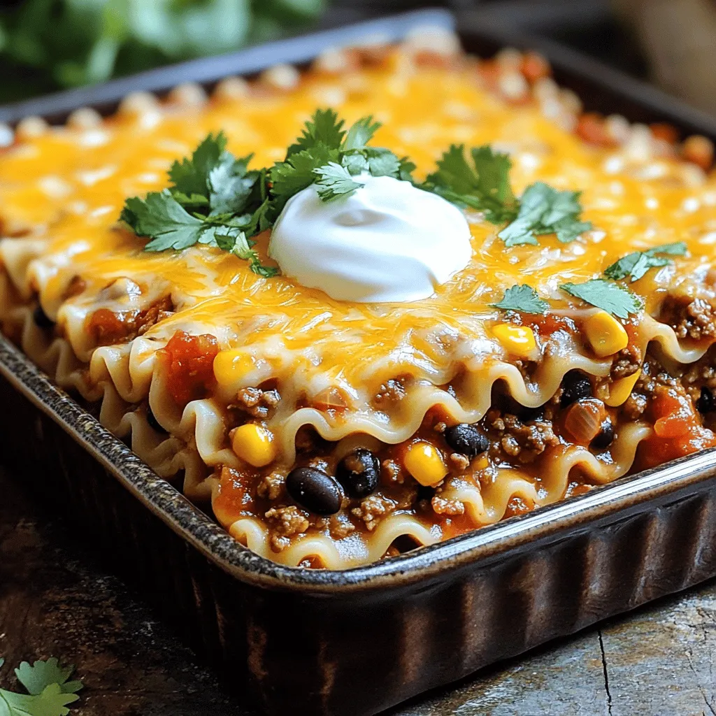 Taco lasagna is a fun dish that combines the best of tacos and lasagna. Below is a list of the key ingredients you will need to make this tasty meal: - 12 lasagna noodles - 1 pound ground beef or turkey - 1 packet taco seasoning - 1 can (15 oz) black beans, rinsed and drained - 1 cup corn kernels (fresh, canned, or frozen) - 2 cups salsa - 3 cups shredded cheddar cheese - 1 cup sour cream - 1 can (4 oz) diced green chilies, drained - 1 teaspoon garlic powder - 1 teaspoon onion powder - Fresh cilantro, for garnish Each of these ingredients plays a vital role in creating layers of flavor. The ground beef or turkey adds protein and richness. Taco seasoning gives that great Mexican flavor. Black beans and corn add texture and nutrition. Salsa brings moisture and zest, while cheddar cheese melts into a gooey delight. Sour cream offers a cool contrast, and the green chilies add just a hint of heat. You can find the full recipe with instructions to guide you in preparing this comforting dish. 1. Preheat Oven: Set your oven to 375°F (190°C). This step is key for even cooking. 2. Cook Noodles: Boil 12 lasagna noodles in salted water until they are al dente. Drain them and set aside. 3. Prepare the Meat: In a large skillet, brown 1 pound of ground beef or turkey over medium heat. Drain any excess fat. Mix in 1 packet of taco seasoning, 1 teaspoon of garlic powder, and 1 teaspoon of onion powder. Add a splash of water and cook for 2 minutes to blend the flavors. 4. Mix Ingredients: In a big bowl, combine 1 can of black beans (rinsed and drained), 1 cup of corn, and 2 cups of salsa. Add in 1 can of diced green chilies that are drained. Stir well. 1. Layering Process: In a 9x13 inch baking dish, spread a thin layer of the meat mixture on the bottom. Place 3 lasagna noodles on top. Add half of the bean and corn mix, half of the sour cream, and a third of the cheddar cheese. Repeat this process: meat mixture, noodles, bean and corn mix, sour cream, and cheese. Finish with a final layer of noodles. 2. Final Toppings: On top of the last layer of noodles, spread the remaining salsa and cheese. 1. Cover and Bake: Cover the dish with aluminum foil. Bake for 25 minutes. Remove the foil and bake for another 15 minutes, until the cheese is melted and bubbly. 2. Cool and Serve: Let the taco lasagna cool for about 10 minutes. This helps it set, making it easier to slice. Before serving, garnish with fresh cilantro for a pop of color and flavor. For the complete recipe, check the [Full Recipe]. To make your taco lasagna shine, focus on flavors. You can adjust the spice by using more or less taco seasoning. If you want heat, add diced jalapeños. For a milder taste, use less seasoning or choose a mild salsa. Cheese plays a big role. I prefer sharp cheddar for its bold flavor. If you want a twist, try pepper jack for extra spice. Mozzarella can also work, giving a nice stretch. You can mix different cheeses for fun tastes and textures. Choosing the right baking dish is key. A 9x13 inch glass or ceramic dish works great. It allows for even cooking and looks nice when serving. If you want to make mini lasagnas, use individual ramekins. Some handy kitchen gadgets can help too. A sharp knife makes slicing easier. A measuring cup helps with portion sizes. And don’t forget a good spatula for serving. These tools make cooking and serving fun and easy. For the full recipe, check the earlier section. Enjoy your taco lasagna adventure! {{image_2}} You can easily make taco lasagna fit your diet. For a vegetarian version, swap the meat for beans or lentils. Use 1 can of black beans or kidney beans. This keeps the protein but adds great flavor. If you need gluten-free options, try using rice noodles or corn tortillas instead of lasagna noodles. Both will hold the layers well and give you that delicious taste. Taco lasagna loves extra toppings! You can add sliced jalapeños for heat or diced tomatoes for freshness. Other great toppings include avocado, shredded lettuce, or olives. You can choose spicy or mild flavors based on your taste. Use hot salsa for a kick or mild salsa for a gentle flavor. You can also mix in chili powder for more spice. For the full recipe, check out the details above. Enjoy making your taco lasagna your own! To keep your taco lasagna fresh, follow these steps: - Refrigeration Tips: Allow the lasagna to cool completely before storing. Place it in an airtight container. It will last for about 3 to 5 days in the fridge. If your dish is large, cut it into smaller portions for easier storage. - Freezing Instructions: If you want to save some for later, you can freeze it. Wrap the lasagna tightly in plastic wrap and then in aluminum foil. This way, it won’t get freezer burn. It can last for up to 3 months in the freezer. Just remember to label it with the date. When it’s time to enjoy leftovers, here’s how to reheat: - Best Practices for Reheating: Always reheat your taco lasagna until it is hot all the way through. This ensures food safety and keeps the flavors intact. Use a food thermometer to check for a safe internal temperature of 165°F (74°C). - Microwave vs Oven Reheating: The microwave is quick but may make the lasagna soggy. Heat it in short bursts, about 1-2 minutes, checking often. The oven is better for crispy edges. Preheat to 350°F (175°C) and heat for about 20 minutes. Cover it with foil to prevent drying out, removing it for the last few minutes. Following these storage and reheating tips will help you enjoy your taco lasagna delightfully, even days later! For the full recipe, check out the Full Recipe section. Can I make taco lasagna ahead of time? Yes, you can prepare taco lasagna in advance. After you layer all the ingredients, cover it tightly. Store it in the fridge for up to 24 hours. When you're ready to bake, just add a few extra minutes to the cooking time. This makes it easy for busy weeknights. How long does taco lasagna last in the fridge? Taco lasagna will stay fresh in the fridge for about three to four days. Make sure to keep it covered. If you have leftovers, enjoy them for lunch or dinner later in the week. Can I use different types of meat? Absolutely! You can swap ground beef for ground turkey, chicken, or even plant-based meat. If you want to go vegetarian, skip the meat altogether. Just add extra beans or veggies for flavor. What sides complement taco lasagna best? Taco lasagna pairs well with simple sides. A fresh salad with lime vinaigrette is great. You can also serve tortilla chips with salsa or guacamole. These sides add a nice crunch and flavor to the meal. Taco lasagna is a fun twist on a classic dish. You layer noodles, meat, beans, and salsa for a tasty meal. Remember to adjust spices and try different cheeses to suit your taste. Also, don't forget about cooking tools and storage tips. This dish is easy to make ahead and great for sharing. You can even switch up ingredients for new flavors. Enjoy your cooking adventure with taco lasagna!