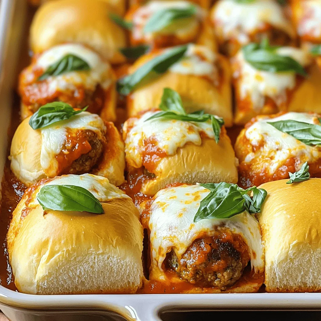 - 1 pound ground beef (or ground turkey) - 1/2 cup breadcrumbs - 1/4 cup grated Parmesan cheese - 12 mini slider buns The main ingredients are the heart of your sliders. Ground beef adds rich flavor, while ground turkey offers a leaner option. Breadcrumbs help bind the meatballs, making them tender. Grated Parmesan cheese adds a salty, nutty taste that enhances every bite. Mini slider buns are perfect for holding all the goodness. - Fresh basil leaves for garnish - 2 cups marinara sauce (store-bought or homemade) - 2 cups shredded mozzarella cheese Optional ingredients can elevate your sliders. Fresh basil leaves add a pop of color and fresh flavor. Marinara sauce is essential for moisture and taste. Shredded mozzarella cheese melts beautifully, creating a gooey layer that everyone loves. - 2 cloves garlic, minced - 1 teaspoon Italian seasoning - 1 teaspoon salt - 1/2 teaspoon black pepper Seasoning is key to great taste. Garlic gives a strong aroma and flavor. Italian seasoning brings herbs like oregano and thyme into play. Salt and pepper enhance all the other flavors, ensuring a balanced taste. For the full recipe, you can find more details in the [Full Recipe]. Set your oven to 375°F (190°C). Preheating helps your sliders cook evenly. This step is key to getting a nice, golden finish. If you skip this, the sliders may not bake well. In a large bowl, mix 1 pound of ground beef with breadcrumbs, Parmesan cheese, and a large egg. Add minced garlic, Italian seasoning, salt, and black pepper. Make sure to blend everything well. The mixture should feel moist but not too wet. This balance gives your meatballs a great texture. Heat some olive oil in a large skillet over medium heat. Add the meatballs in batches, cooking them for about 4-5 minutes on each side. You want them browned but not fully cooked. They will finish baking in the oven later. Always check for a nice crust before removing them. In a greased 9x13-inch baking dish, lay down the bottom halves of the slider buns. Place the cooked meatballs over the buns. Pour marinara sauce over the meatballs, then sprinkle with shredded mozzarella cheese. This layering is crucial; it keeps the flavors together and adds richness. Cover the dish with aluminum foil. Bake for 15 minutes, then remove the foil. Bake for an additional 5-10 minutes until the cheese bubbles. The sliders should look golden and inviting. Keep an eye on them to avoid burning. For the full recipe, check the instructions above. To roll meatballs uniformly, use a small ice cream scoop. This helps keep each meatball the same size. Make sure to wet your hands with water before rolling. This step stops the meat from sticking. Place the meatballs on a tray before cooking. This allows you to cook them all at once. To ensure they cook evenly, cook the meatballs in batches. Avoid crowding the pan. Each meatball needs space to brown. Brown them for about 4-5 minutes on each side. They do not have to be fully cooked yet. For great flavor, mix spices into the meat mixture. I love adding garlic, Italian seasoning, and a pinch of red pepper flakes. You can also mix in chopped herbs like parsley or oregano. These will enhance the taste. Pair marinara sauce with cheese for a perfect match. I suggest using shredded mozzarella for that gooey texture. A sprinkle of grated Parmesan on top adds a nice touch. You can also try using ricotta for a creamy layer. For the best sides to pair with sliders, consider a fresh salad. A simple green salad with vinaigrette works well. You can also serve crispy fries or sweet potato wedges. They add crunch and balance the meal. To present the sliders, arrange them neatly on a platter. Garnish with fresh basil leaves for a colorful touch. You can also serve with small bowls of extra marinara for dipping. This makes it fun and interactive for guests. {{image_2}} You can switch up the meat in your sliders. Using ground turkey or chicken makes a lighter meal. Both options keep the flavor but reduce fat. If you want a veggie version, try plant-based meats. Brands like Beyond Meat or Impossible Burger work great. They mimic the taste and texture of beef. You can still add all your favorite spices and sauces. Cheese adds great flavor to your sliders. Mozzarella is classic, but you can try other types too. Provolone or cheddar can bring a new twist. For a fun kick, use flavored cheeses like pepper jack. It adds a spicy touch that many enjoy. Mix and match to find your favorite cheese combo. While marinara is a favorite, other sauces can shine here. Try barbecue sauce for a sweet and smoky flavor. Or use pesto for a fresh, herbal taste. You can also add unique toppings. Sautéed onions or jalapeños can spice things up. Each sauce and topping brings a new layer to your dish. Explore different flavors to keep it interesting! To keep your pull-apart meatball sliders fresh, store leftovers in the fridge. First, let the sliders cool to room temperature. Then, place them in an airtight container. You can also wrap them tightly in plastic wrap. This keeps the moisture in and the air out. I recommend using glass or plastic containers with lids. They are easy to stack and won't absorb odors. If you want to keep sliders longer, freezing works well. Wrap each slider in plastic wrap. Then, place them in a freezer-safe bag or container. Be sure to remove as much air as possible. This helps prevent freezer burn. When you're ready to eat, thaw them overnight in the fridge. To reheat, you can use the oven or microwave. If using the oven, preheat it to 350°F. Heat for about 15-20 minutes until warm. In the fridge, these sliders last about 3 to 4 days. If you freeze them, they can last up to 3 months. Always check for signs of spoilage. If you see mold or if they smell off, it's best to toss them. Keeping an eye on storage helps you enjoy these tasty treats longer. For the full recipe, check the earlier sections. Making Pull-Apart Meatball Sliders takes about 45 minutes total. You will spend 20 minutes on prep and 25 minutes cooking. The prep includes mixing and rolling the meatballs. Cooking is done on the stove and in the oven. Yes, you can use store-bought meatballs for convenience. They save time and effort. However, homemade meatballs taste fresher and allow you to control flavors. If you prefer ease, go for store-bought. If you want more flavor, make your own. These sliders pair well with tasty sides. Consider serving them with: - A crisp salad - Potato chips - Sweet potato fries - Garlic bread For drinks, try soda, iced tea, or a light beer. These options balance the rich flavors of the sliders. To make healthier sliders, consider these swaps: - Use ground turkey or chicken instead of beef. - Choose whole grain slider buns. - Add more veggies, like spinach or peppers, to the meat mixture. - Use low-fat cheese or skip it altogether. These changes reduce calories while keeping flavor. Yes, you can prepare these sliders in advance. Make the meatballs and assemble the sliders. Then, cover and refrigerate them. Bake them right before serving. This saves time and keeps them fresh. To reheat, place the sliders in the oven. Set the temperature to 350°F (175°C). Cover them with foil to keep moisture. Heat for about 10-15 minutes. This method keeps the sliders warm and soft without drying them out. For the full recipe, check out the detailed instructions above. Enjoy your cooking! These Pull-Apart Meatball Sliders are simple to make and full of flavor. You learned about key ingredients like ground beef and spices, along with tips for the perfect cook. We covered options for variations and storage methods to keep them fresh. Whether serving at a party or for a family meal, these sliders please everyone. Enjoy trying new flavors and presentations. Happy cooking!
