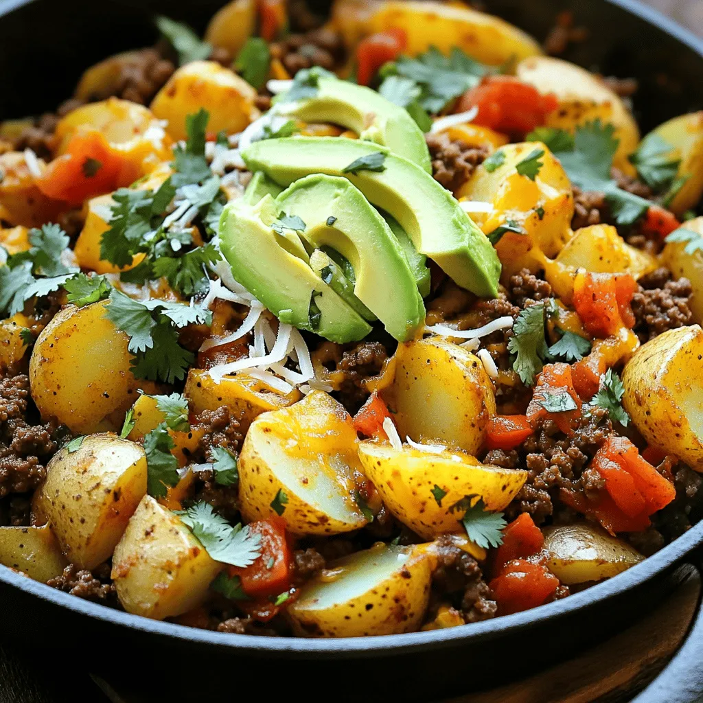 To make a tasty Mexican Ground Beef and Potato Skillet, gather the following ingredients: - 1 lb ground beef - 2 medium potatoes, diced - 1 medium onion, chopped - 2 cloves garlic, minced - 1 bell pepper (any color), chopped - 1 can (14 oz) diced tomatoes with green chilies - 1 tablespoon chili powder - 1 teaspoon ground cumin - 1 teaspoon paprika - ½ teaspoon salt - ½ teaspoon black pepper - ¼ teaspoon cayenne pepper (optional, for extra heat) - 2 tablespoons olive oil - Fresh cilantro, chopped (for garnish) - Avocado slices (for serving) - Shredded cheese (optional for topping) This list gives you the basics. Feel free to mix in your favorite vegetables or spices. For a full recipe, check out the Spicy Mexican Ground Beef and Potato Skillet. Enjoy making this dish! - Sautéing Vegetables Start by heating 2 tablespoons of olive oil in a large skillet over medium heat. Add 1 chopped onion and 1 chopped bell pepper. Cook them for about 3-4 minutes. They should become soft and fragrant. Next, add 2 minced garlic cloves. Cook for another minute until the garlic smells nice. - Browning Ground Beef Increase the heat slightly. Add 1 pound of ground beef to the skillet. Use a spatula to break it apart. Cook for about 5-7 minutes. Make sure it turns brown and is fully cooked. - Cooking Potatoes After the beef is browned, stir in 2 diced medium potatoes. Let them cook for 5 minutes. This helps them soften. If you want, cover the skillet for a few minutes to steam the potatoes. - Adding Ingredients Once the potatoes start to soften, add 1 can of diced tomatoes with green chilies. Then, mix in 1 tablespoon of chili powder, 1 teaspoon of ground cumin, 1 teaspoon of paprika, ½ teaspoon of salt, ½ teaspoon of black pepper, and ¼ teaspoon of cayenne pepper if you want more heat. Stir everything well to combine. - Simmering the Skillet Lower the heat to medium-low. Cover the skillet and let it simmer for about 15-20 minutes. Stir occasionally. This allows the potatoes to become tender and all the flavors to mix. - Adjusting Seasoning After simmering, taste your dish. Adjust the seasoning if needed. This is your chance to make it just right for you. Remove the skillet from the heat when everything is cooked through and delicious. You can find the full recipe above to guide you through this tasty dish. Enjoy your cooking! - Best Practices for Sautéing Start with a hot skillet. Add olive oil, then your onions and peppers. Stir them often for even cooking. This helps to build great flavor. Keep an eye on the heat; don't let them burn. Cook until they are soft, about 3-4 minutes. - How to Achieve Perfectly Cooked Potatoes Cut your potatoes into small, even pieces. This helps them cook at the same time. After adding them to the skillet, cover it for a few minutes. This steams the potatoes and speeds up cooking. Stir occasionally to avoid sticking. Check for doneness by piercing with a fork. - Adding Extra Spice Want more heat? Add cayenne pepper or some chopped jalapeños. These spices boost flavor and give a kick. You can also try a dash of hot sauce for a different taste. - Using Fresh Herbs Fresh cilantro is a must! It adds a bright flavor to your skillet. Add it right before serving for the best taste. You can also use fresh parsley or green onions for variety. These herbs make your dish look and taste fresh. For more ideas, check out the Full Recipe! {{image_2}} Swap for Different Proteins You can change the ground beef to other meats. Ground turkey or chicken works well. You can also use veggie crumbles for a plant-based option. Each protein brings its own flavor. Choose what suits your taste or diet. Using Sweet Potatoes Sweet potatoes can replace regular potatoes. They add a sweet flavor and nutrition. Just dice them like regular potatoes and cook them the same way. The dish becomes colorful and tasty. Accompaniments This dish pairs great with warm tortillas. You can serve it with rice or a fresh salad. Add some beans for extra protein. A dollop of sour cream can add creaminess. Creative Serving Ideas Try serving the skillet in a tortilla bowl. You can also top it with a fried egg for breakfast. For a fun twist, mix it into a quesadilla. Each option makes the meal more exciting! For the full recipe of this delicious dish, check out the [Full Recipe]. Proper Refrigeration After you enjoy your Mexican Ground Beef and Potato Skillet, store leftovers in a safe way. Let the dish cool down first. Then, place it in an airtight container. This keeps moisture in and bad smells out. You can store it in the fridge for up to three days. Always label the container with the date to track freshness. Freezing the Skillet If you want to keep it longer, freezing is a great option. Divide the skillet into portions for easy thawing. Use freezer-safe containers or bags. Remove as much air as possible to prevent freezer burn. This dish can stay good in the freezer for up to three months. When you're ready to eat it, just thaw it in the fridge overnight. Best Methods for Reheating When reheating, you want to keep the meal tasty. The best way is to use the stove. Heat a skillet over medium heat. Add a splash of water or broth to keep it moist. Stir occasionally until it's hot. This usually takes about 5-10 minutes. You can also use the microwave. Place the portion in a microwave-safe bowl. Add a bit of water, then cover it with a lid or microwave-safe wrap. Heat on high for 1 to 2 minutes. Stir halfway to ensure even heating. Both methods work well to bring back those delicious flavors. For the full recipe, check out the link above. How can I make it spicier? To give your skillet a kick, add cayenne pepper. Start with a pinch and taste. You can also mix in jalapeños or hot sauce. Fresh chili peppers work great too. Just chop them up and sauté with the onions. Is it possible to make this skillet vegetarian? Yes, you can swap the ground beef for lentils or black beans. Use vegetable broth instead of beef broth if you like. Add more veggies, like zucchini or mushrooms, for extra flavor. This keeps the dish hearty and tasty. Can I prepare it in advance? Absolutely! This dish stores well. Cook it, let it cool, and place it in an airtight container. Store it in the fridge for up to three days. You can also freeze it for up to three months. Just thaw and reheat when ready. What sides pair well? Serve this dish with warm tortillas or rice for a full meal. A fresh salad with lime dressing adds a light touch. Guacamole or salsa makes a great dip too. How long does it last in the fridge? In the fridge, it lasts for about three days. Make sure to keep it in a tight container. If you notice any off smells or colors, throw it out. Enjoy it fresh for the best flavor. For the full recipe, check the [Full Recipe]. This blog post covered the key steps in making a delicious skillet dish. We explored ingredients like ground beef, potatoes, and fresh vegetables. I shared easy steps for preparation and cooking, plus tips to enhance flavor. You can even swap ingredients for different tastes! In conclusion, you can adapt this recipe to fit your preferences. Experiment with spices or veggies. Enjoy creating your own version that suits your taste. Happy cooking!