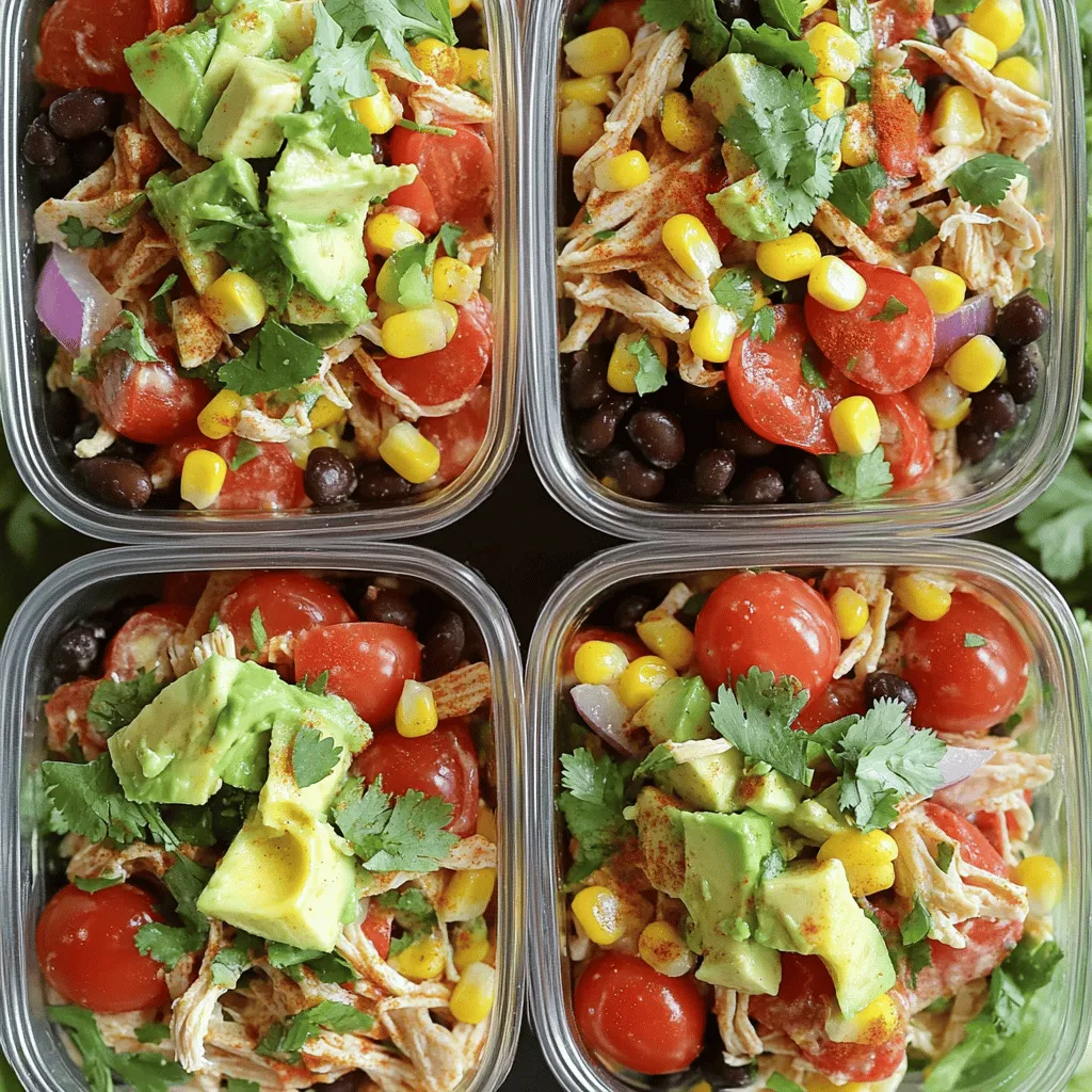 - 2 cups cooked chicken breast, shredded - 1 can black beans, rinsed and drained - 1 cup corn kernels (fresh or canned) - 1 cup cherry tomatoes, halved - 1 red bell pepper, diced - 1 avocado, diced - 1/4 cup red onion, finely chopped - 1/4 cup cilantro, chopped - Juice of 2 limes - 3 tablespoons olive oil - 1 teaspoon cumin - 1 teaspoon smoked paprika - Salt and pepper to taste When I make this Mexican-inspired chicken salad, I focus on using fresh ingredients. The cooked chicken breast is the star, giving protein and flavor. I like to shred it to mix well with other elements. Black beans add fiber and a nice texture, while corn kernels sweeten the mix. Cherry tomatoes bring color and juiciness. Next, I include a red bell pepper for crunch. It adds vibrant color and a sweet taste. Diced avocado comes next. It gives creaminess and tastes great. Red onion adds a sharp bite. Finally, chopped cilantro gives a fresh finish. For the dressing, I squeeze juice from two limes. This adds a tangy kick. I pour in olive oil for richness. Cumin and smoked paprika give warmth and depth. I add salt and pepper to balance the flavors. This combination creates a salad that is not only tasty but also colorful and healthy. If you want the full recipe, check it out above. 1. In a large mixing bowl, combine the shredded chicken, black beans, corn, cherry tomatoes, red bell pepper, and red onion. This mix gives your salad a colorful base. 2. In a small bowl, whisk together the lime juice, olive oil, cumin, smoked paprika, salt, and pepper. This dressing adds flavor and zest. 3. Pour the dressing over the chicken and vegetable mixture. Toss gently to ensure everything is well-coated. This step helps each bite taste great. 1. Add the diced avocado carefully. You want the pieces to stay whole for texture. 2. Mix gently for even distribution. This keeps the avocado creamy and adds fresh flavor. 1. Divide the salad into meal prep containers. Use four containers for easy serving. 2. Ensure even distribution among servings. This way, each container has a good mix of all ingredients. You can find the Full Recipe at the top of this article. To make shredded chicken, boil or bake it. Boiled chicken stays moist and is easy to shred. Bake it with spices for more flavor. Use two forks to pull the chicken apart. This method works well for meal prep. For seasoning, I recommend salt, pepper, and cumin. Cumin adds a warm flavor that matches the salad. You can also add garlic powder for extra taste. Marinating the chicken in lime juice works wonders too! To keep avocado fresh, sprinkle lime juice on it. Lime juice slows browning, keeping your salad bright and green. You can also store it separately and add it later. This method keeps the salad looking fresh longer. For meal prep storage, use airtight containers. Glass containers work best because they don’t stain. Group ingredients by type to keep flavors fresh. Store in the fridge for up to four days. Always label your containers with the date. Pair this chicken salad with a creamy dressing. A yogurt-based dressing adds a nice touch. You can also serve it with tortilla chips for crunch. The ideal serving temperature is cool or at room temperature. This salad is perfect for lunch or dinner. Enjoy it fresh for the best taste! {{image_2}} You can change the protein in this salad. Try tofu instead of chicken. Tofu absorbs flavors well. You can also use chickpeas for a different taste. For grains, swap out rice or quinoa. These work great and add texture. You can make this salad even tastier. Add spices like chili powder or cayenne for heat. Fresh herbs like mint or parsley also brighten the dish. You can adjust the spice level. Add more or less based on your taste. If you need a gluten-free meal, this salad is perfect. All the ingredients used are naturally gluten-free. For a vegan option, just remove the chicken. You can use beans or tofu as protein instead. This makes it both healthy and satisfying. How long will the salad last? Your Mexican-inspired chicken salad will stay fresh in the fridge for up to 4 days. This makes it perfect for meal prep. After that, it may lose taste and texture. Always check before eating. Best storage containers to use Use airtight containers for the best storage. Glass containers work well and do not stain. If you prefer plastic, choose BPA-free options. Make sure lids fit tightly to keep the salad fresh. Can this salad be frozen? I do not recommend freezing this salad. The avocado and tomatoes can turn mushy when frozen. It’s best enjoyed fresh, so make it only for the week you plan to eat it. Tips for thawing and reheating If you do freeze it, thaw slowly in the fridge overnight. Reheat gently in a pan or microwave. Keep in mind, the texture may not be the same. What to look for before consuming Check for any off smells or changes in color. If the salad looks slimy or has brown spots, throw it away. It’s always better to be safe than sorry when it comes to food. To make this salad vegan, substitute the chicken with a plant-based protein. Some great options include: - Chickpeas: These add a nice texture and protein. - Tofu: Pressed and cubed tofu can soak up flavors well. - Tempeh: This fermented soy product has a firm texture and a nutty taste. - Lentils: Cooked lentils offer protein and fiber. Using these options ensures you keep the salad tasty and filling. Yes, you can prep this salad ahead of time. Here are the best timeframes: - 1-3 days: This salad stays fresh in the fridge for up to 4 days. - Day of preparation: For the best flavor, prepare it the same day you plan to eat it. - Storage tips: Keep dressing separate until serving to maintain freshness. This way, your salad will taste great throughout the week. You can pair this salad with many tasty sides and toppings. Here are some recommended options: - Tortilla chips: Crunchy chips add a nice texture. - Rice: Serve it over brown or white rice for a filling meal. - Quinoa: This adds protein and a nutty flavor. - Sliced jalapeños: Add heat and flavor to your salad. - Extra lime wedges: A squeeze of lime brightens the dish. These sides enhance your meal and make it more satisfying. In this blog post, we explored a tasty chicken salad recipe. I covered key ingredients like chicken, beans, and veggies. The dressing adds great flavor with lime and spices. We also went through preparation steps for easy meal prep. Remember to store your salad right to keep it fresh. For variations, you can swap ingredients based on your taste or diet. This salad is versatile, nutritious, and perfect for any meal. Enjoy making your own version and share your favorites!