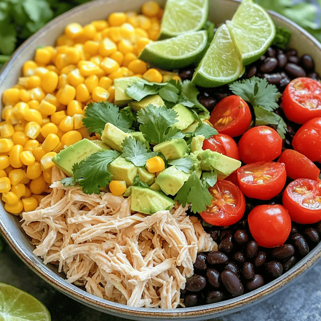 - 2 cups cooked chicken breast, shredded - 1 cup black beans, rinsed and drained - 1 cup corn kernels (canned or frozen) - 1 red bell pepper, diced - 1 avocado, diced - 1/2 cup cherry tomatoes, halved - 1/4 cup red onion, finely chopped - 1/4 cup fresh cilantro, chopped - 1 lime, juiced - 3 tablespoons olive oil - 1 teaspoon ground cumin - 1 teaspoon chili powder - Salt and pepper to taste This salad is bright and fresh. Each bite bursts with flavor. You get protein from shredded chicken and black beans. The corn adds sweetness, while the red bell pepper gives crunch. Avocado makes it creamy. Cherry tomatoes bring juiciness. Red onion offers a sharp taste. Fresh cilantro adds a hint of earthiness. The lime juice gives it a zesty kick. Olive oil helps blend all the flavors together. In terms of nutrition, this salad is a powerhouse. It provides a mix of protein, healthy fats, and carbs. You can find the full recipe [here](#). - First, combine all salad components in a large bowl. Use your hands or a spoon to mix them well. The mix should include the shredded chicken, black beans, corn, red bell pepper, avocado, cherry tomatoes, red onion, and cilantro. This colorful mix makes the salad appealing and tasty. - Next, prepare the dressing in a separate bowl. Whisk together the lime juice, olive oil, ground cumin, chili powder, salt, and pepper. Keep whisking until the mixture blends well. This dressing adds flavor to the salad. - Now, it’s time to toss the salad. Pour the dressing over the salad mix. Use a gentle motion to toss everything together. Be careful not to mash the avocado. You want it to stay in chunks for great texture. - For presentation, serve the salad in a large, shallow bowl. This makes it easy to see all the vibrant colors. - Garnish with lime wedges and extra cilantro on the side. This adds a fresh look and extra flavor. Enjoy your Quick Southwest Chicken Salad! For the complete details, check the Full Recipe. To shred chicken fast, use two forks. Place the chicken on a cutting board. Hold one fork steady and pull with the other fork. This method works well for warm chicken. If you want a quicker option, buy pre-cooked chicken. Many stores sell rotisserie chicken that is ready to use. To boost flavor, add spices like smoked paprika or cayenne for heat. You can also mix in fresh herbs like parsley or basil. Different dressings can change the taste too. Try ranch or a spicy chipotle dressing to shake things up. Experiment and see what you love most! Prepare your ingredients ahead of time. Chop vegetables and store them in bags. This way, when you cook, you save time. If you have leftovers, store them in airtight containers. Keep the salad fresh for later meals. Remember, a little prep goes a long way! {{image_2}} You can swap chicken for other proteins. Try grilled shrimp, beef, or tofu. Each option gives you new flavors. For a plant-based version, use chickpeas or lentils. These swaps offer great protein and taste. You can try different dressings to mix it up. A ranch or vinaigrette can add a new twist. For a spicy kick, use chipotle ranch or sriracha dressing. These options will make your salad pop with flavor. Customizing your salad with seasonal fruits is fun. In summer, add juicy peaches or strawberries. In winter, try roasted sweet potatoes or pomegranate seeds. Each season brings fresh ingredients to enhance your salad. To keep your Quick Southwest Chicken Salad fresh, store it in an airtight container. This helps seal in flavors and keeps out air. Use a container that fits snugly to avoid excess space. If you have leftovers, try to eat them within three days. Always check for any signs of spoilage before you dig in. You can freeze the salad, but some ingredients don't freeze well. The avocado and tomatoes may turn mushy once thawed. If you want to freeze it, prepare the salad without these ingredients. You can add them fresh after thawing. Place the salad in a freezer-safe bag, removing as much air as possible. Label the bag with the date for easy tracking. In the fridge, your salad can last about three days. After that, it may start to lose freshness. Signs that your salad has gone bad include a sour smell or slimy texture. If you see any mold, toss it out immediately. Always trust your senses when it comes to food safety. Can I make this salad ahead of time? Yes, you can make this salad ahead of time. It stays fresh for a few hours. To keep the avocado from browning, add it just before serving. This way, it stays green and creamy. What can I use instead of lime juice? If you don’t have lime juice, use lemon juice. It gives a similar tangy flavor. You can also use vinegar, like apple cider or red wine vinegar, for a different twist. Is this salad gluten-free? Yes, this salad is gluten-free. All the ingredients used are safe for those with gluten issues. Just double-check any canned goods, like beans or corn, for hidden gluten. Can it be made dairy-free? Absolutely! This salad is naturally dairy-free. It does not contain cheese or any dairy ingredients. Enjoy it without worry if you are avoiding dairy. How many servings does this recipe provide? This recipe makes about four servings. It's perfect for a light lunch or dinner. You can double the recipe for larger groups or meal prep. What are good side dishes to serve with this salad? Good side dishes include tortilla chips, rice, or black bean soup. You can also serve it with fresh fruit for a sweet touch. These options pair well and enhance the meal. This blog post covered a vibrant and healthy chicken salad. We explored ingredients, health benefits, and preparation steps. Remember, you can swap proteins and dressings to suit your taste. Use fresh seasonal veggies to keep it exciting. Store leftovers properly to enjoy later. This salad is versatile and can fit many diets. With these tips, you can create a dish that looks great and tastes even better. Dive into your kitchen now and try this easy, fun recipe!