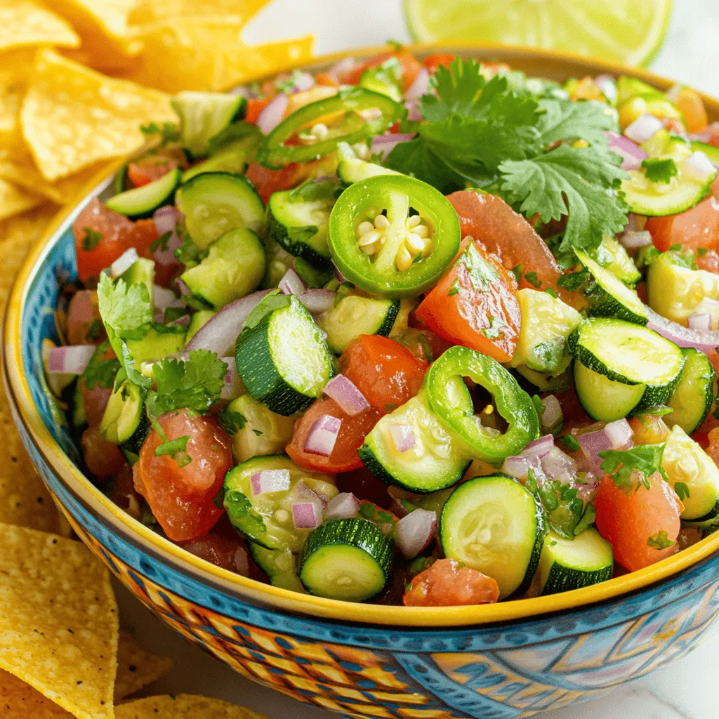 To make the best zucchini salsa, you need these key ingredients: - 2 medium zucchinis, diced - 1 cup ripe tomatoes, diced - 1/2 red onion, finely chopped - 1 jalapeño, seeds removed and minced - 1 clove garlic, minced - 1/4 cup fresh cilantro, chopped - Juice of 1 lime - 1 teaspoon ground cumin - Salt and pepper to taste These ingredients create a bright and fresh flavor. The zucchinis add a nice crunch. The tomatoes give it a juicy base. The onion and garlic add depth to the taste. Jalapeño adds just the right amount of heat. You can customize your zucchini salsa with some optional add-ins. Here are a few ideas: - Diced bell peppers for extra crunch - Corn for sweetness and texture - Black beans for protein - Avocado for creaminess - Chopped green onions for a fresh touch These add-ins can change the flavor and texture. Feel free to mix and match based on your taste. Using fresh ingredients is key for a great salsa. Fresh zucchinis and tomatoes have better flavor. They also provide better texture. Fresh cilantro brightens up the dish. The taste of fresh lime juice adds a zing. Always choose ripe and firm vegetables for the best results. When everything is fresh, you get a salsa that pops with flavor. For the full recipe, check out the [Full Recipe]. To make the best zucchini salsa, start with fresh ingredients. First, wash the zucchinis and tomatoes. Then, dice the zucchinis and tomatoes into small, even pieces. This step helps the salsa taste great and look nice. Next, finely chop the red onion and remove the seeds from the jalapeño. Mince the jalapeño to add spice. Finally, mince the garlic and chop the cilantro. Each ingredient plays a key role in flavor and texture. In a large mixing bowl, combine the diced zucchinis, tomatoes, chopped red onion, minced jalapeño, and minced garlic. This mix of veggies creates a colorful base. Next, add the chopped cilantro for a fresh taste. Squeeze the juice of one lime over the veggies. Sprinkle in the ground cumin, salt, and pepper. Then, gently stir the mixture until all the ingredients are well combined. Let the salsa sit for at least 15-30 minutes. This resting time helps the flavors blend better. For the best flavor, always use ripe tomatoes and fresh herbs. Fresh ingredients make a big difference. If you want more heat, leave some seeds in the jalapeño. You can also mix in other spices, like paprika or coriander, for extra depth. When serving, use a colorful bowl to make your salsa pop. Garnish with extra zucchini strips or cilantro sprigs. Enjoy it with tortilla chips, or use it as a topping over grilled chicken. For the full recipe, check the main section. To make your zucchini salsa pop, use fresh, ripe ingredients. Fresh tomatoes and herbs bring out the best taste. Add a pinch more lime juice for a zesty kick. A touch of honey can balance the heat from the jalapeño. Letting the salsa sit for 15-30 minutes helps the flavors blend. This makes each bite burst with flavor. One mistake is chopping the zucchini too large. This can lead to uneven texture. Avoid using canned tomatoes; fresh ones taste much better. Don't rush the marinating time. If you serve it right away, the flavors won’t be as rich. Lastly, be careful with salt. Taste as you go to prevent over-seasoning. You will need a sharp knife and a cutting board for chopping. A large mixing bowl is essential for combining ingredients. A zester or juicer will help with the lime juice. Use measuring spoons for ground cumin and salt. Finally, a spoon or spatula is great for mixing everything together. {{image_2}} If you want to add some heat, try these spicy options. You can use more jalapeño or add a few sliced serrano peppers. For extra flavor, include a splash of hot sauce. You might also consider adding chipotle peppers in adobo sauce. This gives a smoky taste and packs a punch! Fruits can make zucchini salsa special. Try adding diced mango or peach for sweetness. They balance the heat and add juicy flavor. Pineapple also works well; it adds a tropical touch. Mix in fruits right before serving to keep them fresh and bright. Switching up herbs can change the taste of your salsa. Fresh basil or mint can offer a fresh twist. You can also try dill for a unique flavor. For spices, consider smoked paprika or chili powder. These add depth and warmth to your dish. For more ideas and a complete guide, check out the Full Recipe. To keep your zucchini salsa fresh, store it in an airtight container. Glass jars work great for this. Make sure the lid seals tightly. This keeps out air and moisture, which can spoil the salsa. Place it in the fridge right after making it. Fresh salsa tastes best, but proper storage helps it last longer. Zucchini salsa lasts about 3 to 5 days in the fridge. If you want to keep it longer, freezing is a great option. Use freezer-safe bags or containers. Leave some space in the bag for expansion. Zucchini salsa can stay good in the freezer for up to 3 months. When you're ready to use it, thaw it in the fridge overnight. You can enjoy zucchini salsa cold or warm. For a warm option, gently heat it in a pan over low heat. Stir it often to avoid burning. Serve it with tortilla chips, on tacos, or over grilled meats. For a fun twist, try it on eggs or with pasta. To make it look fancy, garnish it with extra cilantro or zucchini strips. This adds a nice touch and makes it more appealing! For the full recipe, check out The Best Zucchini Salsa. Zucchini salsa lasts about 3 to 5 days in the fridge. Keep it in an airtight container. After a few days, the flavors may change. If it looks or smells off, it's best to toss it. Yes, you can add many other vegetables to zucchini salsa. Bell peppers, corn, or even carrots work well. Just remember to chop them small, so they mix well. This lets you customize the salsa to your taste! Serve zucchini salsa chilled for the best flavor. Use a colorful bowl for a nice touch. It pairs great with tortilla chips or grilled chicken. You can also top tacos or nachos with it for extra zest. For the full recipe, check out the instructions above. Zucchini salsa shines with fresh, vibrant flavors. We explored key ingredients and optional add-ins, highlighting the importance of freshness. Step-by-step instructions helped you prepare, mix, and enhance your salsa. I shared pro tips, mistakes to avoid, and essential kitchen tools. Variations can add a spicy kick or fruity twist to your salsa. Lastly, knowing how to store it properly ensures you get the best taste over time. Celebrate your cooking with delicious zucchini salsa, ready to impress. Enjoy every bite!