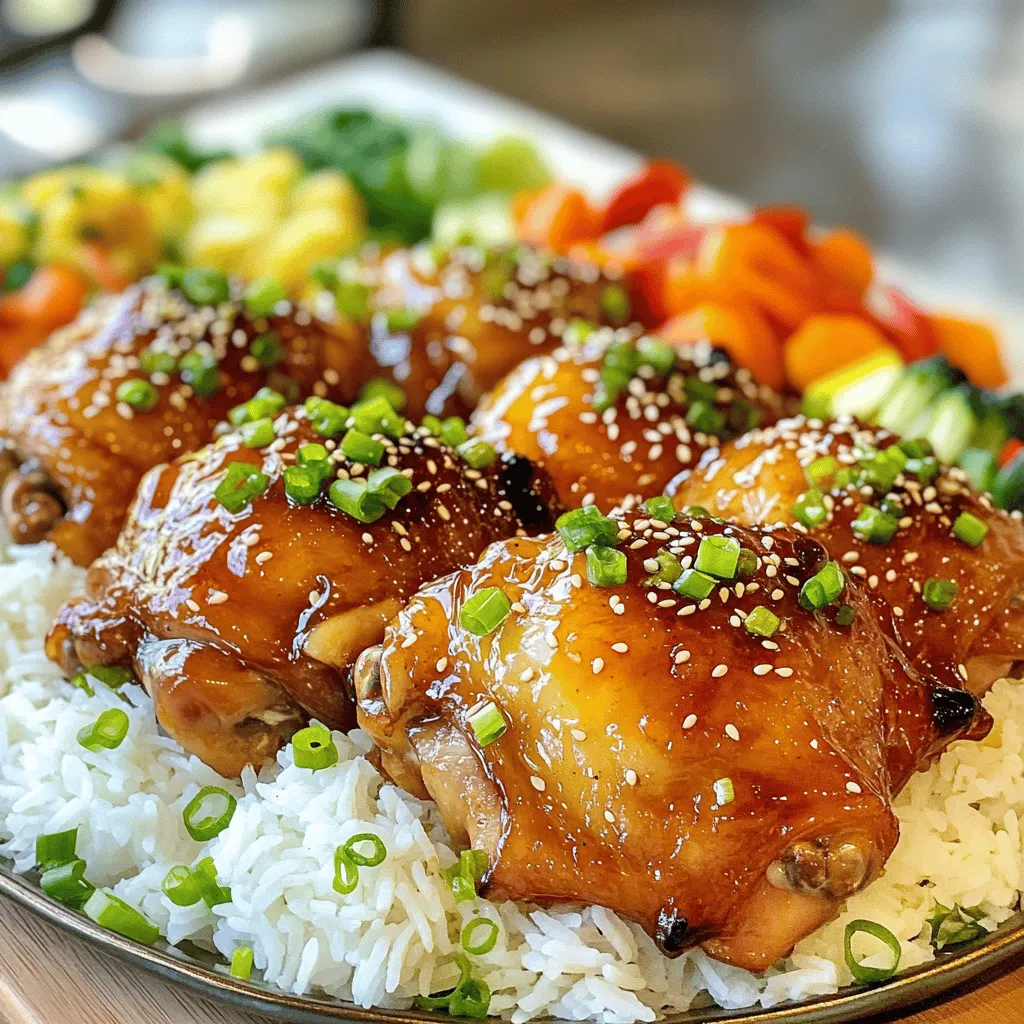 To make delicious honey garlic chicken, you need these main ingredients: - 4 chicken thighs, bone-in and skin-on - 1/2 cup honey - 1/4 cup soy sauce (low sodium) - 4 garlic cloves, minced - 1 tablespoon fresh ginger, grated - 1 tablespoon rice vinegar - 1 teaspoon sesame oil - Salt and pepper to taste These ingredients create a sweet and savory flavor. The chicken thighs stay juicy and tender. Honey adds a nice glaze that makes it look great. You can also add some fun garnishes to your dish: - 2 tablespoons green onions, chopped - Sesame seeds These add color and a little crunch. The green onions give a fresh taste. Sesame seeds add a nice touch. If you want to change things up, consider these substitutions: - Use maple syrup or agave for a different sweetener. - Try apple cider vinegar instead of rice vinegar. These swaps can give your dish a unique twist. You can make it your own while keeping the flavor. Check out the Full Recipe for more details! To make the marinade, mix six easy ingredients. In a bowl, whisk together: - 1/2 cup honey - 1/4 cup low sodium soy sauce - 4 minced garlic cloves - 1 tablespoon grated fresh ginger - 1 tablespoon rice vinegar - 1 teaspoon sesame oil This blend creates a sweet and savory taste. For the best flavor, let the chicken marinate for at least 1 hour in the fridge. If you have time, overnight is even better. This allows the chicken to soak up all that delicious goodness. First, preheat your oven to 375°F (190°C). This step is key for even cooking. Heat a large oven-safe skillet on medium-high heat. Take the chicken out of the marinade and season it with salt and pepper. Place the chicken thighs skin-side down in the skillet. Sear the chicken for about 5-7 minutes until golden and crispy. Flip the chicken and sear the other side for an additional 5 minutes. This searing gives your chicken a nice crust. After searing, pour the reserved marinade over the chicken. Then, move the skillet to your preheated oven. Bake for 25-30 minutes. Check that the chicken reaches an internal temperature of 165°F (74°C). The sauce should be sticky and bubbly when done. Once you take the chicken out of the oven, let it rest for 5 minutes in the sauce. This helps the flavors mix well. For plating, place the chicken on a large platter. Drizzle the sticky glaze from the skillet over the chicken. Garnish with chopped green onions and sesame seeds for color and crunch. Pair your honey garlic chicken with steamed rice and seasonal veggies. This combination makes for a beautiful and tasty meal. You can find the full recipe [here]. To get that perfect sear, heat your skillet well. A hot pan helps the chicken skin crisp up. If the pan is not hot enough, the chicken will steam and become dry. Place the chicken skin-side down first. This allows the fat to render out, making the skin crispy. Sear for 5-7 minutes, then flip and sear the other side for about 5 minutes. You can enhance the flavor by adding fresh herbs and spices. Try adding thyme or rosemary for a nice twist. A pinch of red pepper flakes can add some heat. You can also use fresh cilantro or parsley for a fresh taste. These additions can brighten the dish and elevate the flavor profile. Avoid overcooking the chicken. Check the internal temperature with a meat thermometer. It should reach 165°F (74°C). If you cook it too long, the chicken will become tough. Also, don’t skip marinating for long enough. At least one hour is key, but overnight is best. This helps the flavors soak in deeply, making each bite delicious. {{image_2}} You can swap chicken thighs for other proteins. Chicken breasts work well too. If you prefer plant-based options, try tofu. Tofu absorbs the sauce nicely and offers a great texture. Shrimp adds a quick-cooking seafood twist. Just adjust cooking times to keep everything tender. Want some heat? Add chili flakes or sriracha to the sauce. This will spice up your dish. You can also use teriyaki sauce for a different flavor. Teriyaki gives a sweet and savory taste that pairs well with the honey. Mix and match these ideas to create your favorite version. You can cook honey garlic chicken in different ways. Use a slow cooker for an easy meal. Just set it up and let it cook while you do other things. Stovetop cooking is quick and keeps the chicken juicy. An Instant Pot is great for a fast dinner. It gives you the same rich flavor in less time. Each method yields tasty results, so pick what works for you. To keep your honey garlic chicken fresh, store leftovers in an airtight container. This keeps out air and moisture. If you want to freeze it, place the chicken in a freezer-safe bag. Remove as much air as you can before sealing. Label the bag with the date. This way, you know how long it’s been in the freezer. When it’s time to enjoy your leftovers, reheat gently. Using an oven works best to keep the chicken moist. Preheat your oven to 350°F (175°C). Place the chicken in a baking dish with a splash of water or broth. Cover it with foil to trap steam. Heat for about 15-20 minutes, until warm. You can also use a microwave, but be careful not to dry it out. Heat in short intervals, checking often. Honey garlic chicken lasts three to four days in the fridge. If frozen, it can last up to three months. Just remember to thaw it in the fridge overnight before reheating. This keeps the chicken safe and tasty. Yes, you can use boneless chicken. Boneless chicken cooks faster. Just adjust the cooking time. I suggest checking it at 20 minutes. This ensures you do not overcook it. Searing boneless chicken will also give it a nice crust. The sweet and sticky glaze will still stick well. I love serving honey garlic chicken with steamed rice. It soaks up the tasty sauce. You can also add seasonal vegetables. Broccoli or green beans work well. A fresh salad can add a nice crunch too. Feel free to get creative with your sides! The best way to check is with a meat thermometer. The chicken should reach 165°F (74°C) at the thickest part. If you don't have one, you can cut into the chicken. The juices should run clear, not pink. This way, you can ensure it is safe to eat. This blog post covered how to make honey garlic chicken. You learned about key ingredients, steps, and easy variations. I shared tips to improve your cooking. Remember to avoid common mistakes and use the right tools. With these details, you can enjoy a delicious meal. Try it out and adjust flavors to suit your taste. Cooking can be fun and rewarding! Enjoy your honey garlic chicken and impress your friends and family.