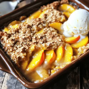 - 4 ripe peaches, peeled, pitted, and sliced - 1 tablespoon lemon juice - 1/2 cup granulated sugar - 1 teaspoon cinnamon - 1 cup rolled oats - 1/2 cup all-purpose flour - 1/2 cup packed brown sugar - 1/2 cup unsalted butter, melted - 1/4 teaspoon salt - Vanilla ice cream (for serving, optional) Selecting ripe peaches is key. Ripe peaches are sweet and juicy. They give your crisp a great flavor. Look for peaches that yield slightly when pressed. Avoid hard or overly soft peaches. Measuring ingredients accurately helps your crisp turn out perfect. Use measuring cups for dry ingredients and a liquid measuring cup for liquids. This ensures you get the right balance for great taste and texture. For the best results, follow the Full Recipe closely. This way, you’ll create a delicious peach crisp that everyone will love! Start by preheating your oven to 350°F (175°C). This temperature helps cook the peach crisp evenly. While the oven warms up, grease a 9x9-inch baking dish with some butter or cooking spray. This step prevents the crisp from sticking. Next, grab four ripe peaches. Peel, pit, and slice them. In a big bowl, toss the peach slices with one tablespoon of lemon juice, half a cup of granulated sugar, and one teaspoon of cinnamon. Mixing these ingredients ensures every peach slice gets coated. This adds flavor and a bit of sweetness. In another bowl, combine one cup of rolled oats, half a cup of all-purpose flour, half a cup of packed brown sugar, and a quarter teaspoon of salt. Mix these dry ingredients well. Then, pour in half a cup of melted butter. Stir until the mixture looks crumbly. This crumbly texture gives the topping a nice bite. Now, pour the peach mixture into your greased baking dish. Spread it out evenly. Then, sprinkle the oat topping over the peaches. Bake your crisp in the preheated oven for 30 to 35 minutes. You know it’s done when the topping turns golden brown and the peaches bubble. Let it cool for a few minutes before serving. For a treat, serve it warm with vanilla ice cream. Enjoy your delicious peach crisp! For the complete recipe, check the [Full Recipe]. To make your peach crisp even better, you can add spices. Try a pinch of nutmeg or allspice. These spices add warmth and depth. You can also add lemon zest for a fresh kick. Mixing in nuts adds crunch. Chopped almonds or walnuts work well. You can also combine peaches with berries or apples for a twist. Getting the topping just right is key. You want it crumbly but not too dry. When mixing, ensure the butter coats the oats and flour well. If the mix feels too wet, add a bit more oats. For a crispy topping, bake until golden brown. Don't rush the baking time; allow the crisp to bubble and set. Serve your peach crisp warm, right out of the oven. It pairs perfectly with a scoop of vanilla ice cream. The cold ice cream melts into the warm crisp, creating a delightful treat. For a special touch, serve it in individual ramekins. Top with fresh mint leaves or a sprinkle of cinnamon for a pop of color. If you're feeling fancy, drizzle caramel sauce over the top. This adds sweetness and looks great! For the full recipe, check out the Peachy Delight Crisp. {{image_2}} You can switch up the fruit in this recipe. Instead of peaches, try using berries, like blueberries or raspberries. Apples are another great choice, especially in the fall. Mixing different fruits can create a unique taste. For example, combine peaches and blueberries for a burst of flavor. Each fruit adds its own sweetness and texture, making every crisp special. If you need gluten-free options, you can use almond flour or gluten-free oats. These swaps keep the crisp tasty and friendly for those with gluten sensitivities. For a vegan version, replace butter with coconut oil or a vegan butter substitute. You can also use coconut sugar or maple syrup instead of regular sugar. These changes let everyone enjoy this dessert without worry. You can adapt this recipe for different seasons. In winter, use fruits like pears or cranberries. They add warmth and a cozy feel. For fall flavors, add spices like nutmeg or allspice, and use apples or pumpkin. Each season brings fresh fruits and flavors. This way, you can enjoy peach crisp all year round! For the full recipe, check the details provided earlier. To keep your peach crisp fresh, store it in the fridge. Place it in an airtight container. This helps prevent it from drying out. You can also cover it with plastic wrap. Enjoy the leftover crisp within 3-4 days for the best taste. To reheat your peach crisp, use the oven for the best results. Preheat your oven to 350°F (175°C). Place the crisp in an oven-safe dish. Heat it for about 15-20 minutes. This will keep the topping crunchy and warm the peaches nicely. You can freeze peach crisp for later. If you want to freeze it before baking, prepare the dish as normal. Cover it tightly with plastic wrap and foil. If you freeze it after baking, let it cool first. Store it in a freezer-safe container. To thaw, place it in the fridge overnight. Reheat it in the oven, as mentioned above. Enjoy your peach crisp anytime! For the full recipe, check the earlier sections. Yes, you can use frozen peaches. Just thaw them first. Drain any extra liquid. Mix them with lemon juice, sugar, and cinnamon as you would fresh peaches. This helps keep the flavors bright. If you like, you can add a bit more sugar, as frozen peaches can taste less sweet. To make it gluten-free, use almond flour or oat flour instead of all-purpose flour. You can also use certified gluten-free oats. These swaps keep the crisp tasty, while making it safe for those with gluten issues. Just remember to check labels when buying these ingredients. Serve peach crisp warm with a scoop of vanilla ice cream. You can also try it with cinnamon ice cream or whipped cream. A drizzle of caramel sauce adds a nice touch. For extra crunch, sprinkle some chopped nuts on top. Peach crisp lasts about 3 to 4 days in the fridge. Keep it in an airtight container to maintain freshness. If you see any mold or an off smell, it’s best to toss it. Reheat it in the oven for the best texture. Yes, you can prepare it ahead. Assemble the peach mixture and topping separately. Store them in the fridge. When you’re ready, just layer and bake. This way, you keep the crisp topping nice and crunchy. This recipe for peach crisp is simple and fun. You learned to choose ripe peaches, mix the filling, and create a tasty topping. I shared tips for flavor and texture, plus ideas for serving. Remember, you can mix fruits, use gluten-free options, and store leftovers easily. Now, go ahead and enjoy making this delightful dessert! You’ll impress family and friends with your new skills. Happy baking!
