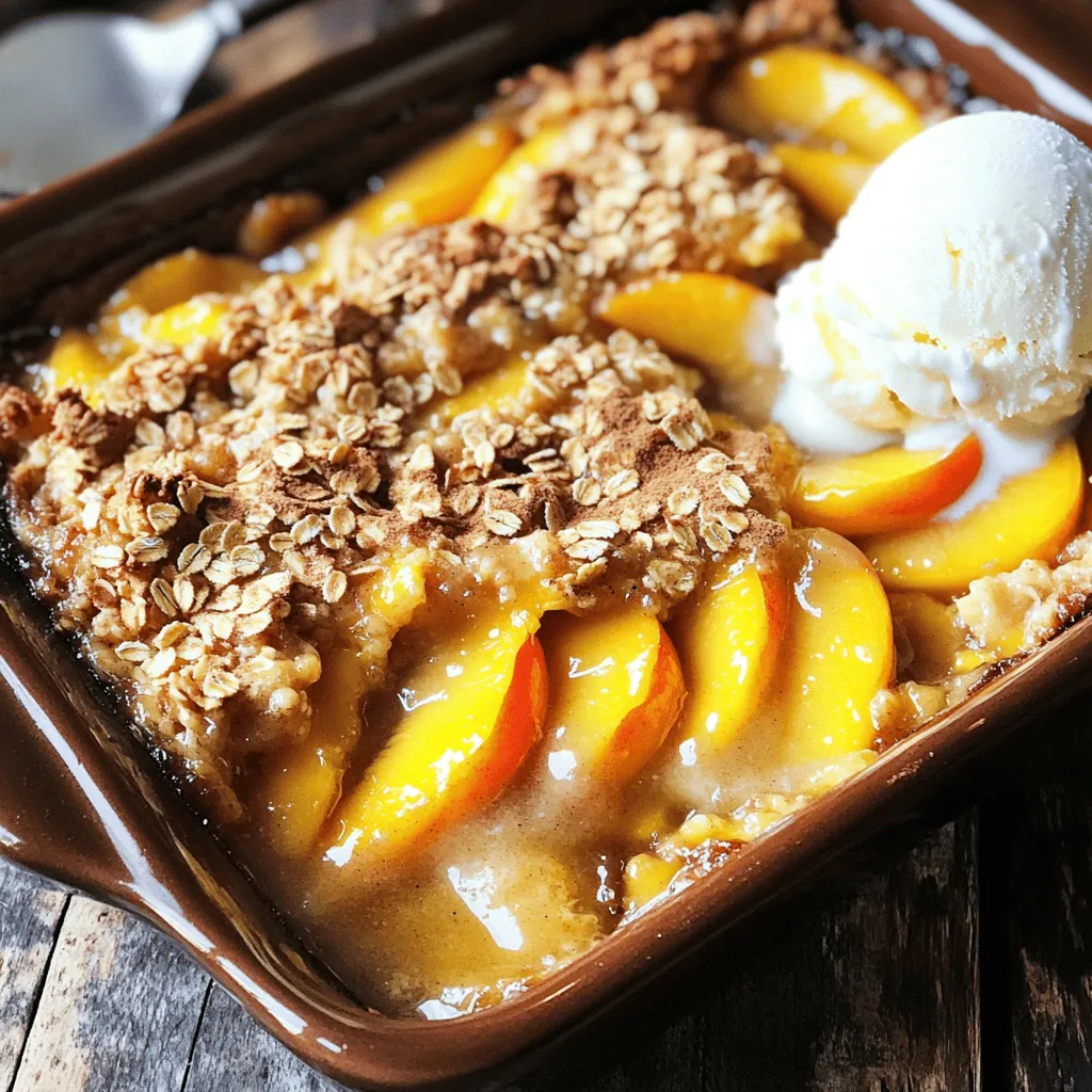 - 4 ripe peaches, peeled, pitted, and sliced - 1 tablespoon lemon juice - 1/2 cup granulated sugar - 1 teaspoon cinnamon - 1 cup rolled oats - 1/2 cup all-purpose flour - 1/2 cup packed brown sugar - 1/2 cup unsalted butter, melted - 1/4 teaspoon salt - Vanilla ice cream (for serving, optional) Selecting ripe peaches is key. Ripe peaches are sweet and juicy. They give your crisp a great flavor. Look for peaches that yield slightly when pressed. Avoid hard or overly soft peaches. Measuring ingredients accurately helps your crisp turn out perfect. Use measuring cups for dry ingredients and a liquid measuring cup for liquids. This ensures you get the right balance for great taste and texture. For the best results, follow the Full Recipe closely. This way, you’ll create a delicious peach crisp that everyone will love! Start by preheating your oven to 350°F (175°C). This temperature helps cook the peach crisp evenly. While the oven warms up, grease a 9x9-inch baking dish with some butter or cooking spray. This step prevents the crisp from sticking. Next, grab four ripe peaches. Peel, pit, and slice them. In a big bowl, toss the peach slices with one tablespoon of lemon juice, half a cup of granulated sugar, and one teaspoon of cinnamon. Mixing these ingredients ensures every peach slice gets coated. This adds flavor and a bit of sweetness. In another bowl, combine one cup of rolled oats, half a cup of all-purpose flour, half a cup of packed brown sugar, and a quarter teaspoon of salt. Mix these dry ingredients well. Then, pour in half a cup of melted butter. Stir until the mixture looks crumbly. This crumbly texture gives the topping a nice bite. Now, pour the peach mixture into your greased baking dish. Spread it out evenly. Then, sprinkle the oat topping over the peaches. Bake your crisp in the preheated oven for 30 to 35 minutes. You know it’s done when the topping turns golden brown and the peaches bubble. Let it cool for a few minutes before serving. For a treat, serve it warm with vanilla ice cream. Enjoy your delicious peach crisp! For the complete recipe, check the [Full Recipe]. To make your peach crisp even better, you can add spices. Try a pinch of nutmeg or allspice. These spices add warmth and depth. You can also add lemon zest for a fresh kick. Mixing in nuts adds crunch. Chopped almonds or walnuts work well. You can also combine peaches with berries or apples for a twist. Getting the topping just right is key. You want it crumbly but not too dry. When mixing, ensure the butter coats the oats and flour well. If the mix feels too wet, add a bit more oats. For a crispy topping, bake until golden brown. Don't rush the baking time; allow the crisp to bubble and set. Serve your peach crisp warm, right out of the oven. It pairs perfectly with a scoop of vanilla ice cream. The cold ice cream melts into the warm crisp, creating a delightful treat. For a special touch, serve it in individual ramekins. Top with fresh mint leaves or a sprinkle of cinnamon for a pop of color. If you're feeling fancy, drizzle caramel sauce over the top. This adds sweetness and looks great! For the full recipe, check out the Peachy Delight Crisp. {{image_2}} You can switch up the fruit in this recipe. Instead of peaches, try using berries, like blueberries or raspberries. Apples are another great choice, especially in the fall. Mixing different fruits can create a unique taste. For example, combine peaches and blueberries for a burst of flavor. Each fruit adds its own sweetness and texture, making every crisp special. If you need gluten-free options, you can use almond flour or gluten-free oats. These swaps keep the crisp tasty and friendly for those with gluten sensitivities. For a vegan version, replace butter with coconut oil or a vegan butter substitute. You can also use coconut sugar or maple syrup instead of regular sugar. These changes let everyone enjoy this dessert without worry. You can adapt this recipe for different seasons. In winter, use fruits like pears or cranberries. They add warmth and a cozy feel. For fall flavors, add spices like nutmeg or allspice, and use apples or pumpkin. Each season brings fresh fruits and flavors. This way, you can enjoy peach crisp all year round! For the full recipe, check the details provided earlier. To keep your peach crisp fresh, store it in the fridge. Place it in an airtight container. This helps prevent it from drying out. You can also cover it with plastic wrap. Enjoy the leftover crisp within 3-4 days for the best taste. To reheat your peach crisp, use the oven for the best results. Preheat your oven to 350°F (175°C). Place the crisp in an oven-safe dish. Heat it for about 15-20 minutes. This will keep the topping crunchy and warm the peaches nicely. You can freeze peach crisp for later. If you want to freeze it before baking, prepare the dish as normal. Cover it tightly with plastic wrap and foil. If you freeze it after baking, let it cool first. Store it in a freezer-safe container. To thaw, place it in the fridge overnight. Reheat it in the oven, as mentioned above. Enjoy your peach crisp anytime! For the full recipe, check the earlier sections. Yes, you can use frozen peaches. Just thaw them first. Drain any extra liquid. Mix them with lemon juice, sugar, and cinnamon as you would fresh peaches. This helps keep the flavors bright. If you like, you can add a bit more sugar, as frozen peaches can taste less sweet. To make it gluten-free, use almond flour or oat flour instead of all-purpose flour. You can also use certified gluten-free oats. These swaps keep the crisp tasty, while making it safe for those with gluten issues. Just remember to check labels when buying these ingredients. Serve peach crisp warm with a scoop of vanilla ice cream. You can also try it with cinnamon ice cream or whipped cream. A drizzle of caramel sauce adds a nice touch. For extra crunch, sprinkle some chopped nuts on top. Peach crisp lasts about 3 to 4 days in the fridge. Keep it in an airtight container to maintain freshness. If you see any mold or an off smell, it’s best to toss it. Reheat it in the oven for the best texture. Yes, you can prepare it ahead. Assemble the peach mixture and topping separately. Store them in the fridge. When you’re ready, just layer and bake. This way, you keep the crisp topping nice and crunchy. This recipe for peach crisp is simple and fun. You learned to choose ripe peaches, mix the filling, and create a tasty topping. I shared tips for flavor and texture, plus ideas for serving. Remember, you can mix fruits, use gluten-free options, and store leftovers easily. Now, go ahead and enjoy making this delightful dessert! You’ll impress family and friends with your new skills. Happy baking!