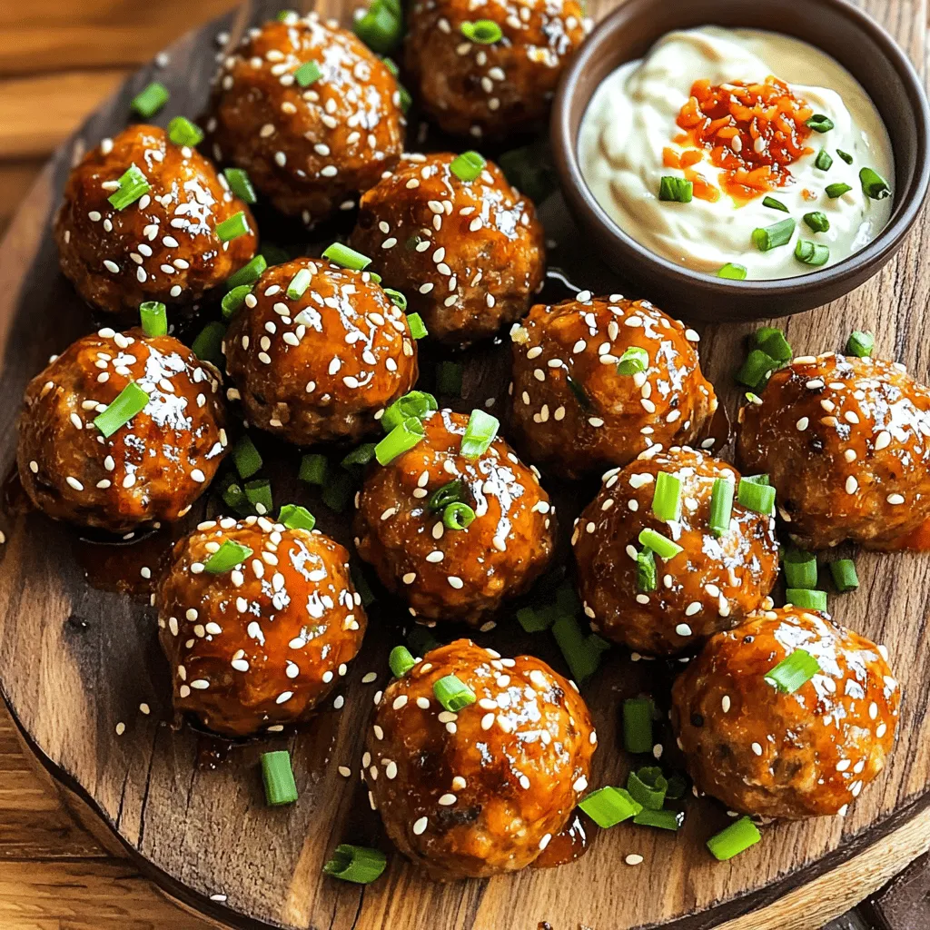 - 1 lb ground beef (or ground turkey) - 1/4 cup breadcrumbs - 1/4 cup green onions, finely chopped - 2 cloves garlic, minced - 1 tablespoon fresh ginger, grated - 2 tablespoons soy sauce - 1 tablespoon sesame oil - 1 tablespoon brown sugar - 1 tablespoon gochujang (Korean chili paste) - 1 teaspoon black pepper - 1/2 cup mayonnaise - 2 tablespoons sriracha (adjust to taste) - Sesame seeds for garnish - Additional green onions for garnish - Side dishes that pair well When I make Korean BBQ meatballs, I love the mix of flavors. The ground beef or turkey gives a hearty base. Adding breadcrumbs helps keep the meatballs tender. Chopped green onions and minced garlic add a fresh kick. Fresh ginger gives a warm, spicy note. Soy sauce adds depth, while sesame oil adds richness. Brown sugar balances the heat from gochujang, giving you that sweet and spicy combo. Black pepper adds just enough bite. For the spicy mayo dip, I use mayonnaise for creaminess. Sriracha brings heat, and you can adjust it as you like. A sprinkle of sesame seeds on top adds a nice crunch. Don't forget to add extra green onions for garnish. They brighten up the dish. You can also serve these meatballs with side dishes like rice or pickled veggies. For the full recipe, check out the details above. - Preheat your oven to 400°F (200°C) and line a baking sheet with parchment paper. - In a large bowl, combine the ground beef (or turkey), breadcrumbs, green onions, minced garlic, grated ginger, soy sauce, sesame oil, brown sugar, gochujang, and black pepper. Mix all the ingredients well. You can use your hands or a fork. Make sure not to overmix. This keeps the meatballs tender and juicy. - Shape the meat mixture into small meatballs, about 1 inch in diameter. Place them on the prepared baking sheet. - Bake the meatballs in the preheated oven for 15-20 minutes. Check for doneness by cutting one open. It should be cooked through and golden brown. The smell will fill your kitchen with joy! - In a small bowl, mix together the mayonnaise and sriracha. - Adjust the sriracha to your desired spice level. Start with a little, then taste and add more if you like it spicier. This spicy mayo dip pairs perfectly with the meatballs. You can also use it on other dishes! For the full recipe, check out the complete instructions above. To make meatballs that are soft and juicy, do not overmix the ingredients. Overmixing makes them tough. Mix until everything is just combined. You can use ground beef, turkey, chicken, or even pork. Each type brings a unique taste and texture. For extra flavor, add spices like onion powder or garlic powder. You could also try sesame seeds or crushed red pepper. Balancing sweet and spicy is key. The brown sugar adds sweetness, while gochujang brings heat. Adjust these to match your taste. Make your meatballs look fancy! Serve them on a platter with toothpicks for easy eating. You can also add extra green onions on top for color. Pair your meatballs with sides like steamed rice or fresh veggies. They make a great meal or snack! Check out the Full Recipe for more tips! {{image_2}} You can use different meats for your Korean BBQ meatballs. Ground chicken or ground pork works well. These meats keep the dish light and flavorful. If you're looking for a meatless option, try using plant-based ground meat. It gives you the same texture without the meat. Want to change the spice level? You can use less gochujang. This way, you can make the meatballs milder. You can also try different dipping sauces. Consider teriyaki sauce or a sweet chili sauce for a sweet twist. Serving meatballs on a skewer is always fun. It makes them easy to grab and enjoy. You can also make lettuce wraps. Simply place the meatballs in a lettuce leaf and add some spicy mayo dip. This adds crunch and freshness to every bite. Enjoy trying these fun ideas with your Korean BBQ meatballs! For the full recipe, be sure to check out the link provided. After you enjoy your Korean BBQ meatballs, store any leftovers safely. Place them in an airtight container. This keeps them fresh and flavorful. Store them in the fridge for up to three days. If you do not eat them in time, they might lose their taste. To freeze meatballs, let them cool first. Then, place them in a single layer on a baking sheet. Freeze them for about an hour. Once frozen, transfer them to a freezer-safe bag. Remove as much air as possible. You can freeze them for up to three months. When ready to eat, bake them straight from the freezer for about 20-25 minutes at 400°F (200°C). This helps keep the flavor and texture. You can repurpose leftover meatballs in many fun ways. Try adding them to a salad for extra protein. They also work well in a sandwich. Just place a few meatballs in a bun and add your favorite toppings. This makes a quick and tasty meal. You can even slice them for a meatball sub. The options are endless! To make Korean BBQ meatballs, start with ground beef or turkey. In a bowl, mix breadcrumbs, green onions, minced garlic, grated ginger, soy sauce, sesame oil, brown sugar, gochujang, and black pepper. Shape this mixture into small meatballs. Bake them in a preheated oven at 400°F for 15-20 minutes. While they bake, mix mayonnaise with sriracha for the dip. Serve the meatballs warm with the spicy mayo dip. You can find the full recipe for step-by-step guidance. Yes, you can substitute some ingredients in this recipe. Use ground chicken or turkey instead of beef for a lighter option. If you don’t have gochujang, use another chili paste. For gluten-free meatballs, switch breadcrumbs with gluten-free options. You can also replace sesame oil with olive oil. Just keep in mind that these changes may slightly alter the flavor. To adjust the spice level, you can modify the amount of gochujang in the meat mixture. Start with a smaller amount if you like it mild. For the spicy mayo dip, control the heat by adding less sriracha. Mix in more mayonnaise if it gets too spicy. Always taste as you go to find the perfect balance for your palate. In this post, I shared how to make delicious Korean BBQ meatballs and a spicy mayo dip. We covered the key ingredients, step-by-step instructions, and helpful tips to enhance your cooking. These meatballs are easy to customize and serve. Remember, cooking is about having fun and experimenting. Enjoy trying these recipes and make them your own!