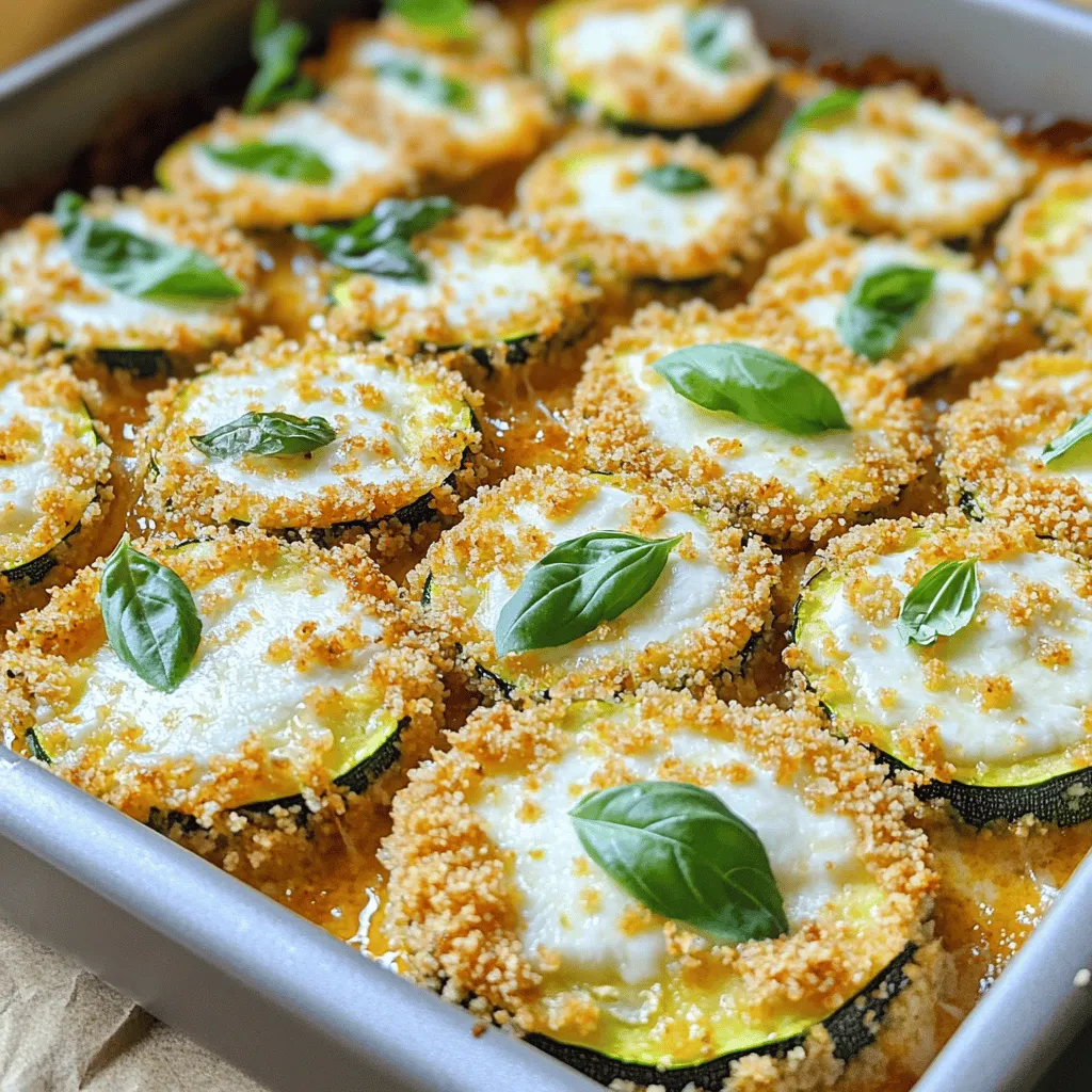 - 3 medium zucchinis, sliced into 1/4-inch rounds - 1 cup breadcrumbs (preferably whole wheat for extra flavor) - 1/2 cup grated Parmesan cheese - 1 cup shredded mozzarella cheese - 2 eggs, beaten - 2 tablespoons fresh basil, chopped - 1 teaspoon garlic powder - 1 teaspoon onion powder - Salt and pepper to taste - Olive oil spray or 2 tablespoons olive oil for drizzling - Fresh parsley for garnish (optional) When you gather your ingredients, choose fresh zucchinis. They should feel firm and have a shiny skin. Whole wheat breadcrumbs add a nice flavor and crunch. You can also use regular breadcrumbs, but whole wheat is my favorite. The blend of cheeses is key here. Parmesan gives a sharp taste, while mozzarella melts beautifully, making the dish creamy. Fresh basil adds a burst of color and flavor. - Calories per serving: About 220 calories - Macronutrient breakdown: - Protein: 12g - Fat: 13g - Carbohydrates: 16g - Dietary considerations: This dish is vegetarian and can be made gluten-free by using gluten-free breadcrumbs. Tracking the nutritional info helps you enjoy your meal without worry. Each serving is filling and balanced with protein and healthy fats. If you have dietary needs, it’s easy to make swaps. For gluten-free, just grab gluten-free breadcrumbs. Enjoy this tasty meal that fits many diets! For the full recipe, check out the Cheesy Zucchini Parmesan Delight 🥒. - Preheat your oven to 375°F (190°C). - Slice the zucchinis into rounds, about 1/4-inch thick. This size helps them cook evenly. - In a large bowl, mix the breadcrumbs and grated Parmesan cheese together. - Add garlic powder, onion powder, salt, and pepper to the bowl. Stir until well blended. This mixture adds great flavor to your dish. - In another bowl, beat the eggs. You will use this to coat the zucchini slices. - Dip each zucchini slice into the egg mixture. Make sure to coat each side well. - Next, take the egg-coated zucchini and roll it in the breadcrumb mixture. Ensure each slice is evenly covered. - Get a baking dish and drizzle it with olive oil or spray it with oil to prevent sticking. - Arrange the breaded zucchini slices in a single layer in the dish. - Bake in the preheated oven for about 20 minutes, until they are golden and crispy. - After 20 minutes, take the dish out and sprinkle the shredded mozzarella cheese on top. - Return it to the oven for an extra 10 minutes, until the cheese is melted and bubbly. - Once done, sprinkle fresh basil on top for a burst of flavor. - Let it cool a bit before serving. Enjoy your crispy and flavorful Zucchini Parmesan! For the complete recipe, check out the Full Recipe section. To make your zucchini crispy, start with even slices. Aim for 1/4-inch rounds. If they are uneven, some will cook faster than others. Coat each slice well. Dip it in the egg mixture first. Then, cover it in the breadcrumb blend. This helps the crust stick better. To get that golden crust, bake at 375°F. Drizzle with olive oil or spray it lightly. This adds flavor and helps crisp up the coating. Keep an eye on them while baking. You want them golden, not burnt. Zucchini Parmesan tastes great on its own, but you can serve it with sauces. Marinara sauce is a classic choice. It adds a nice tangy flavor. Pair it with grilled chicken, fish, or a fresh salad. You can also serve it as a side dish for pasta. It adds a veggie boost to any meal. You can prep your zucchini ahead of time. Slice and coat them, then store them in the fridge. They stay fresh for a day. If you want to save time, try an air fryer. It cooks the zucchini faster and still makes them crispy. Set it to 375°F and check them after about 10 minutes. For the full recipe, check out the Cheesy Zucchini Parmesan Delight. {{image_2}} You can easily boost the flavor of Zucchini Parmesan. Try adding fresh herbs like thyme or oregano. These herbs add a nice touch. You can also swap out cheeses. Cheddar gives a sharper taste, while a mozzarella blend brings creaminess. Experiment with what you like best! Zucchini Parmesan shines as both a side dish and a main dish. Serve it alongside grilled chicken or fish for a tasty meal. You can also make it a star by serving it in a casserole style with marinara sauce poured over the top. The sauce adds moisture and flavor, making it even more delightful. If you need gluten-free options, use gluten-free breadcrumbs. They work great in this recipe. For vegan modifications, replace the eggs with flaxseed meal mixed with water. You can also use a dairy-free cheese for a tasty substitute. These tweaks keep the dish enjoyable for everyone. For the full recipe, check out the Full Recipe section. To store leftovers, place Zucchini Parmesan in an airtight container. This keeps it fresh and tasty. Refrigerate it within two hours of cooking. For reheating, use the oven for the best results. Preheat your oven to 350°F (175°C). Bake for about 15 minutes, or until heated through. This method keeps the zucchini crispy. You can freeze Zucchini Parmesan before or after baking. To freeze before baking, assemble the dish as usual. Cover it tightly with plastic wrap and foil. It can stay in the freezer for up to three months. If freezing after baking, let it cool first. Then, cut it into portions and wrap them well. Use freezer-safe bags for easy storage. In the fridge, Zucchini Parmesan stays fresh for about three to four days. Keep an eye out for signs of spoilage. If you see mold or an off smell, it’s best to toss it. Enjoy your delicious Zucchini Parmesan delight with confidence! For the full recipe, check out the Cheesy Zucchini Parmesan Delight recipe. Yes, you can make Zucchini Parmesan ahead of time. Prepare the dish and store it in the fridge. Cover it tightly with plastic wrap or foil. It can stay fresh for about 2 days. If you want to bake it later, let it sit at room temperature for 30 minutes before baking. This helps the dish heat evenly. If you need a substitute for Parmesan cheese, try these options: - Pecorino Romano: It has a strong flavor. - Nutritional yeast: Great for a vegan option. - Grana Padano: Similar taste but milder. - Aged Asiago: Offers a nutty profile. Each of these cheeses can add a unique twist to your dish. To make Zucchini Parmesan gluten-free, simply swap regular breadcrumbs for gluten-free breadcrumbs. You can also use crushed rice cereal or ground nuts. These options provide a nice crunch and flavor. Always check labels to ensure they are gluten-free. Yes! You can use other veggies instead of zucchini. Here are some tasty options: - Eggplant: It has a nice texture. - Yellow squash: Similar to zucchini, it works well. - Bell peppers: They add a sweet twist. - Mushrooms: Great for a meaty flavor. Feel free to mix and match your favorite veggies in this recipe! Zucchini Parmesan is a simple dish packed with flavor and nutrition. We covered the key ingredients, how to prep, and tips for perfecting your dish. You can easily modify it for dietary needs or make it ahead of time. Consider serving it with delicious dips or sauces. This dish can be a side or main meal. Enjoy making it your own. With these steps and tips, you'll create a tasty and satisfying dish every time.
