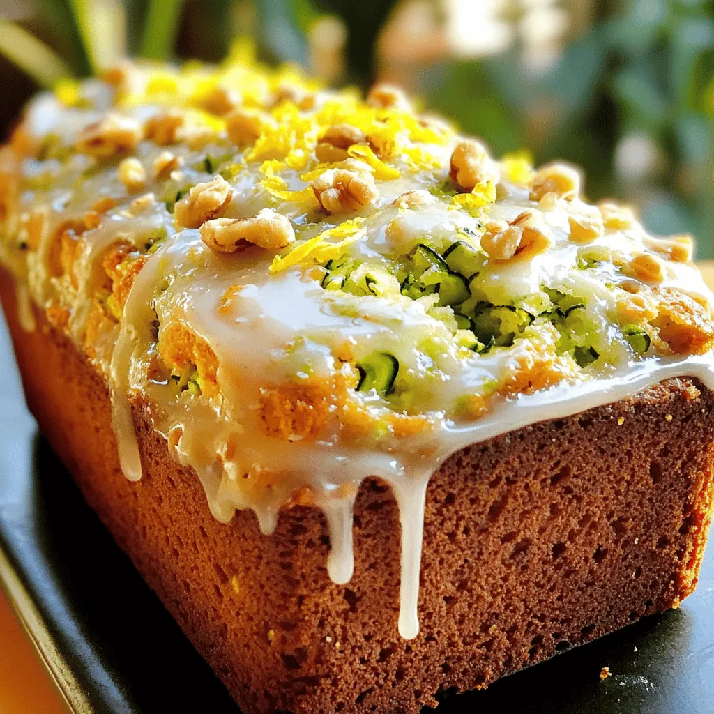 To make lemon zucchini bread, you need these main ingredients: - 1 cup grated zucchini (about 1 medium zucchini) - 1 cup granulated sugar - 1/2 cup unsalted butter, softened - 2 large eggs - 1 teaspoon vanilla extract - 1 tablespoon lemon zest - 1/4 cup fresh lemon juice - 1 and 1/2 cups all-purpose flour - 1 teaspoon baking powder - 1/2 teaspoon baking soda - 1/4 teaspoon salt These ingredients create a moist and flavorful bread that blends sweet and tangy notes. You can enhance your lemon zucchini bread with these optional ingredients: - 1/2 teaspoon ground cinnamon - 1/2 cup chopped walnuts or pecans Adding cinnamon gives warmth, while nuts add crunch. Both make your bread even tastier. If you need alternatives, consider these substitutes: - Use coconut oil instead of unsalted butter for a dairy-free option. - Replace eggs with flaxseed meal (1 tablespoon flaxseed meal + 2.5 tablespoons water = 1 egg). - For gluten-free bread, swap all-purpose flour with a 1:1 gluten-free flour blend. These swaps help accommodate different diets while keeping the flavor intact. You can find the full recipe to get started on this delightful treat! First, preheat your oven to 350°F (175°C). This step warms up your oven, so your bread bakes evenly. Next, grab a 9x5 inch loaf pan. You can grease it with butter or line it with parchment paper. This helps the bread come out easily. In a large bowl, start by creaming together the softened butter and granulated sugar. Mix until the mixture is light and fluffy. This should take about 2-3 minutes. Then, add the eggs one at a time. Make sure to beat well after each egg. Now stir in the vanilla extract, lemon zest, and fresh lemon juice. Mix until everything is well combined. In another bowl, combine the all-purpose flour, baking powder, baking soda, salt, and ground cinnamon if you choose to use it. Stir these dry ingredients together. This helps them mix well and ensures even baking. Now it’s time to fold in the grated zucchini and walnuts or pecans, if you want. Use a spatula to gently mix them into the batter. Be careful not to overmix. You want to keep your bread light and fluffy. Pour the batter into your prepared loaf pan. Smooth the top with a spatula to make it even. Place the pan in your preheated oven. Bake for 50-60 minutes. Check for doneness by inserting a toothpick in the center. If it comes out clean, your bread is ready. Once the bread is baked, remove it from the oven. Let it cool in the pan for about 10 minutes. Then, transfer it to a wire rack to cool completely. This step keeps the bread from getting soggy. Enjoy the wonderful smell of lemon and zucchini as it cools! To check if your lemon zucchini bread is done, use a toothpick. Insert it into the center of the loaf. If it comes out clean, your bread is ready. If it has batter on it, bake a little longer. This simple test helps prevent gooey centers. To keep your zucchini bread light, do not overmix the batter. Mix just until the dry ingredients are combined. Fold in the zucchini gently. Also, use fresh zucchini for moisture. If it’s too watery, pat it dry with a paper towel before adding. You can boost the lemon flavor in your bread. Add more lemon zest for a stronger taste. A splash of lemon extract can also help. For a twist, try adding lemon oil. It brings an intense citrus aroma. These small changes can make your lemon zucchini bread truly special. For the complete cooking process, check the Full Recipe. {{image_2}} You can make gluten-free lemon zucchini bread easily. Use gluten-free flour instead of all-purpose flour. Many brands offer great options. Make sure the flour blend has xanthan gum for good texture. The taste will still be fresh and bright. Turn your bread into muffins for a quick snack. Use the same batter but pour it into muffin tins. Bake for about 20-25 minutes. You will get soft, tasty muffins. They are perfect for breakfast or lunch boxes. Try adding herbs or spices to change the flavor. Fresh basil or mint can add a nice touch. You can also use nutmeg or ginger for warmth. These variations will keep your baking exciting and new. Explore the [Full Recipe] for the basics, and let your creativity shine! To keep your lemon zucchini bread fresh, wrap it well. Use plastic wrap or foil. Store it at room temperature for up to three days. If you want it to last longer, put it in the fridge. This will keep it good for about a week. Make sure it cools down before you store it. This helps to prevent sogginess. Freezing is a great way to save extra bread. First, slice the bread once it cools. Wrap each slice tightly in plastic wrap. Then, place the slices in a freezer bag. Remove as much air as you can. You can freeze it for up to three months. When you're ready to eat, just thaw it in the fridge overnight. To enjoy that fresh taste, reheat your bread before serving. You can use an oven or a microwave. For the oven, preheat to 350°F (175°C). Place the bread on a baking sheet and heat for about 10 minutes. If using a microwave, warm a slice for about 15-20 seconds. Enjoy it warm for the best flavor. For more detailed steps, check the Full Recipe. Yes, you can use frozen zucchini. Thaw it and drain excess water before using. Fresh zucchini adds a better texture, but frozen works fine in a pinch. Just ensure you squeeze out the liquid so your bread doesn't get soggy. If you need an egg substitute, try using unsweetened applesauce. Use 1/4 cup for each egg. You can also use flaxseed meal mixed with water. Mix 1 tablespoon of flaxseed with 3 tablespoons of water. Let it sit for a few minutes until it thickens. Both options work well in this recipe. Lemon Zucchini Bread lasts about 3 to 4 days at room temperature. Keep it in an airtight container or wrap it in plastic wrap. For longer storage, you can freeze it. It stays fresh for up to three months in the freezer. Absolutely! Adding chocolate chips can make this bread even more delightful. Fold in about 1/2 cup of your favorite chocolate chips before baking. The sweet chocolate pairs well with the tangy lemon. Any zucchini works, but smaller ones are best. They have a sweeter taste and less water. Look for firm, shiny zucchini without blemishes. Green or yellow zucchini both work well in this recipe. Enjoy experimenting with your Lemon Zucchini Bread! For the full recipe, check the earlier section. Lemon zucchini bread is a delightful treat with many ways to make it. You learned about key ingredients and fun twists for flavor. I shared tips for baking and storage to keep it fresh. Remember, you can try substitutes based on your diet. In the end, this recipe offers variety and easy methods for all skill levels. Let your creativity shine with each loaf or muffin. Enjoy your baking journey and share this tasty joy with others!