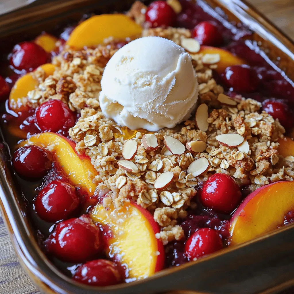 - 2 cups fresh cherries, pitted and halved - 2 cups ripe peaches, peeled and sliced - 1 cup rolled oats - 1/2 cup all-purpose flour - 1/2 cup brown sugar - 1/4 cup granulated sugar - 1 teaspoon ground cinnamon - 1/2 teaspoon salt - 1/2 cup unsalted butter, melted - 1/4 cup sliced almonds (for a unique crunch) - 1 teaspoon vanilla extract - Prep Time: 15 minutes - Total Time: 50 minutes - Servings: 8 When it comes to making the perfect Cherry Peach Crisp, fresh fruit is critical. The bright flavor of cherries and peaches makes the dessert shine. You need ripe peaches for sweetness and juicy cherries for a hint of tartness. Next, the crisp topping is where the magic really happens. Rolled oats provide a hearty base, while flour and sugar create a delightful crumble. Cinnamon adds warmth, and sliced almonds give a nice crunch. The melted butter binds it together, making each bite irresistible. This recipe calls for basic ingredients that you probably already have at home. It’s quick and easy, making it a great choice for gatherings or a cozy night in. Check the [Full Recipe] for step-by-step guidance to bring this sweet treat to life! - Preheat the oven to 350°F (175°C). - In a large mixing bowl, combine 2 cups of fresh cherries and 2 cups of ripe peaches. Add 1/4 cup of granulated sugar and 1 teaspoon of vanilla extract. Toss the fruit to coat it well. - Pour the fruit mixture into a greased baking dish. Make sure it spreads evenly. - In a separate bowl, mix 1 cup of rolled oats, 1/2 cup of all-purpose flour, 1/2 cup of brown sugar, 1 teaspoon of ground cinnamon, and 1/2 teaspoon of salt. Stir until blended. - Pour 1/2 cup of melted butter over the dry ingredients. Stir until the mixture looks crumbly. - Fold in 1/4 cup of sliced almonds. This adds a nice crunch to the topping. - Spread the oat topping evenly over the fruit layer in the baking dish. - Bake in the preheated oven for 30-35 minutes. Look for a golden brown color and bubbling fruit. - Once baked, let the crisp cool for 10 minutes. This helps the juices settle before serving. For the full recipe, check out the Cherry Peach Crisp section. Enjoy making this sweet dish! Serve your cherry peach crisp warm to enjoy its best taste. Top it with a scoop of vanilla ice cream. This adds a creamy contrast to the warm fruit. For extra flavor, drizzle honey over the top. You can also sprinkle some cinnamon for a cozy touch. To create a great flavor mix, use both sweet and tart cherries. This gives your dish a nice balance. Make sure the fruit is well coated in sugar. This helps bring out the natural sweetness and ensures even flavor. For even cooking, opt for a 9x13-inch baking dish. This size fits all the ingredients perfectly. Use a fruit pitter for quick and easy cherry prep. It saves time and keeps your hands clean. With these tools, you will have a smooth cooking experience. Enjoy making your cherry peach crisp with these handy tips! {{image_2}} You can mix in other fruits for a fun twist. Combine cherries and peaches with blueberries or raspberries for a berry crisp. The berries add tartness and depth. You can also squeeze in a splash of lemon juice. This brightens the flavors and makes the fruit pop. If you want a vegan option, swap out the butter. Use coconut oil instead. It works great and adds a hint of sweetness. For gluten-free needs, just choose gluten-free oats and flour. This way, everyone can enjoy the dessert without worry. Want to spice things up? Add a pinch of nutmeg. This gives your crisp a warm, cozy flavor. You can also use fresh herbs like mint. Just a few leaves can add a refreshing touch to your dish. These small changes make a big difference in taste. Store leftover cherry peach crisp in an airtight container in the fridge. It can last for up to 3-4 days when properly stored. This way, you can enjoy the sweet taste of summer anytime you want. You can also freeze portions of your cherry peach crisp. Use resealable bags or containers for up to three months. When ready to eat, thaw it overnight in the fridge before reheating. This keeps the flavors fresh and tasty. To enjoy your cherry peach crisp again, reheat it in the oven. Set your oven to 350°F and heat for about 15-20 minutes. This method keeps the topping crisp. You can also use a microwave, but it may make the topping softer. Either way, it will still taste great! Yes, you can use frozen cherries and peaches. Just thaw them first. Make sure to drain any extra liquid. This way, your crisp won’t be too soggy. Using frozen fruit gives you the same sweet taste as fresh fruit. Cherry Peach Crisp offers both fruit and oats. While it has sugar and butter, it can be a balanced dessert. Enjoy it in moderation. The fruits provide vitamins, and oats add fiber. This makes the dessert a bit healthier than others. Absolutely! You can prepare it in advance. Just store it in the fridge until you are ready to bake. If it is chilled, it may take a few extra minutes to cook. This way, you can enjoy it fresh without much hassle. For the full recipe details, refer back to the earlier section. This blog post covered a tasty cherry peach crisp recipe, from ingredients to storage tips. You learned how fresh fruit, a delightful topping, and simple steps come together for a delicious dessert. Remember, adding nuts or berries can enhance flavor. Enjoy it warm with ice cream for a special touch. Whether you freeze it or make it ahead, this dish is sure to please. Try these ideas and make it your own. Enjoy creating this sweet treat!