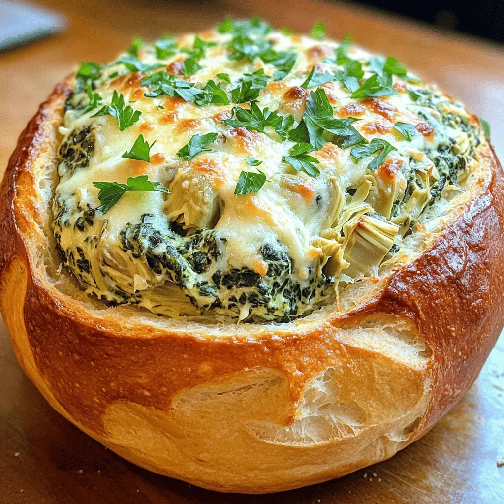To make this delicious dish, you need the following items: - 1 large round sourdough bread loaf - 1 cup fresh spinach, chopped - 1 cup canned artichoke hearts, drained and chopped - 1 cup cream cheese, softened - 1/2 cup sour cream - 1/2 cup mayonnaise - 1 cup shredded mozzarella cheese - 1/2 cup grated Parmesan cheese - 2 cloves garlic, minced - 1 teaspoon onion powder - 1 teaspoon lemon juice - Salt and pepper to taste - 1 tablespoon olive oil - Fresh parsley for garnish You can swap some ingredients for different flavors or diets. Here are some options: - Use ricotta cheese instead of cream cheese for a lighter filling. - Swap sour cream with Greek yogurt for a tangy twist. - Try using fresh herbs like basil or dill for extra flavor. - If you want a vegan dish, use plant-based cream cheese and mayo. To prepare this stuffed bread, you’ll need a few tools: - A large mixing bowl for combining the filling. - A baking sheet to hold your stuffed bread while it bakes. - A sharp knife for hollowing out the bread. - A spoon for scooping and stuffing the filling into the bread. Check out the Full Recipe for more details on how to prepare this tasty dish! First, gather your ingredients. You will need cream cheese, sour cream, and mayonnaise. Mix these together in a bowl until they're smooth. Then, add the chopped spinach and artichokes. Next, toss in the mozzarella and Parmesan cheese. Don't forget the minced garlic and onion powder for flavor. A splash of lemon juice adds a nice zing. Season this mixture with salt and pepper. Mix it all well. Your filling is now ready! Take your large round sourdough loaf. Use a sharp knife to slice off the top. This will create a lid. Carefully remove the bread from the center. Leave enough bread around the edges. You want to make a bowl for the filling. Be gentle, so you don’t break the bread. Brush the inside with olive oil. This helps keep the bread from getting soggy. Preheat your oven to 350°F (175°C). Now, fill the hollowed-out bread with your spinach and artichoke mixture. Pack it in well to avoid air pockets. Place the stuffed bread on a baking sheet. Bake it for 25-30 minutes. You want the bread to turn golden brown. The filling should be hot all the way through. When it's done, take it out and let it cool for a few minutes. Cut it into slices and enjoy! For a pop of color, add fresh parsley on top. For the full recipe, check it out [here](#). To keep your stuffed bread from getting soggy, brush the inside with olive oil. This step helps create a barrier. You also want to hollow out the bread carefully. Remove excess bread but leave enough crust to hold the filling. Avoid packing too much filling, as it can make the bread wet. When mixing your ingredients, start with the cream cheese, sour cream, and mayonnaise. Blend them until smooth. This mix should be creamy for the best texture. Gradually add in the spinach, artichokes, and cheeses. Stir gently to keep everything combined without breaking the artichokes too much. Don’t forget to season with garlic and onion powder for added flavor. This dish shines as a snack or appetizer. Serve it warm, cut into wedges. Pair it with a light salad for a fuller meal. You can also offer dips like marinara or ranch on the side. A sprinkle of fresh parsley on top adds a nice touch. For the full recipe, check out Spinach and Artichoke Stuffed Bread. {{image_2}} To mix things up, try different cheeses in your stuffed bread. You can swap mozzarella for gouda or cheddar for a bold flavor. Cream cheese works well, but you can also use ricotta or goat cheese for a creamier texture. Each cheese adds a unique taste. Experiment with blends to find your favorite! If you want a vegetarian version, keep the ingredients as they are. For a vegan option, replace cream cheese, sour cream, and mayonnaise with plant-based alternatives. Use cashew cream or tofu for a creamy base. You can also add nutritional yeast to give it a cheesy flavor without dairy. Enhance the flavor of your stuffed bread with herbs and spices. You can add fresh basil, dill, or thyme for a fresh taste. A pinch of red pepper flakes brings heat, while smoked paprika adds depth. Don’t be afraid to play with flavors to make it your own. For the full recipe, click [Full Recipe]. To store leftover stuffed bread, wrap it tightly in plastic wrap. Place the wrapped bread in an airtight container or a resealable bag. This keeps the bread fresh for up to three days in the fridge. If you want to eat it later, storing it properly prevents it from drying out. When reheating, I recommend using an oven. Preheat the oven to 350°F (175°C). Remove the wrapping and place the bread on a baking sheet. Heat it for about 10-15 minutes. This method keeps the bread crust crispy. You can also use a microwave, but it may make the bread soft. If you use the microwave, heat it for 30 seconds at a time until warm. If you want to keep the stuffed bread longer, freezing is a great option. Wrap the leftover bread in plastic wrap, then in aluminum foil. Label the package with the date. It can stay in the freezer for up to three months. When ready to eat, thaw it in the fridge overnight. Reheat it in the oven for the best texture. This way, you enjoy your spinach and artichoke stuffed bread when you crave it! For the full recipe, check the main section. I recommend using a large round sourdough bread loaf. Sourdough has a chewy crust and a soft inside. Its texture holds the filling well without getting soggy. Other good options include Italian or French bread. Just make sure the bread is sturdy enough to hold the filling. Yes, you can prepare it ahead. Mix the filling a day before and store it in the fridge. Hollow out the bread and keep it covered. When you’re ready to bake, just fill the bread and pop it in the oven. This saves time and makes it easy for gatherings. To make this dish gluten-free, choose gluten-free bread. Many brands offer gluten-free sourdough or Italian bread. Ensure all other ingredients are also gluten-free. This way, everyone can enjoy this delightful treat without worry. In this blog post, we explored making delicious Spinach and Artichoke Stuffed Bread. We covered ingredients, substitutes, and equipment needed. You learned how to prepare the filling, hollow out the bread, and bake it perfectly. I shared tips to avoid sogginess and ways to serve it. We also discussed various cheese options and how to store leftovers. This recipe is versatile and easy to customize. Enjoy creating your own stuffed bread masterpiece, and share it with family and friends. You’ll impress everyone with your tasty creation!