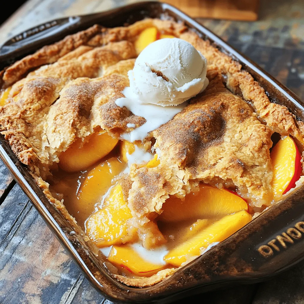 Using fresh peaches makes this cobbler shine. Look for ripe peaches that are soft but not mushy. The sweetness of ripe peaches adds a bright taste. You will need six peaches for this recipe. Washing and peeling the fruit will help your cobbler taste great. Here are the key items you need to bake this treat: - 6 ripe peaches, peeled and sliced - 1 cup granulated sugar, divided - 1 tablespoon lemon juice - 1 teaspoon vanilla extract - 1 teaspoon ground cinnamon - 1/2 teaspoon nutmeg - 1 cup all-purpose flour - 1 tablespoon baking powder - 1/2 teaspoon salt - 1 cup whole milk - 1/2 cup unsalted butter, melted - 1/4 cup brown sugar - 1 teaspoon cornstarch (optional) These ingredients work together to create a warm, sweet dessert. The sugar helps the peaches caramelize, while the flour gives the cobbler its nice texture. You can add a twist to your cobbler with some optional items. Consider a pinch of ginger for a spicy kick. You might also use almond extract instead of vanilla for a nutty flavor. If you want a thicker filling, add the cornstarch to the peaches. These small changes let you make the recipe your own. Check out the Full Recipe for more ideas! Start by washing the peaches well. I love using ripe peaches for this recipe. They should feel soft but not mushy. Peel and slice them into thin pieces. In a large bowl, mix the sliced peaches with 1/2 cup of granulated sugar, lemon juice, vanilla extract, ground cinnamon, nutmeg, and cornstarch if you choose to use it. Toss everything together gently. Let the peaches sit for about 15 minutes. This step helps to bring out their sweet juices. In another mixing bowl, combine 1 cup of all-purpose flour, the remaining 1/2 cup of granulated sugar, baking powder, and salt. Whisk the dry ingredients together. Once mixed, slowly add 1 cup of whole milk and 1/2 cup of melted unsalted butter. Stir until just combined. Be careful not to overmix; a few lumps are okay. This will give a nice, fluffy batter for your cobbler. Now it’s time to bake! Preheat your oven to 350°F (175°C). Grease a 9x13 inch baking dish and pour the batter into it. Carefully spoon the marinated peach mixture over the batter. Do not stir; the peaches will settle as they bake. Finally, sprinkle 1/4 cup of brown sugar over the top. This will create a sweet, caramelized layer. Bake for 35-40 minutes. You’ll know it’s done when it’s golden brown and a toothpick comes out clean. Let it cool for about 10 minutes before serving. This will help the juices set and make it easier to serve. For a delightful treat, serve warm with a scoop of vanilla ice cream. Enjoy your Fresh Peach Cobbler Bliss! To pick the best peaches, look for ones that feel slightly soft. They should have a sweet smell. The skin should be smooth and mostly yellow. Avoid peaches with dark spots or wrinkles. Always choose organic if you can. This ensures better flavor and no harmful sprays. Ripe peaches make the best peach cobbler. Fresh Peach Cobbler Bliss deserves only the finest fruit! One common mistake is not letting the peaches sit long enough. Marinating them helps bring out their juice and flavor. Another error is overmixing the batter. This can make the cobbler dense instead of light. Also, do not stir the peaches into the batter. They need to sit on top to create the perfect texture. Lastly, avoid skipping the brown sugar. It gives a nice caramelized finish that everyone loves. Serve Fresh Peach Cobbler Bliss warm for the best taste. A scoop of vanilla ice cream on top is a must! It melts into the warm cobbler and adds creaminess. You can also add a sprinkle of cinnamon for extra flavor. For a fun twist, try serving it with whipped cream or fresh mint. Enjoy it with a cup of coffee or sweet tea for a delightful treat. {{image_2}} You can switch up the fruit in this cobbler. Try using ripe berries, like blueberries or strawberries. Apples also work well. They add a nice crunch and flavor. You can mix fruits too. Just keep the same amount of fruit to ensure a good balance. Each fruit gives a unique taste to your cobbler. If you need a gluten-free option, it's simple. Just replace the all-purpose flour with a gluten-free blend. Many brands have great mixes that work well in baking. You can also use almond or coconut flour for different flavors. Add a bit more liquid if the batter seems too thick. This keeps the cobbler soft and tasty. Spices can really boost the flavor of your cobbler. Add a pinch of cardamom or ginger for warmth. You can also try adding some citrus zest, like orange or lemon. This brightens the dish and adds freshness. Experiment with spices to make your cobbler unique. Trust your taste buds to guide you! To store leftover peach cobbler, first let it cool. Once cool, cover it tightly with plastic wrap or aluminum foil. You can also place it in an airtight container. This keeps it fresh for 2 to 3 days in the fridge. If you want to keep it longer, consider freezing. Reheat your peach cobbler in the oven for the best taste. Preheat your oven to 350°F (175°C). Place the cobbler in a baking dish and cover it with foil. Heat for about 15-20 minutes. If you prefer the microwave, heat a single serving for 30-60 seconds. Enjoy it warm for the best flavor. Freezing peach cobbler is easy and smart. First, let it cool completely. Cut it into portions and wrap each piece tightly in plastic wrap. Then, place the wrapped pieces in a freezer bag. Label the bag with the date. You can freeze it for up to 3 months. When you're ready to eat, thaw in the fridge overnight before reheating. This way, you can enjoy Fresh Peach Cobbler Bliss anytime! Yes, you can use canned peaches. They are convenient and save time. Make sure to drain them well before adding to the mix. Canned peaches tend to be softer than fresh ones. This may change the texture of your cobbler a bit. If you like a firmer bite, fresh peaches are best. You can tell your cobbler is ready when it turns golden brown. A toothpick test works well. Insert a toothpick into the center; it should come out clean. Another sign is the bubbling around the edges. If you see this, it’s a good sign that your cobbler is done. If you want a butter substitute, try using coconut oil. It gives a nice flavor and works well in baking. You can also use vegetable oil or applesauce for a healthier twist. Each option changes the taste slightly, but they all keep the cobbler moist and delicious. For the full recipe, check the details above. In this post, we covered how to make a delicious peach cobbler. We explored fresh ingredients to enhance flavor and essential baking components for success. I shared step-by-step instructions, tips, and even variations to suit your taste. Remember, choosing ripe peaches and avoiding common mistakes matter. Now you know how to store leftovers and reheat them for later enjoyment. With this knowledge, you're ready to bake a perfect peach cobbler any time! Enjoy the fruits of your labor and create some memorable moments.