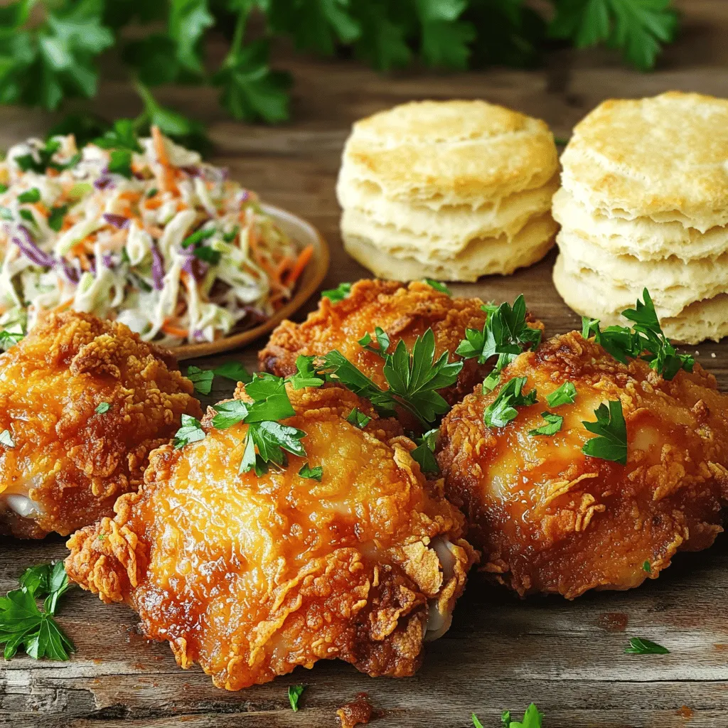 - 4 chicken thighs (bone-in, skin-on) - 1 cup buttermilk - 1 tablespoon hot sauce - 1 cup all-purpose flour - 1 teaspoon garlic powder - 1 teaspoon onion powder - 1 teaspoon smoked paprika - 1 teaspoon cayenne pepper (for spice preference) - 1 teaspoon dried thyme - 1 teaspoon black pepper - 1 teaspoon salt - Oil for frying (vegetable or peanut oil) To make crispy KFC-style chicken, you need simple, fresh ingredients. The chicken thighs are juicy and flavorful, and the skin gives that perfect crunch. Buttermilk adds moisture and tenderness, while hot sauce gives a spicy kick. The flour mix packs a punch with garlic and onion powder, smoked paprika, and cayenne pepper. These spices bring warmth and depth. Dried thyme, black pepper, and salt round out the taste. Use vegetable or peanut oil for frying. The right oil choice helps achieve that golden brown color and crisp texture. You can find the full recipe to guide you through each step. Happy cooking! - First, combine 1 cup of buttermilk with 1 tablespoon of hot sauce in a bowl. Whisk it until smooth. - Next, place 4 chicken thighs in a large ziplock bag or a shallow dish. Pour the buttermilk mix over the chicken, ensuring it covers every piece. Seal the bag or cover the dish. Refrigerate for at least 4 hours. For the best flavor, let it marinate overnight. - In another bowl, mix together 1 cup of all-purpose flour, 1 teaspoon of garlic powder, 1 teaspoon of onion powder, 1 teaspoon of smoked paprika, 1 teaspoon of cayenne pepper, 1 teaspoon of dried thyme, 1 teaspoon of black pepper, and 1 teaspoon of salt. - Set up a dredging station. Place the flour mixture on one side and keep a plate nearby to hold the coated chicken. - Heat oil in a deep skillet or fryer. Aim for 350°F (175°C). Make sure there is enough oil to cover the chicken halfway. - Carefully add the chicken to the hot oil, skin side down. Fry in small batches to avoid overcrowding. Cook for about 10-12 minutes until golden brown. - Flip the chicken and cook for another 8-10 minutes. Check that the internal temperature reaches 165°F (75°C) to ensure it’s fully cooked. - Remove the chicken from the oil and place it on a wire rack or paper towels to drain extra oil. Allow it to rest for a few minutes before serving. For detailed directions, check the Full Recipe. To make your chicken crispy, oil temperature is key. Heat the oil to 350°F (175°C). Use a kitchen thermometer to check the heat. If your oil is too cold, the chicken will absorb oil and become soggy. If it's too hot, the outside will burn before the inside cooks. Another tip is to avoid overcrowding the pan. Fry in small batches. If you add too much chicken, the temperature drops. This can lead to uneven cooking and less crunch. Give each piece space to fry properly. For extra flavor, you can add spices to the flour mix. Try adding: - 1 teaspoon cumin - 1 teaspoon chili powder - 1 teaspoon dried oregano These spices will add depth to the taste. You can also try different marinades. Instead of just buttermilk, use a mix of yogurt and lemon juice. This adds a tangy twist to your chicken. Serve your crispy chicken with classic sides. Coleslaw adds a refreshing crunch. Mashed potatoes bring comfort. Don't forget homemade biscuits for a true feast. For presentation, stack the chicken on a large platter. Garnish with fresh parsley. This gives your dish color and makes it pop. Enjoy every bite! {{image_2}} You can use different cuts of chicken for this recipe. Chicken thighs give great flavor and moisture. They stay juicy even when fried. If you want a leaner option, try chicken breasts. They will cook faster, so watch them closely. Chicken wings are also a fun choice. They can be great for parties or game day. Each cut brings its own taste and texture. If you need a gluten-free option, you can switch the flour. Almond flour or rice flour works well. These flours can give a nice crunch, too. Just make sure to check the labels. Sometimes they may have added ingredients. Your chicken will still turn out crispy and tasty. This way, everyone can enjoy it! Do you like it spicy? You can easily adjust the heat level. Add more cayenne pepper for a kick. If you prefer it mild, use less cayenne. You can also add black pepper to taste. For a new twist, try adding chili powder or paprika. Each change gives a new flavor. You get to choose how spicy or mild you want your chicken! To keep your crispy chicken fresh, let it cool first. Place it in an airtight container. This helps keep the chicken moist. Store it in the fridge for up to three days. Make sure to separate pieces with parchment paper to avoid sticking. This method helps preserve the flavor and texture. If you want to save some for later, freezing is a great option. Wrap each piece of chicken in plastic wrap. Then, place them in a freezer bag. Be sure to remove as much air as possible. This helps prevent freezer burn. You can freeze the chicken for up to three months. Just remember to label the bag with the date. To reheat your chicken, aim to keep it crispy. The oven is a great choice. Preheat it to 375°F (190°C). Place the chicken on a wire rack over a baking sheet. Bake for about 15-20 minutes until hot. Another option is using an air fryer. This method can help maintain that crispy coating. Heat it at 350°F (175°C) for 8-10 minutes. Enjoy your delicious leftover chicken! For frying chicken, I recommend using vegetable oil or peanut oil. These oils have high smoke points, which means they can handle high heat without burning. This helps the chicken cook evenly and develop that perfect crispy crust. Both oils also have a neutral flavor, allowing the chicken's taste to shine through. Marinating the chicken is key for flavor and tenderness. I suggest marinating for at least 4 hours, but overnight is even better. This allows the buttermilk and hot sauce to soak deep into the meat. The longer the chicken sits, the more juicy and flavorful it becomes. Yes, you can bake this chicken if you prefer a healthier option. Preheat your oven to 400°F (200°C). After coating the chicken, place it on a baking sheet. Bake for 30 to 40 minutes, flipping halfway through. This will give you a crispy result, but it may not be as crisp as frying. You can find the full recipe for crispy KFC-style chicken [here](#). It includes all the steps and details you need to make this dish at home. You now have all the tools to make delicious fried chicken. We covered the essential ingredients, from chicken thighs to spices. You'll know how to marinate, fry, and get that crispy texture. Remember the tips for flavor and storage to keep your chicken tasty. If you're feeling adventurous, try different cuts or spice levels. Fried chicken can be your go-to meal, perfect for any occasion. Enjoy your cooking and the great meals ahead!