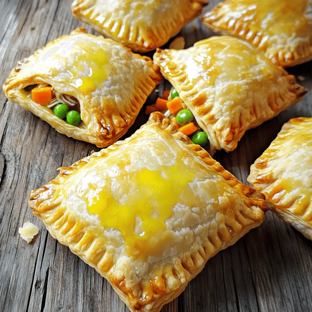 - 2 cups all-purpose flour - 1/2 teaspoon salt - 1/2 cup unsalted butter, cold and cubed - 1/4 cup cold water - 1 tablespoon olive oil - 1 small onion, finely chopped - 2 cloves garlic, minced - 1 cup cooked chicken, shredded (or vegetarian option) - 1/2 cup frozen peas - 1/2 cup carrots, diced - 1 teaspoon dried thyme - 1 teaspoon paprika - Salt and pepper to taste - 1 egg, beaten (for egg wash) For these savory hand pies, start with the dough. You will need all-purpose flour and salt. The butter must be cold and cubed. This helps make the crust flaky. Cold water binds the dough. Next, gather your filling. Olive oil adds flavor. You will use onion and garlic for a base. Cooked chicken gives protein. For veggies, choose frozen peas and diced carrots. Add dried thyme and paprika for spice. Don’t forget salt and pepper to taste. Lastly, an egg wash will give a nice shine. Using fresh ingredients makes a difference. Sourcing local products can enhance taste. You can find the Full Recipe for more details. To make the dough, start by combining 2 cups of all-purpose flour and 1/2 teaspoon of salt in a large bowl. This mix gives the hand pies their base. Next, take 1/2 cup of cold, cubed unsalted butter. Cut it into the flour using your fingers or a pastry cutter. Aim for a coarse crumb texture. Now, it’s time to bring the dough together. Gradually add in 1/4 cup of cold water. Mix until the dough forms a ball. Don’t overwork it! Once formed, wrap the dough in plastic and refrigerate for at least 30 minutes. Chilling helps it become easier to roll out later. For the filling, heat 1 tablespoon of olive oil in a skillet over medium heat. Add 1 small, finely chopped onion. Sauté until it turns soft and clear, about 3-4 minutes. Then, add 2 minced cloves of garlic. Cook for another minute to release the flavor. Next, stir in 1 cup of shredded cooked chicken (or your choice of vegetables for a vegetarian option). Add in 1/2 cup of frozen peas and 1/2 cup of diced carrots. Sprinkle in 1 teaspoon of dried thyme, 1 teaspoon of paprika, and salt and pepper to taste. Cook this mixture for about 5 minutes until all the ingredients are heated. Set it aside to cool slightly. After the dough has chilled, preheat your oven to 375°F (190°C). On a floured surface, roll out the dough to about 1/8 inch thick. Use a round cutter or a glass to cut circles, each about 6 inches in diameter. To fill the hand pies, place a heaping tablespoon of filling in the center of each dough circle. Carefully fold the circles in half over the filling. Use a fork to crimp the edges, sealing the pies tight. This step keeps the filling inside while baking. With the hand pies assembled, place them on a baking sheet lined with parchment paper. To give them a beautiful finish, brush the tops with 1 beaten egg. This egg wash makes them golden brown while they bake. Bake the hand pies in the preheated oven for 25-30 minutes. They should look golden and crisp when done. After baking, let them cool slightly before serving. Enjoy your savory hand pies warm! For the complete recipe, refer to the Full Recipe section. To make the best dough, always use cold ingredients. Cold butter helps keep the dough flaky. When mixing, do not overwork the dough. Just combine until it looks like coarse crumbs. Overworking makes the dough tough, not tender. Adding spices can boost flavor. Try thyme, paprika, or even a pinch of cayenne. These spices give depth and warmth. You can also add cheese, like cheddar or feta, for creaminess. If you want more texture, include vegetables like mushrooms or bell peppers. They add flavor and color to each bite. Savory hand pies shine when paired with dips. Serve them with a tangy yogurt sauce or spicy salsa. These dips add a nice contrast. For side dishes, think light salads or roasted veggies. They balance the rich flavors of the hand pies well. Enjoy your meal with a refreshing drink to complete the experience. {{image_2}} You can use various meats for your hand pies. Beef, pork, or turkey work great. Each option brings a unique taste. For beef, try ground chuck or sirloin. For pork, ground sausage adds a nice spice. Turkey gives a lighter option. Just cook the meat with spices and veggies before filling your dough. Vegetarian hand pies can be just as tasty. Use mushrooms, spinach, or lentils for filling. Mushrooms add a deep, earthy flavor. Spinach gives a bright, fresh taste. Lentils are hearty and filling. Sauté these veggies with onions and garlic to enhance their flavor. You can even switch from savory to sweet. Use fruits like apples, berries, or peaches. Mix the fruit with a bit of sugar and cinnamon. This creates a sweet filling. You can bake the sweet hand pies like the savory ones. They'll be a hit for dessert! For more details, check out the Full Recipe to guide you through making these delicious variations. To keep your savory hand pies fresh, proper storage is key. - Refrigerating: Place the cooled hand pies in an airtight container. They can last in the fridge for up to 4 days. Just make sure they are completely cool before sealing. - Freezing for later use: If you want to save some for later, freezing is a great option. Wrap each hand pie tightly in plastic wrap, then place them in a freezer-safe bag. They can stay frozen for up to 3 months. Just remember to label the bag with the date! You have a couple of options when reheating your hand pies. - Microwave vs. oven reheating: The microwave is quick but can make the crust soft. The oven takes longer, but it helps keep the crust crispy. If you choose the microwave, heat for about 30 seconds, checking often. For the oven, preheat to 350°F (175°C) and bake for 10-15 minutes. - Tips for maintaining crispness: To keep that crispy crust, try placing the hand pies on a baking sheet when using the oven. You can also put them on a wire rack to allow air to circulate around them. Enjoy that crunch! The best way to reheat hand pies is in the oven. Preheat your oven to 350°F (175°C). Place the hand pies on a baking sheet. Heat them for about 10 to 15 minutes. This method keeps the crust crispy. You can also use a microwave for quick reheating. Just heat them for about 30 seconds. However, the crust may not stay crispy this way. Yes, you can make the dough ahead of time. After you form the dough into a disc, wrap it in plastic. Store it in the fridge for up to two days. This saves time when you are ready to bake. You can also freeze the dough. Just thaw it overnight in the fridge before using. For a vegetarian option, you can use mushrooms, lentils, or tofu. These ingredients add great flavor and texture. You can also use mixed vegetables, like spinach or zucchini. They work well in the filling too. This way, you can enjoy hand pies without meat. You can tell your hand pies are done when they look golden brown. The crust should be firm to the touch. You can also check the filling temperature. It should be hot all the way through. If you see bubbling from the sides, they are ready to eat! For the complete recipe, check out the Full Recipe section. Making savory hand pies is easy and fun. You learned about key ingredients, step-by-step methods, and creative variations. You can mix flavors, try different fillings, and even make sweet pies. Remember to store and reheat them properly for the best taste. Now, gather your ingredients and enjoy making these tasty treats. Happy baking!