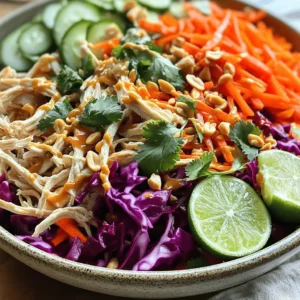 For a tasty Thai Chicken Salad, you need these key items: - 2 cups cooked chicken breast, shredded - 1 cup red cabbage, thinly sliced - 1 cup carrots, grated - 1 cucumber, julienned - 1 red bell pepper, thinly sliced - 1/4 cup fresh cilantro, chopped - 1/4 cup chopped peanuts (for garnish) Nutritional aspects of each ingredient: - Chicken breast: High in protein, low in fat, great for muscle health. - Red cabbage: Rich in vitamins C and K, supports immune function. - Carrots: Full of beta-carotene, good for vision and skin health. - Cucumber: Hydrating and low in calories, helps with digestion. - Red bell pepper: Packed with antioxidants, boosts overall health. - Cilantro: Adds flavor and has anti-inflammatory properties. - Peanuts: Source of healthy fats and protein, adds crunch. For the dressing, gather these items: - 2 tablespoons lime juice - 2 tablespoons fish sauce - 1 tablespoon honey - 1 tablespoon sesame oil - 1 teaspoon grated ginger - 1 garlic clove, minced - Salt and pepper to taste Tips on sourcing fresh ingredients: - Buy herbs like cilantro from your local farmer's market. - Choose colorful vegetables for better taste and nutrition. - Look for fresh lime and garlic at the grocery store. - Always check the labels on sauces for quality. For the full recipe, click here: [Full Recipe]. To make Thai Chicken Salad, follow these easy steps. First, gather all your ingredients. You will need cooked chicken, red cabbage, carrots, cucumber, red bell pepper, cilantro, lime juice, fish sauce, honey, sesame oil, ginger, garlic, and peanuts. 1. In a large mixing bowl, add the shredded chicken, red cabbage, grated carrots, julienned cucumber, thinly sliced red bell pepper, and chopped cilantro. Toss them all together well. 2. In a small bowl, whisk together lime juice, fish sauce, honey, sesame oil, grated ginger, and minced garlic. This mixture will be your dressing. 3. Pour the dressing over the salad mixture. Gently toss to coat everything evenly. 4. Let the salad rest for about 10 minutes. This time is key. It allows the flavors to mix and become more vibrant. 5. Just before serving, sprinkle chopped peanuts on top for a crunchy finish. When serving the salad, think about how to make it look nice. Use a large bowl or individual plates. Garnish with fresh cilantro leaves and a lime wedge on the side. This adds color and freshness. You can pair the salad with spring rolls or jasmine rice. This combination makes for a complete meal. For drinks, consider serving iced tea or coconut water. It’s a refreshing way to enjoy your meal. For the full recipe, refer to the earlier section. Enjoy your delightful Thai Chicken Salad! You can easily change this Thai chicken salad to fit your taste. If you prefer a vegetarian option, swap chicken for tofu. Tofu absorbs flavors well and adds protein. You can also use shrimp for a seafood twist. For a crunchier salad, add sliced radishes or snap peas. If you want a spicy kick, toss in some sliced jalapeños. To enhance the flavor of your dressing, try adding more lime juice or a dash of chili sauce. Fresh herbs like mint or basil can brighten the taste too. Adjust the sweetness by adding more honey or using agave syrup for a vegan option. One common mistake is not shredding the chicken finely. Larger pieces can make the salad hard to eat. Make sure to slice the veggies thinly, too. This helps all the flavors blend well. Another error is not letting the salad sit. Allowing it to rest for ten minutes helps the flavors join together. For storage, keep the salad in a sealed container. This helps keep the veggies crisp. Try to eat the salad within two days to enjoy its freshness. If you add the dressing before storing, it can make the salad soggy. Keep the dressing separate until you are ready to eat. For the full recipe, check out the Full Recipe section above. {{image_2}} You can easily swap the chicken in your Thai Chicken Salad. Tofu is a great choice for a vegetarian option. Use firm tofu, and press it to remove excess water. Cut it into cubes and sauté until golden. This adds a nice texture. Shrimp is another tasty alternative. Cook medium shrimp in a pan with a little oil until pink and opaque. It takes only a few minutes. Both options work well with the salad's fresh flavors. Using seasonal vegetables makes your salad even better. In spring, add snap peas or radishes for a crisp bite. In summer, try ripe tomatoes or sweet corn for a juicy touch. For fall, consider using roasted butternut squash. It adds warmth and a sweet flavor. In winter, crunchy carrots and kale keep the salad vibrant. You can also adjust the dressing with seasonal ingredients. In summer, add a splash of orange juice to brighten it up. In winter, a bit of maple syrup can add a cozy sweetness. Enjoy exploring these options! To keep your Thai Chicken Salad fresh, store it in an airtight container. This helps maintain flavor and crunch. Place the salad in the fridge right after serving. It will stay good for about 3 days. If you notice any wilting or browning, it’s best to toss those bits out. If you want to save some salad for later, you can freeze it. Divide the salad into portions that you can use later. Use freezer-safe bags or containers. When you are ready to eat, thaw the salad overnight in the fridge. Once thawed, give it a good mix. The flavors will come back together nicely. Enjoy it with your favorite sides! For the full recipe, check out the details above. Thai Chicken Salad is a bright and tasty dish. It combines fresh veggies with shredded chicken. Key ingredients include red cabbage, carrots, and cucumbers. These add crunch and color. The salad also has a zesty dressing made from lime juice, fish sauce, honey, and sesame oil. Ginger and garlic add depth to the flavor. This meal is light yet satisfying, making it perfect for lunch or dinner. Yes, you can make Thai Chicken Salad ahead of time. However, I suggest keeping the dressing separate. This helps maintain the salad's crunch. Prepare the salad and store it in the fridge. Add the dressing just before serving. If you mix it too early, the veggies may become soggy. Letting it sit for 10 minutes before serving helps the flavors blend well. To make Thai Chicken Salad gluten-free, swap out certain ingredients. Use gluten-free fish sauce and soy sauce. Check labels to ensure no hidden gluten. You can also use tamari as a soy sauce substitute. Most other ingredients are naturally gluten-free. Fresh veggies and chicken are great choices. With these swaps, you can enjoy a tasty gluten-free salad. For the full recipe, check out the instructions provided above. In this article, we explored the delicious Thai Chicken Salad, starting with its key ingredients and dressing components. I shared easy steps for preparing and serving the salad, along with tips for customization and common mistakes to avoid. We discussed great alternatives for proteins and how to use seasonal veggies to enhance flavor. Finally, I provided storage tips to keep your salad fresh. By using these insights, you can create a tasty and colorful dish that fits your needs and impresses your guests. Enjoy making this vibrant salad!