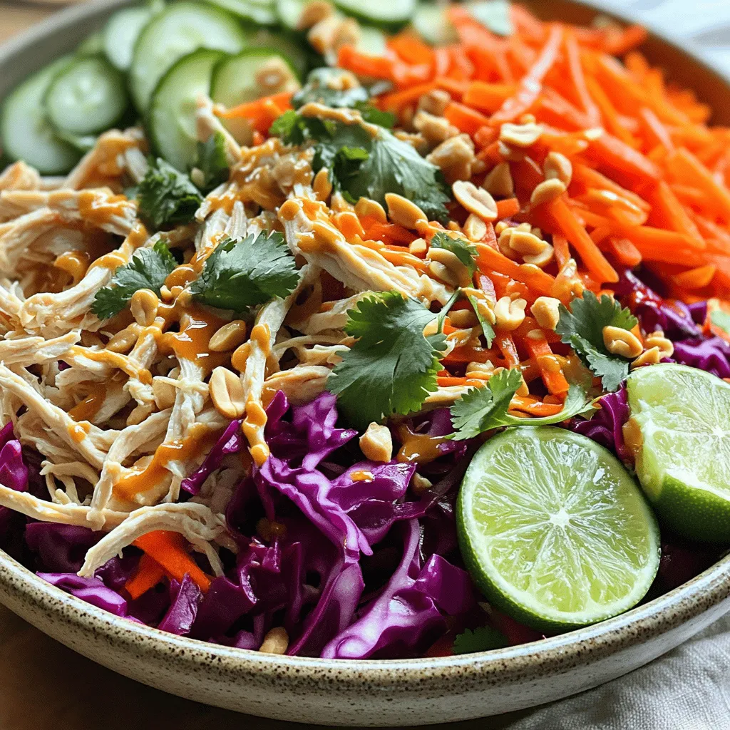 For a tasty Thai Chicken Salad, you need these key items: - 2 cups cooked chicken breast, shredded - 1 cup red cabbage, thinly sliced - 1 cup carrots, grated - 1 cucumber, julienned - 1 red bell pepper, thinly sliced - 1/4 cup fresh cilantro, chopped - 1/4 cup chopped peanuts (for garnish) Nutritional aspects of each ingredient: - Chicken breast: High in protein, low in fat, great for muscle health. - Red cabbage: Rich in vitamins C and K, supports immune function. - Carrots: Full of beta-carotene, good for vision and skin health. - Cucumber: Hydrating and low in calories, helps with digestion. - Red bell pepper: Packed with antioxidants, boosts overall health. - Cilantro: Adds flavor and has anti-inflammatory properties. - Peanuts: Source of healthy fats and protein, adds crunch. For the dressing, gather these items: - 2 tablespoons lime juice - 2 tablespoons fish sauce - 1 tablespoon honey - 1 tablespoon sesame oil - 1 teaspoon grated ginger - 1 garlic clove, minced - Salt and pepper to taste Tips on sourcing fresh ingredients: - Buy herbs like cilantro from your local farmer's market. - Choose colorful vegetables for better taste and nutrition. - Look for fresh lime and garlic at the grocery store. - Always check the labels on sauces for quality. For the full recipe, click here: [Full Recipe]. To make Thai Chicken Salad, follow these easy steps. First, gather all your ingredients. You will need cooked chicken, red cabbage, carrots, cucumber, red bell pepper, cilantro, lime juice, fish sauce, honey, sesame oil, ginger, garlic, and peanuts. 1. In a large mixing bowl, add the shredded chicken, red cabbage, grated carrots, julienned cucumber, thinly sliced red bell pepper, and chopped cilantro. Toss them all together well. 2. In a small bowl, whisk together lime juice, fish sauce, honey, sesame oil, grated ginger, and minced garlic. This mixture will be your dressing. 3. Pour the dressing over the salad mixture. Gently toss to coat everything evenly. 4. Let the salad rest for about 10 minutes. This time is key. It allows the flavors to mix and become more vibrant. 5. Just before serving, sprinkle chopped peanuts on top for a crunchy finish. When serving the salad, think about how to make it look nice. Use a large bowl or individual plates. Garnish with fresh cilantro leaves and a lime wedge on the side. This adds color and freshness. You can pair the salad with spring rolls or jasmine rice. This combination makes for a complete meal. For drinks, consider serving iced tea or coconut water. It’s a refreshing way to enjoy your meal. For the full recipe, refer to the earlier section. Enjoy your delightful Thai Chicken Salad! You can easily change this Thai chicken salad to fit your taste. If you prefer a vegetarian option, swap chicken for tofu. Tofu absorbs flavors well and adds protein. You can also use shrimp for a seafood twist. For a crunchier salad, add sliced radishes or snap peas. If you want a spicy kick, toss in some sliced jalapeños. To enhance the flavor of your dressing, try adding more lime juice or a dash of chili sauce. Fresh herbs like mint or basil can brighten the taste too. Adjust the sweetness by adding more honey or using agave syrup for a vegan option. One common mistake is not shredding the chicken finely. Larger pieces can make the salad hard to eat. Make sure to slice the veggies thinly, too. This helps all the flavors blend well. Another error is not letting the salad sit. Allowing it to rest for ten minutes helps the flavors join together. For storage, keep the salad in a sealed container. This helps keep the veggies crisp. Try to eat the salad within two days to enjoy its freshness. If you add the dressing before storing, it can make the salad soggy. Keep the dressing separate until you are ready to eat. For the full recipe, check out the Full Recipe section above. {{image_2}} You can easily swap the chicken in your Thai Chicken Salad. Tofu is a great choice for a vegetarian option. Use firm tofu, and press it to remove excess water. Cut it into cubes and sauté until golden. This adds a nice texture. Shrimp is another tasty alternative. Cook medium shrimp in a pan with a little oil until pink and opaque. It takes only a few minutes. Both options work well with the salad's fresh flavors. Using seasonal vegetables makes your salad even better. In spring, add snap peas or radishes for a crisp bite. In summer, try ripe tomatoes or sweet corn for a juicy touch. For fall, consider using roasted butternut squash. It adds warmth and a sweet flavor. In winter, crunchy carrots and kale keep the salad vibrant. You can also adjust the dressing with seasonal ingredients. In summer, add a splash of orange juice to brighten it up. In winter, a bit of maple syrup can add a cozy sweetness. Enjoy exploring these options! To keep your Thai Chicken Salad fresh, store it in an airtight container. This helps maintain flavor and crunch. Place the salad in the fridge right after serving. It will stay good for about 3 days. If you notice any wilting or browning, it’s best to toss those bits out. If you want to save some salad for later, you can freeze it. Divide the salad into portions that you can use later. Use freezer-safe bags or containers. When you are ready to eat, thaw the salad overnight in the fridge. Once thawed, give it a good mix. The flavors will come back together nicely. Enjoy it with your favorite sides! For the full recipe, check out the details above. Thai Chicken Salad is a bright and tasty dish. It combines fresh veggies with shredded chicken. Key ingredients include red cabbage, carrots, and cucumbers. These add crunch and color. The salad also has a zesty dressing made from lime juice, fish sauce, honey, and sesame oil. Ginger and garlic add depth to the flavor. This meal is light yet satisfying, making it perfect for lunch or dinner. Yes, you can make Thai Chicken Salad ahead of time. However, I suggest keeping the dressing separate. This helps maintain the salad's crunch. Prepare the salad and store it in the fridge. Add the dressing just before serving. If you mix it too early, the veggies may become soggy. Letting it sit for 10 minutes before serving helps the flavors blend well. To make Thai Chicken Salad gluten-free, swap out certain ingredients. Use gluten-free fish sauce and soy sauce. Check labels to ensure no hidden gluten. You can also use tamari as a soy sauce substitute. Most other ingredients are naturally gluten-free. Fresh veggies and chicken are great choices. With these swaps, you can enjoy a tasty gluten-free salad. For the full recipe, check out the instructions provided above. In this article, we explored the delicious Thai Chicken Salad, starting with its key ingredients and dressing components. I shared easy steps for preparing and serving the salad, along with tips for customization and common mistakes to avoid. We discussed great alternatives for proteins and how to use seasonal veggies to enhance flavor. Finally, I provided storage tips to keep your salad fresh. By using these insights, you can create a tasty and colorful dish that fits your needs and impresses your guests. Enjoy making this vibrant salad!