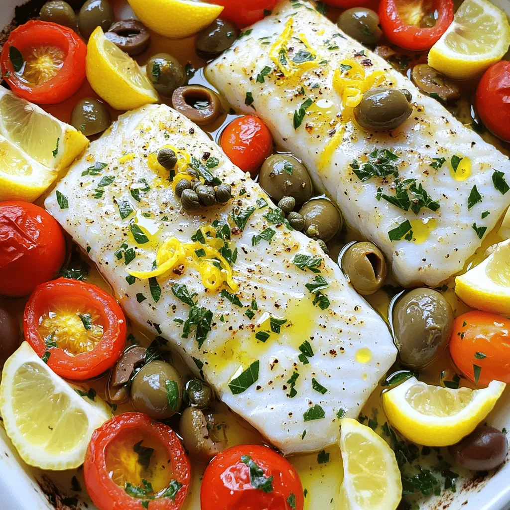 - White fish fillets (cod or sea bass) - Olive oil and seasonings - Fresh produce (lemons, cherry tomatoes, parsley) - Pantry staples (Kalamata olives and capers) To make the best Mediterranean baked fish, you need simple ingredients. Start with white fish fillets like cod or sea bass. These fish are soft and flaky. They soak up flavors well. Olive oil adds richness and helps other ingredients stick. For seasonings, use dried oregano and thyme. They give a nice aroma. Fresh produce is also key. Lemons add zest and brightness. Cherry tomatoes bring sweetness. Parsley adds a fresh touch. Kalamata olives and capers give salty notes that balance the dish. - Alternatives to white fish - Other seasoning options - Substitutes for olives and capers If you can't find cod or sea bass, try tilapia or haddock. They work well too. For seasonings, use basil or dill if you want a different taste. If olives or capers are not available, use sun-dried tomatoes for saltiness. You could also try pickles for a tangy kick. These swaps can still make your dish tasty. - Benefits of using fresh fish - How fresh herbs enhance flavors Using fresh fish makes a big difference. Fresh fish has better texture and taste. You can really taste the sea in every bite. Fresh herbs like parsley brighten the dish. They add flavor without extra calories. Fresh ingredients can elevate your meal. They help create a vibrant and healthy dish. First, you need to preheat your oven to 400°F (200°C). This step ensures even cooking. While the oven heats, choose a baking dish. A glass or ceramic dish works well. They retain heat evenly and make serving easy. Next, let’s mix the marinade. In a small bowl, whisk together olive oil, lemon juice, lemon zest, garlic, oregano, thyme, salt, and pepper. This mix adds great flavor. Place your fish fillets in the baking dish. Pour the marinade over them evenly. Marinating time is key. Let the fish soak in the flavors for at least 15 minutes. Now, it's time to bake. Place the dish in your preheated oven. Bake for 15 to 20 minutes. The fish should be flaky and opaque when done. A fork can help you check. If it flakes easily, it's ready to serve. Enjoy your delicious Mediterranean baked fish! If you want, you can find the Full Recipe for more details. To make sure your fish is cooked just right, timing is key. For most white fish, bake at 400°F (200°C) for 15-20 minutes. A thicker fillet may need a bit more time. To check if it's done, gently poke the fish with a fork. If it flakes easily, it's ready. If it still looks raw, give it a few more minutes. Adding herbs and spices can boost the taste of your dish. I love using dried oregano and thyme. They pair perfectly with fish. Fresh herbs like parsley can add a nice touch, too. For flavor infusion, try marinating fish in olive oil and lemon juice. Let it sit for 30 minutes to really soak in the flavors. To make your dish look appealing, think about garnishing. A sprinkle of fresh parsley adds color. Lemon wedges on the side can brighten the plate. Serve the fish on a large platter for a family-style meal. Pour a little extra olive oil over the top for shine. This adds flavor and looks great! {{image_2}} You can use many types of fish for this dish. Cod and sea bass are great choices. They hold flavors well and cook nicely. Other options are snapper and halibut. Each fish brings its own taste. You may try salmon for a richer flavor. Explore various fish to suit your taste. Don't stop with just fish! Add more veggies for fun. Zucchini and bell peppers work well. They blend nicely with the Mediterranean vibe. You can also sprinkle some feta cheese on top. It adds a nice tang. If you like crunch, try slivered almonds or walnuts. These toppings give a twist to the dish. Baking is the classic method, but grilling is fun too. Grilling gives a smoky flavor that is delicious. You could also use an air fryer. It cooks the fish quickly and keeps it moist. If you own an Instant Pot, you can cook your fish there. It’s fast and easy. Each method adds a different taste. Choose what fits your mood! To keep your baked fish fresh, store leftovers in the fridge. Place the fish in an airtight container. This helps lock in moisture and flavor. If you don't have an airtight container, wrap it tightly in plastic wrap. Be sure to consume it within 2-3 days for the best taste. When you want to enjoy your baked fish again, use a gentle reheating method. The best way is to place it in a preheated oven at 350°F (175°C). Heat it for about 10-15 minutes, or until warm. To avoid dryness, cover the fish with foil. This keeps moisture in and prevents it from becoming tough. If you want to enjoy your baked fish later, freezing is a great option. Let the fish cool completely before freezing. Wrap it tightly in plastic wrap, then place it in a freezer-safe bag. This keeps air out and prevents freezer burn. Baked fish can last up to 2-3 months in the freezer. When you’re ready to eat, defrost it in the fridge overnight. Then, reheat it using the oven method for the best results. The best fish for Mediterranean baked dishes includes white fish like cod or sea bass. They have a mild flavor and firm texture. Other great options are halibut or tilapia. These fish soak up flavors well, making them ideal for this recipe. Baking fish at 400°F takes about 15 to 20 minutes. The exact time depends on the thickness of the fish fillets. You want the fish to be opaque and flake easily with a fork when done. Yes, you can use frozen fish fillets. Just make sure to thaw them before baking. Thawing allows for even cooking and better flavor absorption. You can thaw them in the fridge overnight or run them under cold water for quicker results. Mediterranean baked fish pairs well with several sides. Here are some great options: - Lemon rice - Roasted vegetables - Quinoa salad - Garlic bread These sides enhance the fresh and vibrant flavors of the dish. Yes, this recipe is very customizable. You can change the fish or add other vegetables. Consider adding bell peppers, zucchini, or spinach for extra color and flavor. You can also switch up the herbs based on what you like. You can find the Full Recipe at the beginning of this article. It includes all the steps and ingredients you need to create this delightful Mediterranean baked fish. Enjoy cooking! This article covered how to prepare a delicious Mediterranean baked fish dish. We explored key ingredients, step-by-step instructions, and tips for success. Fresh ingredients truly make a difference, enhancing flavor and health. You learned about various fish options, cooking methods, and storage tips. Using this knowledge, you can create a tasty meal that impresses anyone. Enjoy experimenting with different flavors and techniques in your kitchen. Cooking should be fun and shared, so don’t hesitate to try some variations!