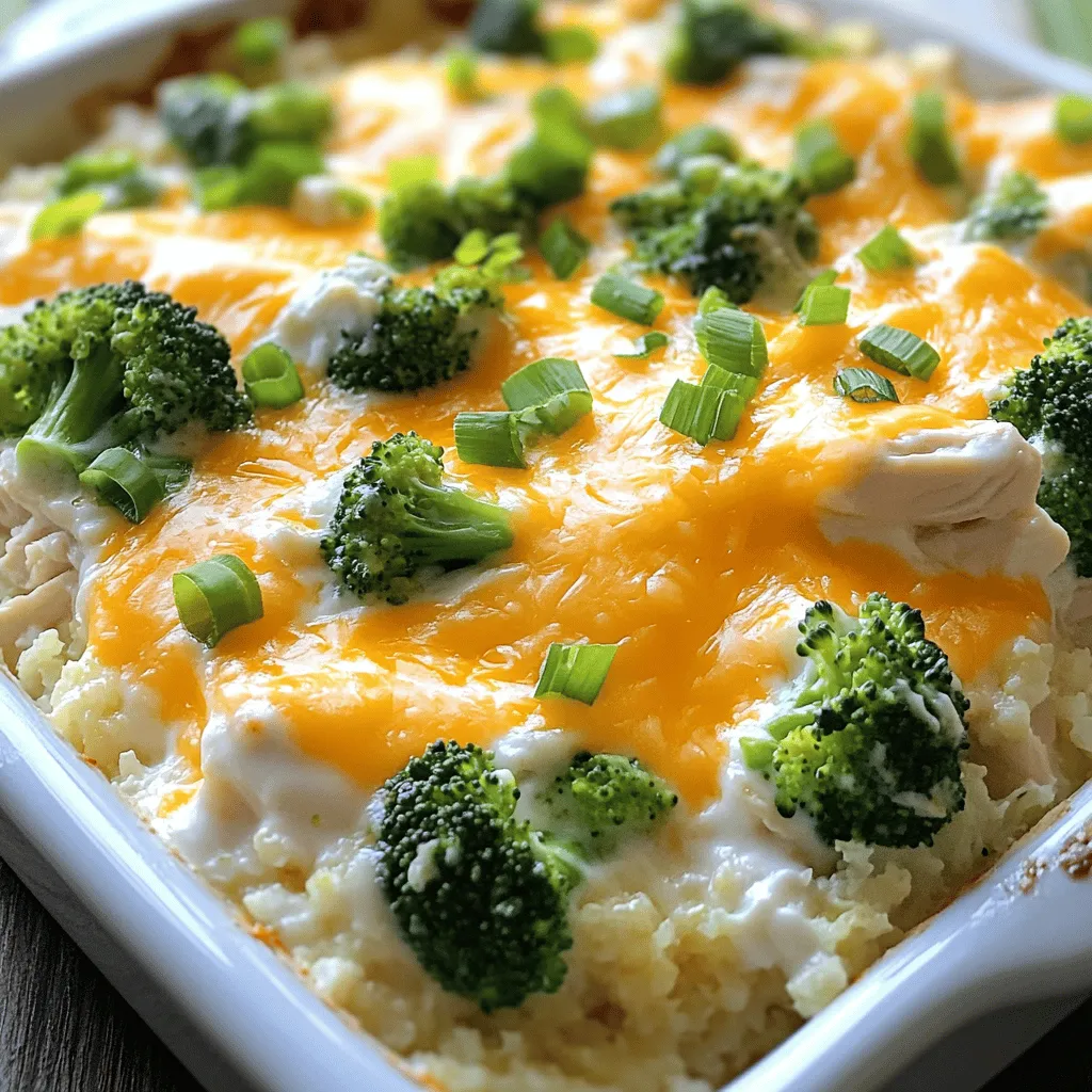 To make an Easy Low Carb Chicken Casserole, you'll need these key ingredients: - 2 cups cooked chicken, shredded - 1 cup broccoli florets, steamed - 1 cup cauliflower rice - 1 cup shredded cheddar cheese - 1/2 cup cream cheese, softened - 1/2 cup sour cream - 1 teaspoon garlic powder - 1 teaspoon onion powder - Salt and pepper to taste - 1/4 cup green onions, chopped (for garnish) These ingredients work well together to create a tasty and filling dish. I recommend using fresh broccoli for crunch and flavor. The cream cheese and sour cream add creaminess, making each bite enjoyable. Each serving of this casserole has about: - Calories: 350 - Fats: 20g - Proteins: 30g - Carbs: 10g This casserole is low in carbs, perfect for those on a keto or low-carb diet. The chicken provides lean protein, while the broccoli and cauliflower add fiber and vitamins. This meal is not just tasty; it also offers health benefits, making it a smart choice for a weeknight dinner. For the full recipe, check out the link provided. Start by preheating your oven to 350°F (175°C). This helps the casserole cook evenly. In a large bowl, mix the softened cream cheese and sour cream until smooth. It’s best to use a whisk or a fork for this. Next, add 2 cups of shredded chicken, 1 cup of steamed broccoli florets, and 1 cup of cauliflower rice to the bowl. Sprinkle in 1 teaspoon of garlic powder, 1 teaspoon of onion powder, and salt and pepper to your taste. Stir all the ingredients together until everything is well mixed. If you want to save time, you can prep the chicken and veggies in advance. This makes the cooking process faster. Once your mixture is ready, transfer it to a greased 9x13-inch baking dish. Spread it evenly across the dish. Now, sprinkle 1 cup of shredded cheddar cheese on top. Place the dish in the preheated oven. Bake for about 25-30 minutes. Look for the cheese to be melted and bubbly. You can also check the casserole by inserting a fork in the center. If it’s hot all the way through, it’s done. When it’s ready, remove it from the oven and let it cool slightly before serving. Garnish with chopped green onions for a fresh touch. Enjoy your easy low carb chicken casserole! For the full recipe, check out the [Full Recipe]. To cook chicken ahead of time, use a slow cooker. This method keeps the chicken moist and tasty. You can also bake or boil it. Just be sure to shred the chicken once it's cool. This makes it easy to mix into the casserole. For the best flavor and texture, season the chicken well. Use salt, pepper, and herbs like thyme or rosemary. Marinate the chicken for a few hours or overnight for more depth in flavor. When you mix all the ingredients, stir gently. This way, you keep the chicken pieces intact and juicy. This casserole pairs well with a side salad. A fresh green salad with a light dressing complements the dish nicely. You can also serve it with steamed green beans or a side of roasted vegetables. This dish is perfect for family dinners or casual gatherings. You can also serve it on busy weeknights when you need something quick. Just pop it in the oven and enjoy! For the full recipe, check below. {{image_2}} You can change the protein in this casserole. If you want a twist, try turkey. It works well, too. For a plant-based option, use tofu instead of chicken. Tofu absorbs flavors nicely and adds protein. You can also switch up the veggies. Instead of broccoli, try spinach or bell peppers. Both add color and taste. Zucchini is another great choice. It brings moisture and freshness to the dish. For those needing gluten-free options, this casserole fits the bill. Just check your cream cheese and sour cream labels. Most brands are gluten-free. If you want a dairy-free version, use coconut cream in place of cream cheese. For sour cream, try a cashew-based option. If you're following paleo or keto diets, this casserole works well. Just ensure your cheese is low-carb. You can also add more cauliflower rice to keep carbs low. This makes the dish filling and healthy. Thinking about these variations can help you enjoy this easy low carb chicken casserole in new ways. Feel free to explore! For the full recipe, check back to the recipe section. To keep your Easy Low Carb Chicken Casserole fresh, store it in the fridge. Use an airtight container. This helps keep the flavors locked in. It is best to eat leftovers within three days. For longer storage, freeze portions. Divide the casserole into smaller containers. This makes it easy to grab a serving later. When freezing, let the casserole cool completely. Cover it well with plastic wrap, then foil. This prevents freezer burn. You can freeze it for up to three months. Just remember to label the containers with the date. When it’s time to enjoy your casserole again, reheat it in the oven. Preheat the oven to 350°F (175°C). Place the casserole in an oven-safe dish. Cover it with foil to keep it moist. Heat for about 20-25 minutes or until warm. You can also use the microwave. Put a serving in a microwave-safe bowl. Heat for 1-2 minutes, stirring halfway. Check to see if it’s hot all the way through. Before eating, look for these signs: no strange smells, no mold, and a good texture. If it looks or smells off, it’s best to toss it. Enjoy your delicious casserole! For the complete recipe, refer to the [Full Recipe]. How can I make this casserole ahead of time? You can prepare this casserole the night before. Mix all the ingredients and place them in the baking dish. Cover it with plastic wrap and refrigerate. When you're ready to bake, remove the wrap and pop it in the oven. Just add a few extra minutes to the baking time. Can I use frozen vegetables in this recipe? Yes, you can use frozen vegetables. Just thaw them first and drain any excess water. This helps keep the casserole from becoming too watery. Frozen broccoli or cauliflower works well without losing flavor. What can I serve with low carb chicken casserole? You can serve a fresh salad or steamed veggies on the side. A simple green salad with a light dressing adds a nice crunch. You could also pair it with a low carb bread for a fuller meal. How do I know if my casserole is done baking? Your casserole is done when the cheese is melted and bubbly. You can use a fork to check if it’s hot throughout. The edges should be slightly golden. If you see this, it's ready to enjoy! This blog post covered everything you need for an Easy Low Carb Chicken Casserole. We discussed crucial ingredients and quantities that boost flavor. You learned about the nutrition of each ingredient and their health perks. The step-by-step guide helped with preparation and baking for the perfect dish. Tips for cooking, serving ideas, and ingredient swaps keep it fun and flexible. Proper storage methods ensure your leftovers stay tasty. Follow these steps for a delicious meal, any day of the week. Enjoy making this casserole for your next gathering!