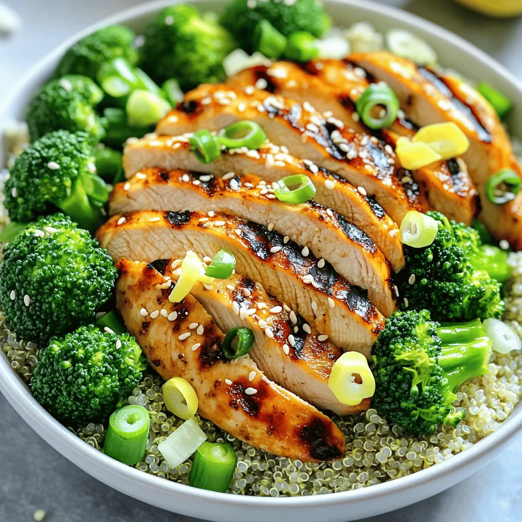 - 2 boneless, skinless chicken breasts - 2 cups broccoli florets - 1 cup quinoa, rinsed - 2 cups chicken broth or vegetable broth - 2 tablespoons olive oil - 1 teaspoon garlic powder - 1 teaspoon onion powder - 1 teaspoon smoked paprika - Salt and pepper to taste - Zest of 1 lemon - Juice of 1 lemon - Sliced scallions - Sesame seeds - Red pepper flakes When I make my Grilled Chicken & Broccoli Bowls, I focus on freshness and flavor. Each ingredient plays a role in making this dish satisfying and healthy. First, I use two boneless, skinless chicken breasts. They grill beautifully and stay juicy. Next, I add two cups of broccoli florets. Broccoli adds color and crunch. I always rinse one cup of quinoa before cooking. It gives the base a nutty taste. For the broth, I choose either chicken or vegetable. It brings extra flavor to the quinoa. Next, I mix the seasonings. I use two tablespoons of olive oil to help the spices stick. Garlic powder and onion powder make the chicken taste great. Smoked paprika adds a subtle smokiness. I season with salt and pepper to my liking. The zest and juice of one lemon brighten the dish. I also think about optional toppings. Sliced scallions add a fresh kick. Sesame seeds bring a nice crunch. A sprinkle of red pepper flakes can spice things up if you like heat. This combination of ingredients creates a tasty, healthy meal. You can find the full recipe with all the steps to make this dish. Enjoy every bite! To start, I make a simple marinade. I mix 1 tablespoon of olive oil with garlic powder, onion powder, smoked paprika, salt, and pepper. This blend brings great flavor to the chicken. I then take the boneless, skinless chicken breasts and coat them well in this marinade. Once coated, I place the chicken in the fridge for at least 30 minutes. If I have time, I let it marinate for up to 2 hours. This step really enhances the taste. Next, I focus on the quinoa. I grab a medium saucepan and bring 2 cups of chicken or vegetable broth to a boil. Once boiling, I add 1 cup of rinsed quinoa. I reduce the heat to low, cover the pot, and let it simmer. After about 15 minutes, all the liquid should be absorbed. I remove the pot from heat and let it sit for another 5 minutes. This resting time helps the quinoa fluff up nicely. Now it’s time to grill the chicken. I preheat my grill to medium-high heat. Once it's hot, I place the marinated chicken on the grill. I cook each side for about 6-7 minutes. I use a meat thermometer to check that the internal temperature reaches 165°F (75°C). After grilling, I let the chicken rest for a few minutes before slicing. While the chicken is grilling, I prepare the broccoli. I bring a pot of water to a boil. Then, I add the broccoli florets and blanch them for 2-3 minutes. This keeps them bright green and tender-crisp. After blanching, I drain the broccoli and rinse it under cold water. This stops the cooking process and keeps the color vibrant. Now for the fun part: assembling the bowls! In a serving bowl, I start with a layer of quinoa as the base. On top of the quinoa, I add the sliced grilled chicken and the blanched broccoli. To finish, I drizzle some leftover olive oil, lemon zest, and lemon juice over everything. This adds a fresh, zesty flavor. For a pop of color and extra flavor, I like to garnish my bowls. I sprinkle some sliced scallions, sesame seeds, and a pinch of red pepper flakes. These toppings not only enhance taste but also make the dish look beautiful. Follow these steps, and you'll have a delicious meal ready in no time! You can find the complete instructions in the Full Recipe. To get the best flavor from your chicken, marinate it for at least 30 minutes. If you have more time, aim for 2 hours in the fridge. This lets the spices soak in well. Here are some tasty marinades you can try: - Lemon Herb Marinade: Use lemon juice, olive oil, and mixed herbs. - Teriyaki Marinade: Mix soy sauce, ginger, and brown sugar for a sweet twist. To avoid mushy quinoa, rinse it well before cooking. This removes excess starch. Cook it in chicken or vegetable broth for more flavor. Here’s how to enhance quinoa’s taste: - Add a bay leaf or garlic clove while it cooks. - Stir in a splash of lemon juice after it's done. To keep chicken from sticking to the grill, oil the grates before heating. Preheat the grill to medium-high. Follow these tips for perfect grill marks: - Place chicken at a 45-degree angle on the grill. - Don’t move it around; let it sear for 6-7 minutes per side. By using these tips, your Grilled Chicken & Broccoli Bowls will shine. Enjoy the flavors and the healthy boost! For the complete recipe, check the Full Recipe section. {{image_2}} You can boost your Grilled Chicken & Broccoli Bowls by adding more veggies. Seasonal vegetables work best. Think about using zucchini, carrots, or asparagus. These veggies add color and nutrients. To incorporate bell peppers, slice them thin. You can add them to the grill with the chicken. Snap peas are also great. Just toss them in during the last minute of blanching. This keeps them crisp and bright. If you want to change the protein, chicken is not your only option. You can use tofu for a vegetarian dish. Firm tofu holds up well during grilling. Just marinate it like chicken for great flavor. Shrimp is another tasty choice. It cooks quickly and absorbs flavors well. For those who want more plant-based options, chickpeas are a great alternative. They are packed with protein and add a nice texture. You can switch up the flavors to make this dish exciting. For a taste of Asia, try teriyaki sauce. Just brush it on the chicken before grilling. It adds a sweet and savory touch. If you want something spicier, use curry powder. Mix it into the marinade for a bold kick. You can also add coconut milk for a creamy texture. Each of these options gives you a new dish each time. For the complete recipe, check the Full Recipe. To keep your Grilled Chicken & Broccoli Bowls fresh, use airtight containers. Glass or BPA-free plastic containers work best. Make sure the food is cool before sealing. This helps prevent moisture buildup. For longer storage, you can freeze the bowls. Use freezer-safe containers and leave space for expansion. In the fridge, leftovers can last for 3 to 4 days. If you freeze them, they remain good for about 2 to 3 months. Always check for signs of spoilage. Look for off smells, changes in color, or mold. If you see any of these, it’s best to throw the dish away. When reheating, use the microwave or oven. For the microwave, heat in short bursts to avoid uneven cooking. Stir in between to help with even heat. If using the oven, preheat to 350°F (175°C) and cover with foil to keep moisture. Avoid soggy broccoli by reheating it separately for a few minutes. This way, your meal stays tasty and fresh! For the complete Grilled Chicken & Broccoli Bowls recipe, check out the Full Recipe. Yes, you can use frozen broccoli. Frozen broccoli is picked at its peak. It is then blanched and frozen, keeping its nutrients. However, it can be softer than fresh broccoli. If you want a crunch, cook it less. Just remember to thaw it first. Drain excess water for the best texture. You can swap quinoa with brown rice, farro, or couscous. These grains give a nice base. Brown rice is chewy and hearty. Farro has a nutty flavor. Couscous cooks quickly and soaks up flavors well. Each choice will change the taste a bit, so pick what you like! To make it dairy-free, skip cheese and cream. Instead, use creamy avocado or tahini. These options add richness. You can also blend soaked cashews with lemon juice. This creates a creamy sauce. It keeps the dish rich without using dairy. Yes, this recipe is great for meal prep! Cook a larger batch for the week. Store servings in airtight containers. Keep chicken, quinoa, and broccoli separate until you eat. This way, everything stays fresh. Reheat in the microwave or on the stove. Each serving has about 400 calories. It has 30 grams of protein and 15 grams of fat. You’ll get fiber from quinoa and broccoli. This dish is rich in vitamins A and C. It helps keep your immune system strong. For the complete recipe details and instructions, check out the [Full Recipe]. Grilled Chicken and Broccoli Bowls offer a healthy, tasty meal. We explored ingredients like chicken, quinoa, and fresh broccoli. I walked you through marinating, cooking, and grilling. A few simple tips helped ensure great flavor. You learned about storage and variations to keep meals exciting. Remember, feel free to customize flavors and ingredients. Enjoying healthy meals can be both easy and fun. Start making your own delicious bowls today!