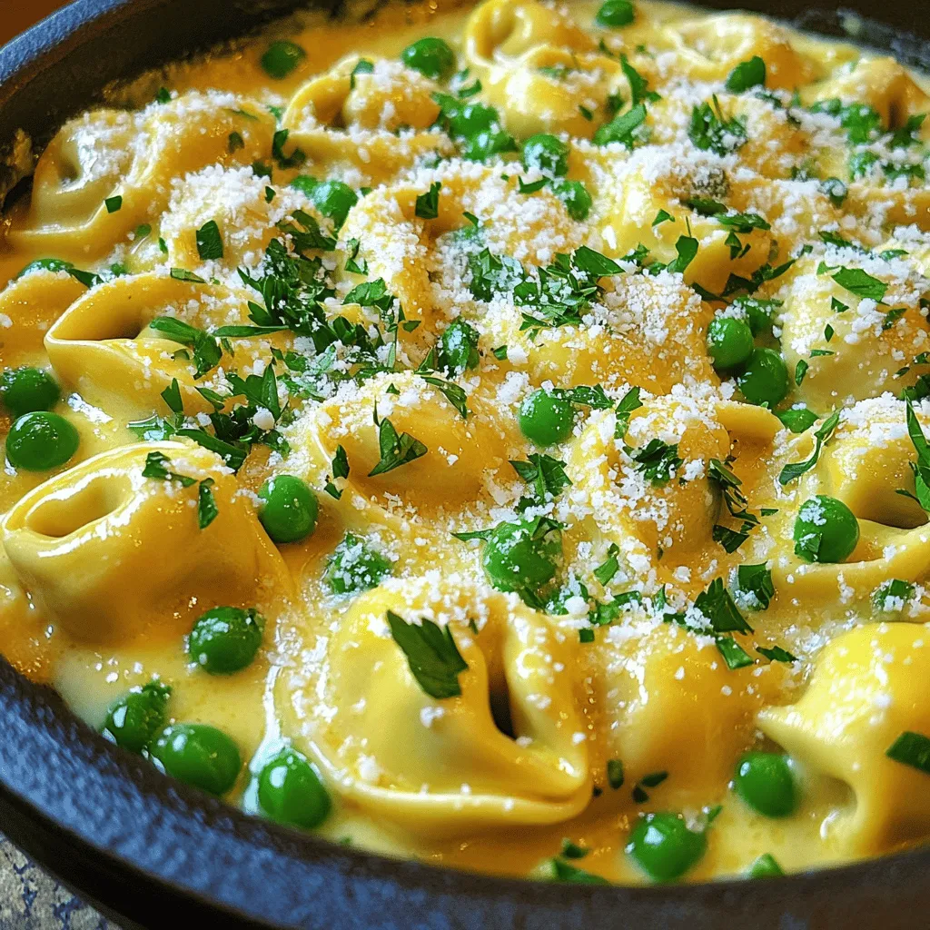 To make a tasty Tortellini Carbonara, you need simple, fresh items. Here’s what you will need: - 1 package (9 oz) cheese tortellini - 4 large eggs - 1 cup grated Parmesan cheese - 1 teaspoon black pepper - 1 cup frozen peas - 3 tablespoons olive oil - 2 cloves garlic, minced - Fresh parsley, chopped (for garnish) - Salt to taste Gather these ingredients before you start. Each one plays a key role in creating a creamy and flavorful dish. The cheese tortellini gives a nice texture and taste, while the eggs and Parmesan create a rich sauce. The black pepper adds a touch of spice, and the peas offer a pop of color and sweetness. Don’t forget about the garlic! It gives your dish a lovely aroma. The fresh parsley is not just for looks; it brightens the flavors. Having everything ready will make cooking smoother and more fun. Check out the Full Recipe for more details! First, bring a large pot of salted water to a boil. Cook the cheese tortellini according to the package instructions. Usually, this takes about 3-5 minutes. Once cooked, drain the tortellini in a colander. Make sure to save 1/2 cup of the pasta water for later. This water will help make the sauce creamy. While your tortellini cooks, grab a medium bowl. In this bowl, whisk together the eggs, grated Parmesan cheese, and black pepper. Keep whisking until well combined. This rich mixture will create the creamy sauce that coats the tortellini. Set it aside for now. Now, it's time to bring everything together. In a large skillet, heat 3 tablespoons of olive oil over medium heat. Add the minced garlic and let it sauté for 1-2 minutes. You want it fragrant but not browned. Next, toss in the frozen peas and cook for an additional 2-3 minutes until they are heated through. Lower the heat and gently add the drained tortellini to the skillet. Toss the tortellini with the peas and garlic. Remove the skillet from heat. Quickly pour in the egg and cheese mixture, stirring fast. This helps create a nice creamy sauce. If it looks too thick, add some reserved pasta water until you get your desired consistency. Season with salt to taste and stir until everything is well combined and creamy. Enjoy this creamy and flavorful delight! You can find the full recipe above. To make your sauce creamy, you need to stir well. Stirring helps mix the eggs and cheese evenly. Use a wooden spoon or a spatula for the best results. Be gentle but firm while stirring. This will help avoid lumps. If the sauce feels too thick, don’t worry! You can adjust it with pasta water. Just add a little at a time until it looks right. This will give you a silky texture that clings to each tortellini. If you can’t find cheese tortellini, try using spinach or meat tortellini. Both options work well. For a lighter touch, you can use whole wheat tortellini. If you want a dairy-free sauce, replace the cheese with nutritional yeast. It adds a cheesy flavor without the dairy. You can also use cashew cream for creaminess. These swaps help everyone enjoy the dish, no matter their diet. Store your leftovers in an airtight container. This keeps them fresh. Place them in the fridge and try to eat them within three days. To reheat, gently warm on low heat. You can add a splash of water or broth to help restore the creaminess. Stir often to prevent sticking. Remember, it’s best to eat Tortellini Carbonara fresh for the best taste. But leftovers can still be tasty with these tips. {{image_2}} You can boost the flavor of your Tortellini Carbonara by adding proteins. Pancetta is a great choice. It gives a salty, rich taste. You can also use cooked chicken for a heartier meal. If you prefer a vegetarian option, try adding sautéed mushrooms or spinach. Both add great texture and flavor while keeping the dish plant-based. Fresh vegetables add color and nutrition. Consider adding asparagus or bell peppers. You can sauté these with the garlic for extra flavor. If you have leftover veggies, toss them in! Zucchini or broccoli work well. This way, you reduce waste and make the dish even more delicious. Spices and herbs can elevate your Tortellini Carbonara. A pinch of red pepper flakes adds heat. You might also add fresh basil or oregano for a fragrant touch. As for cheese, try Pecorino Romano. It has a sharper taste than Parmesan, which adds depth to the dish. These tweaks make each bite exciting. To make your tortellini carbonara shine, garnish with fresh parsley and extra cheese. The bright green of the parsley adds color and a fresh touch. You can sprinkle grated Parmesan on top for a rich finish. For a great look, serve on a wide, shallow plate. This allows the creamy sauce to spread beautifully. You want your dish to be as pleasing to the eye as it is to the palate. A crisp salad pairs well with the rich flavors of this dish. Try a simple arugula salad with lemon vinaigrette. It adds a nice contrast to the creamy carbonara. For bread, serve warm garlic bread or a crusty baguette. Both options are great for soaking up the sauce. As for drinks, a chilled white wine like Pinot Grigio works wonders. If you prefer non-alcoholic, sparkling water with a slice of lemon is refreshing. You can make tortellini carbonara ahead of time for busy days. Cook it, then cool it quickly before storing. Place it in an airtight container in the fridge for up to three days. To reheat, add a splash of water in a pan over low heat. If you want to freeze your carbonara, place it in a freezer-safe container. It will last for about three months. To serve, let it thaw overnight in the fridge before reheating. This way, you’ll have a quick and tasty meal ready to go! For the full recipe, check out the Tortellini Carbonara Delight . To store your Tortellini Carbonara, place it in an airtight container. Make sure to cool it down to room temperature first. You can keep it in the fridge for up to three days. If you want to save it longer, consider freezing it. It will last in the freezer for about two months. When you are ready to eat, thaw it in the fridge overnight before reheating. Yes, you can make Tortellini Carbonara without eggs. For a vegan option, use silken tofu or cashew cream. Blending these ingredients mimics the creaminess of eggs. However, keep in mind that the texture and flavor will differ. The dish will be less rich but still tasty. If you need a substitute for Parmesan cheese, try nutritional yeast for a dairy-free option. You can also use Pecorino Romano for a similar flavor. Each type of cheese brings its own taste, so it may change the overall flavor of the dish. This blog post explores a tasty Tortellini Carbonara recipe. We covered ingredients, cooking steps, and tips for the best results. You learned about variations and serving ideas to make this dish shine. Overall, it's a fun meal to make and enjoy. Get creative with your ingredients or presentation. You can easily adapt it to suit your taste. Enjoy making this dish again and again!