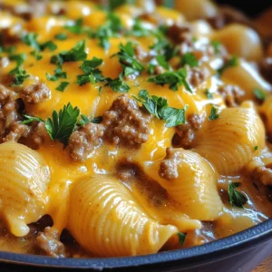 To make this creamy beef and shells dish, you will need a few simple ingredients. Each one brings its own flavor and texture to the meal. Here’s what you will need: - Ground Beef - Shell Pasta - Heavy Cream - Beef Broth - Cheddar Cheese - Onion, Garlic - Italian Seasoning, Smoked Paprika - Olive Oil, Fresh Parsley - Seasoning (Salt and Pepper) Using quality ingredients makes a big difference. Fresh garlic and onion add a rich base, while the beef provides a hearty feel. The shell pasta holds the creamy sauce well, making every bite satisfying. Heavy cream gives that rich texture, and cheddar cheese adds a lovely sharpness. Don't forget the herbs! Italian seasoning and smoked paprika add warmth and depth. This combination creates a balanced dish that your family will love. For the full recipe, check out the earlier section. Start by boiling water in a large pot. Add a pinch of salt to the water. Once the water is boiling, add the shell pasta. Cook the pasta until it is al dente, about 8-10 minutes. Drain the pasta in a colander and set it aside. In a large skillet, heat two tablespoons of olive oil over medium heat. Once the oil is hot, add the finely chopped onion and minced garlic. Cook for about 3-4 minutes until the onion turns translucent. Increase the heat to medium-high and add the ground beef. Break the beef apart with a spatula as it cooks. Brown the beef completely, then drain any excess fat. Sprinkle in one teaspoon of Italian seasoning and one teaspoon of smoked paprika. Add salt and pepper to taste. Pour in one cup of beef broth and bring the mixture to a simmer. Lower the heat and slowly stir in one cup of heavy cream. Let it simmer for about 5 minutes. Stir occasionally to keep it smooth. Fold in the cooked shell pasta and one cup of shredded cheddar cheese. Mix well until the cheese is melted and everything is combined. Taste the mixture to check the seasoning. Adjust with more salt and pepper if needed. Remove the skillet from heat. Serve the creamy beef and shells hot. Garnish each serving with fresh chopped parsley. Enjoy this comforting meal with your family! For the full recipe, check out the detailed instructions above. To make the cream sauce rich, use heavy cream. This will give it a nice, thick texture. Heat the cream slowly to avoid burning. Stir it gently as it warms. Adding the cream too fast can cause lumps. Keep it simmering, not boiling. This helps blend all the flavors well. Cook the shell pasta until just al dente. This means it should still be firm when bitten. Drain the pasta, but do not rinse it. Rinsing removes the starch that helps sauce stick. Save a bit of pasta water. You can use it to adjust the sauce later if needed. When browning the ground beef, use medium-high heat. This helps it cook quickly and brown nicely. Break it apart with a spatula as it cooks. Once it’s no longer pink, drain excess fat right away. Overcooked beef can become dry. Keep an eye on it and remove it from heat once done. Serve the creamy beef and shells in deep bowls. This makes it easy to enjoy. Garnish with fresh parsley for a pop of color. You can also sprinkle extra cheese on top. Pair this dish with a simple salad or garlic bread for a complete meal. Enjoy it warm for the best flavor! {{image_2}} You can easily swap ground beef for ground turkey or chicken. These meats offer a lighter taste. If you prefer plant-based options, try lentils or veggie crumbles. They add great texture and flavor. Just make sure to adjust cooking times to get them right. Adding veggies can boost nutrition and flavor. Try diced bell peppers, spinach, or mushrooms. Sauté them with the onion and garlic for a great base. You can also toss in frozen peas for a pop of color. These options make the dish more colorful and fun. While cheddar cheese gives a nice taste, you can switch it up. Use mozzarella for a stretchy texture or gouda for a smoky flavor. Cream cheese can also add richness to the sauce. Mixing different cheeses can create a unique taste every time. To enhance flavor, add spices like chili powder or cumin. These spices can give a fun kick to the dish. Fresh herbs like basil or thyme can also brighten the taste. Experiment with your favorite spices to create your ideal flavor profile. For the full recipe, check the details above. Store any leftover creamy beef and shells in an airtight container. Let it cool down first. It will stay fresh in the fridge for about three to four days. When you store it, make sure to keep it away from strong-smelling foods. This helps keep its flavor intact. To reheat, place the creamy beef and shells in a skillet. Add a splash of beef broth or cream to keep it moist. Heat over medium-low until warm, stirring often. You can also use a microwave. Place it in a microwave-safe dish and cover it. Heat in short bursts of 30 seconds, stirring in between, until hot. You can freeze creamy beef and shells for up to three months. To do this, cool the dish completely before you pack it. Use a freezer-safe container or a heavy-duty freezer bag. When you’re ready to eat it, thaw it overnight in the fridge. Reheat it using the instructions above. This way, you can enjoy a quick meal anytime! You can use whole milk as a lighter option. It gives a creamy texture but with less fat. Another choice is to mix equal parts of milk and butter. This will mimic the richness of heavy cream. For a dairy-free option, try coconut cream or cashew cream. These can add a unique flavor to your dish. Yes, whole wheat pasta works great! It adds more fiber and a nutty flavor. Just keep in mind that it may cook faster than regular pasta. So, check the package for cooking times to avoid overcooking. This dish stays fresh for about 3 to 4 days in the fridge. Make sure to store it in an airtight container. This helps keep it flavorful and safe to eat. Absolutely! You can prepare it a day ahead. Just follow the steps until you mix in the pasta. Store the mixture in the fridge, then heat it up when ready. Add the pasta right before serving for the best taste. For the full recipe, check above! This blog post covered how to make a creamy beef and shell dish. We looked at the key ingredients, like beef, pasta, and cheese. I shared step-by-step instructions, tips for cooking, and ways to customize the recipe. Storing tips ensure your leftovers stay fresh. In the end, this dish is easy to make and delicious. You can enjoy it your way with simple changes. Happy cooking!