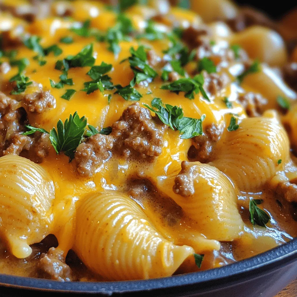 To make this creamy beef and shells dish, you will need a few simple ingredients. Each one brings its own flavor and texture to the meal. Here’s what you will need: - Ground Beef - Shell Pasta - Heavy Cream - Beef Broth - Cheddar Cheese - Onion, Garlic - Italian Seasoning, Smoked Paprika - Olive Oil, Fresh Parsley - Seasoning (Salt and Pepper) Using quality ingredients makes a big difference. Fresh garlic and onion add a rich base, while the beef provides a hearty feel. The shell pasta holds the creamy sauce well, making every bite satisfying. Heavy cream gives that rich texture, and cheddar cheese adds a lovely sharpness. Don't forget the herbs! Italian seasoning and smoked paprika add warmth and depth. This combination creates a balanced dish that your family will love. For the full recipe, check out the earlier section. Start by boiling water in a large pot. Add a pinch of salt to the water. Once the water is boiling, add the shell pasta. Cook the pasta until it is al dente, about 8-10 minutes. Drain the pasta in a colander and set it aside. In a large skillet, heat two tablespoons of olive oil over medium heat. Once the oil is hot, add the finely chopped onion and minced garlic. Cook for about 3-4 minutes until the onion turns translucent. Increase the heat to medium-high and add the ground beef. Break the beef apart with a spatula as it cooks. Brown the beef completely, then drain any excess fat. Sprinkle in one teaspoon of Italian seasoning and one teaspoon of smoked paprika. Add salt and pepper to taste. Pour in one cup of beef broth and bring the mixture to a simmer. Lower the heat and slowly stir in one cup of heavy cream. Let it simmer for about 5 minutes. Stir occasionally to keep it smooth. Fold in the cooked shell pasta and one cup of shredded cheddar cheese. Mix well until the cheese is melted and everything is combined. Taste the mixture to check the seasoning. Adjust with more salt and pepper if needed. Remove the skillet from heat. Serve the creamy beef and shells hot. Garnish each serving with fresh chopped parsley. Enjoy this comforting meal with your family! For the full recipe, check out the detailed instructions above. To make the cream sauce rich, use heavy cream. This will give it a nice, thick texture. Heat the cream slowly to avoid burning. Stir it gently as it warms. Adding the cream too fast can cause lumps. Keep it simmering, not boiling. This helps blend all the flavors well. Cook the shell pasta until just al dente. This means it should still be firm when bitten. Drain the pasta, but do not rinse it. Rinsing removes the starch that helps sauce stick. Save a bit of pasta water. You can use it to adjust the sauce later if needed. When browning the ground beef, use medium-high heat. This helps it cook quickly and brown nicely. Break it apart with a spatula as it cooks. Once it’s no longer pink, drain excess fat right away. Overcooked beef can become dry. Keep an eye on it and remove it from heat once done. Serve the creamy beef and shells in deep bowls. This makes it easy to enjoy. Garnish with fresh parsley for a pop of color. You can also sprinkle extra cheese on top. Pair this dish with a simple salad or garlic bread for a complete meal. Enjoy it warm for the best flavor! {{image_2}} You can easily swap ground beef for ground turkey or chicken. These meats offer a lighter taste. If you prefer plant-based options, try lentils or veggie crumbles. They add great texture and flavor. Just make sure to adjust cooking times to get them right. Adding veggies can boost nutrition and flavor. Try diced bell peppers, spinach, or mushrooms. Sauté them with the onion and garlic for a great base. You can also toss in frozen peas for a pop of color. These options make the dish more colorful and fun. While cheddar cheese gives a nice taste, you can switch it up. Use mozzarella for a stretchy texture or gouda for a smoky flavor. Cream cheese can also add richness to the sauce. Mixing different cheeses can create a unique taste every time. To enhance flavor, add spices like chili powder or cumin. These spices can give a fun kick to the dish. Fresh herbs like basil or thyme can also brighten the taste. Experiment with your favorite spices to create your ideal flavor profile. For the full recipe, check the details above. Store any leftover creamy beef and shells in an airtight container. Let it cool down first. It will stay fresh in the fridge for about three to four days. When you store it, make sure to keep it away from strong-smelling foods. This helps keep its flavor intact. To reheat, place the creamy beef and shells in a skillet. Add a splash of beef broth or cream to keep it moist. Heat over medium-low until warm, stirring often. You can also use a microwave. Place it in a microwave-safe dish and cover it. Heat in short bursts of 30 seconds, stirring in between, until hot. You can freeze creamy beef and shells for up to three months. To do this, cool the dish completely before you pack it. Use a freezer-safe container or a heavy-duty freezer bag. When you’re ready to eat it, thaw it overnight in the fridge. Reheat it using the instructions above. This way, you can enjoy a quick meal anytime! You can use whole milk as a lighter option. It gives a creamy texture but with less fat. Another choice is to mix equal parts of milk and butter. This will mimic the richness of heavy cream. For a dairy-free option, try coconut cream or cashew cream. These can add a unique flavor to your dish. Yes, whole wheat pasta works great! It adds more fiber and a nutty flavor. Just keep in mind that it may cook faster than regular pasta. So, check the package for cooking times to avoid overcooking. This dish stays fresh for about 3 to 4 days in the fridge. Make sure to store it in an airtight container. This helps keep it flavorful and safe to eat. Absolutely! You can prepare it a day ahead. Just follow the steps until you mix in the pasta. Store the mixture in the fridge, then heat it up when ready. Add the pasta right before serving for the best taste. For the full recipe, check above! This blog post covered how to make a creamy beef and shell dish. We looked at the key ingredients, like beef, pasta, and cheese. I shared step-by-step instructions, tips for cooking, and ways to customize the recipe. Storing tips ensure your leftovers stay fresh. In the end, this dish is easy to make and delicious. You can enjoy it your way with simple changes. Happy cooking!