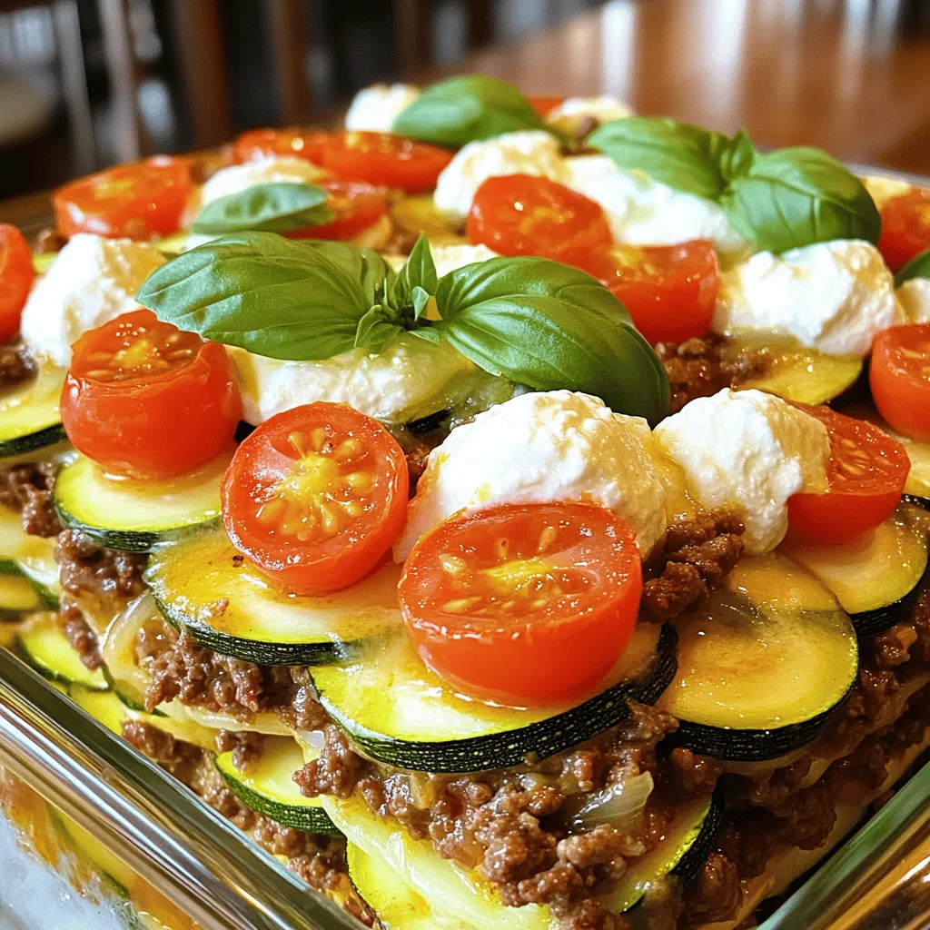 To make a tasty Ground Beef Zucchini Casserole, gather these items: - 1 lb ground beef - 3 medium zucchinis, sliced - 1 medium onion, diced - 2 cloves garlic, minced - 1 cup cherry tomatoes, halved - 1 cup shredded mozzarella cheese - 1 cup ricotta cheese - 1 tablespoon Italian seasoning - 1 teaspoon salt - ½ teaspoon black pepper - 2 tablespoons olive oil - Fresh basil leaves for garnish You can swap some ingredients for a different taste. Ground turkey works well instead of beef. If you want a lighter dish, you can try chicken or even plant-based meat. Use any cheese you like, such as cheddar or feta. If you don’t have ricotta, cottage cheese can be a good stand-in. When choosing zucchinis, look for ones that are firm and smooth. They should have a rich green color. Avoid those with soft spots or blemishes. For tomatoes, pick ones that feel plump and smell sweet. Fresh herbs, like basil, should look vibrant and green, not wilted. These tips will help your casserole shine with fresh flavors. For the full recipe, check the details above. To make Ground Beef Zucchini Casserole, you need to prep your ingredients first. Gather your tools and ingredients. You will need a large skillet and a baking dish. Have a spatula ready for mixing. This makes the process smooth and easy. 1. Preheat your oven to 375°F (190°C). 2. In the large skillet, heat 2 tablespoons of olive oil over medium heat. 3. Add 1 medium diced onion and 2 minced garlic cloves. Cook for 3-4 minutes. 4. Add 1 pound of ground beef. Break it apart with your spatula. Cook until browned, about 5-7 minutes. 5. Drain any extra fat from the skillet. 6. Stir in 1 tablespoon of Italian seasoning, 1 teaspoon of salt, and ½ teaspoon of black pepper. Mix well. 7. In a large baking dish, layer the 3 sliced zucchinis to cover the bottom. 8. Spoon half of the beef mixture over the zucchinis. 9. Add half of the ricotta cheese by dolloping it over the beef. 10. Scatter half of the cherry tomato halves on top. 11. Repeat the layers with the rest of the zucchinis, beef mixture, ricotta, and tomatoes. 12. Finish with a layer of 1 cup of shredded mozzarella cheese on top. 13. Cover the dish with aluminum foil and bake for 25 minutes. 14. Remove the foil and bake for an additional 15-20 minutes, until the cheese is golden. 15. Let the casserole rest for 10 minutes before slicing. Garnish with fresh basil leaves. Layering is key to a great casserole. Start with zucchinis as a base. This keeps the dish moist. Use a spatula to spread the beef evenly. Make sure every layer gets some cheese. This helps to bind the flavors. Don't rush; take your time to layer well. It makes a big difference in taste! To make your ground beef zucchini casserole shine, focus on the layers. Use fresh zucchinis for a crisp texture. Slice them thin, about 1/4 inch thick. This helps them cook evenly. Drain excess fat from the beef to avoid a greasy dish. Let the casserole rest for 10 minutes after baking. This makes it easier to slice and serve. One common mistake is overcooking the beef. Cook it just until brown; it will finish cooking in the oven. Another pitfall is not seasoning enough. Add salt and pepper to taste, as it enhances flavors. Don't skip the foil cover during the first baking phase. This helps steam the zucchinis and keeps them tender. Also, avoid using too much cheese, which can overpower the other flavors. Want to give your casserole a boost? Try adding crushed red pepper flakes for heat. Fresh herbs like thyme or parsley can add a lovely aroma. You can also use different cheeses, like cheddar or feta, for unique flavors. For a touch of sweetness, mix in some diced bell peppers. If you love garlic, add more minced cloves to the beef mixture. These small tweaks can take your casserole from good to great! For the full recipe, check out the Ground Beef Zucchini Dream Casserole. {{image_2}} To make a vegetarian version, swap ground beef for lentils or chopped mushrooms. Both options add great texture and flavor. Use the same spices from the original recipe. You can also add more veggies like spinach or bell peppers. This keeps the dish hearty and satisfying. If you want dairy-free options, use cashew cheese or almond milk. You can swap ricotta cheese for mashed tofu mixed with lemon juice. This gives a creamy texture without dairy. For mozzarella, try vegan cheese shreds. These changes ensure everyone can enjoy this dish. Feel free to add other vegetables you love. Sliced bell peppers, carrots, or even broccoli work well. Just chop them to a similar size as the zucchini. Layer them in with the beef for added crunch and nutrients. Mixing in different vegetables makes the casserole colorful and fun. For the full recipe, dive into the delightful details of making this dish! After enjoying your Ground Beef Zucchini Casserole, let it cool down. Place any leftovers in an airtight container. This helps keep the flavors fresh. You can store it in the fridge for up to three days. When storing, make sure to cover it well. This prevents it from drying out or absorbing other odors. To reheat your casserole, preheat the oven to 350°F (175°C). Place the casserole in an oven-safe dish. Cover it with foil to keep it moist. Heat for about 20-25 minutes. You can also use the microwave for faster reheating. Place a slice on a microwave-safe plate. Heat it for one to two minutes, checking to avoid overheating. If you want to freeze the casserole, do it before baking. Assemble the layers in a freezer-safe dish. Cover it tightly with plastic wrap and foil. This prevents freezer burn. You can freeze it for up to three months. When ready to eat, thaw it in the fridge overnight. Bake it as per the Full Recipe instructions. Enjoy a tasty meal anytime! Ground Beef Zucchini Casserole lasts about 3 to 5 days in the fridge. Store it in an airtight container to keep it fresh. If you want to enjoy it longer, you can freeze it. Frozen casserole can last up to 3 months. Just remember to thaw it in the fridge before reheating. Yes, you can prepare this casserole in advance. You can assemble it a day ahead. Just cover it well and store it in the fridge. This way, you save time on busy days. When you are ready to bake, add a few extra minutes to the cooking time. This casserole pairs well with a simple green salad. You can also serve it with garlic bread or a side of roasted vegetables. For a light touch, try a yogurt or sour cream dip. These options will balance the rich flavors of the casserole. Absolutely! This recipe is perfect for meal prep. You can divide the casserole into individual portions. Store them in meal prep containers for easy grab-and-go meals. This makes it simple to enjoy delicious food throughout the week. Check out the Full Recipe for more details! In this article, we explored the key ingredients and preparations for Ground Beef Zucchini Casserole. You learned about ingredient swaps and how to pick fresh vegetables. We walked through step-by-step cooking instructions and shared helpful tips for layering. I also gave advice on storage, reheating, and freezing. As you try this recipe, remember to have fun and adjust flavors. Cooking should be enjoyable and suit your taste!