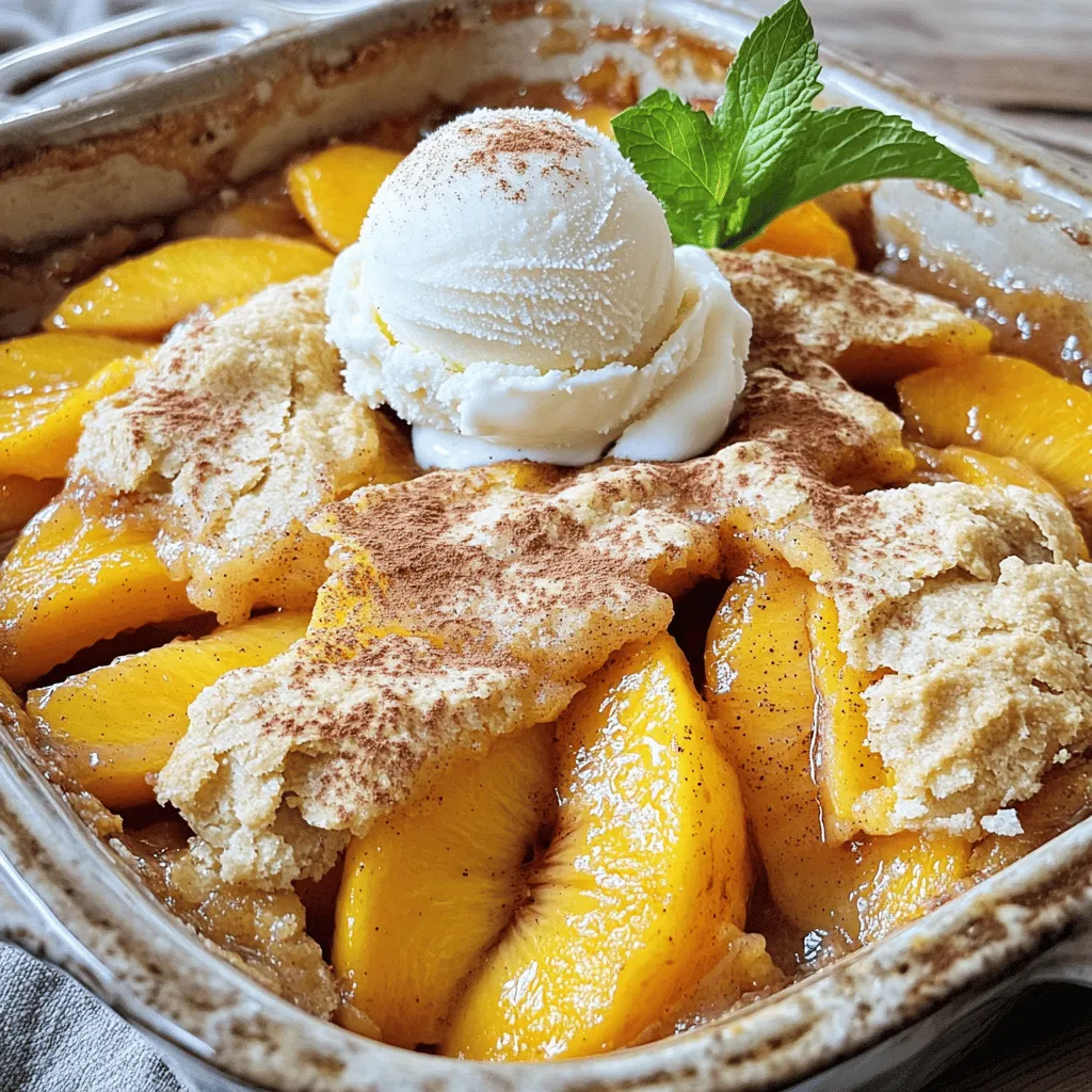 For a perfect peach cobbler, start with these fresh ingredients: - 6 fresh peaches, peeled and sliced - 1 tablespoon lemon juice Using ripe peaches makes a big difference. They should be sweet and slightly soft. The lemon juice adds brightness and helps enhance the peach flavor. Next, gather these dry ingredients: - 1 cup granulated sugar, divided - 1 teaspoon cinnamon - 1 tablespoon cornstarch - 1 cup all-purpose flour - 1 tablespoon baking powder - ½ teaspoon salt The sugar is key to sweetness. You divide it to sweeten the peaches and the batter. Cinnamon brings warmth, while cornstarch helps thicken the peach mixture. Flour and baking powder give the cobbler its structure. Salt balances the flavors. To elevate your cobbler, consider these optional ingredients: - 1 teaspoon nutmeg - ½ cup unsalted butter, melted - ½ cup milk - 1 teaspoon vanilla extract Nutmeg adds a hint of spice. The butter and milk create a rich batter. Vanilla extract brings a lovely aroma, making your cobbler even more inviting. For the complete details on how to make this dish, check the Full Recipe. Start by washing your peaches well. I prefer using fresh peaches for the best flavor. Peel the skin off each peach. You can use a knife or your hands. Slice the peaches into thin pieces. Place them in a large bowl. Add ½ cup of sugar, lemon juice, cinnamon, and cornstarch. This mix helps the peaches release their juice. Stir it all together. Let it sit for about 10 minutes. This step makes the peaches sweet and juicy. In a separate bowl, combine the flour, the rest of the sugar, baking powder, and salt. Mix them well to combine. In another small bowl, whisk the melted butter, milk, vanilla extract, and nutmeg if you like. Pour this wet mix into the dry ingredients. Stir gently until just mixed. The batter should look a bit lumpy. Be careful not to over mix. This helps the cobbler to rise nice and fluffy. Take a 9x13 inch baking dish and grease it with butter. Pour the batter into the dish, spreading it evenly across the bottom. Spoon the peach mixture over the batter. Make sure the peaches are spread out well. Do not mix them into the batter. This creates a lovely layer of fruit on top. Preheat your oven to 350°F (175°C) while you prepare everything. Bake for 40-45 minutes. The top should be golden brown. A toothpick should come out clean when inserted. Let it cool for about 10 minutes before serving. Enjoy your homemade peach cobbler with a scoop of ice cream on top! For the complete process, check the Full Recipe. Choose peaches that feel slightly soft. They should smell sweet and fruity. Look for smooth skin without bruises. Yellow or golden color means they are ripe and ready to use. If your peaches are firm, leave them at room temperature for a few days. This will help them ripen. You can also place them in a paper bag to speed up the process. To get that perfect golden top, bake your cobbler in a preheated oven. Ensure the oven is at 350°F (175°C). Halfway through baking, check the color. If it’s browning too fast, cover it with foil. This way, it won’t burn. Let it bake until a toothpick comes out clean. That’s how you know it’s done. The golden color adds to the dish's charm and taste. Serve your peach cobbler warm for the best experience. A scoop of vanilla ice cream on top is a classic choice. You can also add whipped cream for extra sweetness. Sprinkle some cinnamon or nutmeg for a warm touch. For a fresh twist, add a mint leaf on top. These little details make your dessert look amazing and taste even better. For the complete guide, check the Full Recipe. {{image_2}} Southern-style peach cobbler is warm and comforting. It has a thick biscuit topping that makes it unique. To make this version, use the same peach filling from the main recipe. Then, instead of a batter, make a simple biscuit dough. Mix flour, sugar, baking powder, salt, and cold butter until it looks like crumbs. Add milk and stir until just combined. Drop spoonfuls of the dough over the peaches. Bake as usual. This gives you a flaky top that pairs perfectly with juicy peaches. Making this peach cobbler gluten-free is easy. Just swap out the all-purpose flour for a gluten-free blend. You can find many good mixes in stores. Use a blend with xanthan gum for the best results. Follow the main recipe as usual. The texture may change slightly, but the taste will still be amazing. You won’t miss the gluten! Want to mix things up? Try adding other fruits to your cobbler. Berries, like blueberries or raspberries, pair well with peaches. You can also try cherries or apples. Just keep the peach filling as your base. If using berries, add them directly to the peach mix. For apples or cherries, slice them thin and mix in. This gives your cobbler new flavors and extra color. Each bite will surprise you with its fruity goodness. After you enjoy your peach cobbler, let it cool down. Once it is cool, cover it tightly with plastic wrap or foil. This keeps it fresh. Store the cobbler in the fridge. It will last for about 3 to 4 days. If you have a lot left, you can slice it. This makes it easy to grab a piece later. To reheat your peach cobbler, preheat your oven to 350°F (175°C). Place the cobbler in an oven-safe dish. Cover it with foil to keep it moist. Heat it for about 15 to 20 minutes. Check it to see if it's warm all the way through. You can also use a microwave. Heat a slice for about 30 seconds. This is quick but may not keep the crust crispy. If you want to save your peach cobbler for later, freezing works well. First, let it cool completely. Cut it into slices or leave it whole. Wrap each piece in plastic wrap. Then place it in a freezer bag. Make sure to squeeze out the air. Label the bag with the date. You can freeze it for up to 3 months. When you’re ready to eat, thaw it in the fridge overnight before reheating. Enjoy your peach cobbler later with ease! For the full recipe, check out the recipe section above. Yes, you can use canned peaches. They are a good option when fresh peaches are hard to find. Just drain them well before using. Canned peaches are softer, so your cobbler may have a different texture. You might also want to reduce the sugar since canned peaches are often sweetened. You will know the cobbler is done when the top turns golden brown. A toothpick inserted in the center should come out clean. The filling should bubble around the edges, showing that it’s cooked through. If the top looks brown but the center is wet, bake a bit longer. If you want to avoid sugar, use honey or maple syrup. These natural sweeteners add flavor and moisture. For a low-calorie option, try stevia or erythritol. Start with less than the sugar called for, as these sweeteners can be stronger. Adjust to taste as you mix. For the full recipe, check out the detailed steps above. In this post, I shared how to make a delightful peach cobbler. We talked about fresh and dry ingredients and some optional ones for flavor. I gave clear steps for preparing, mixing, and baking. Tips on picking ripe peaches and baking to perfection followed. I also discussed tasty variations and storage options. Peach cobbler is simple and fun to make. Now, you can create your own delicious version at home. Enjoy every bite!