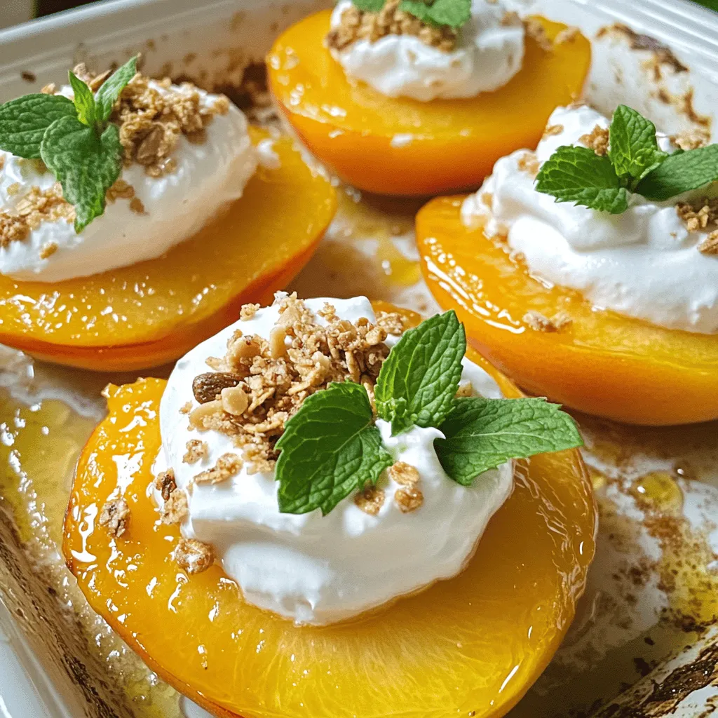 - Ripe peaches - Heavy cream - Powdered sugar - Vanilla extract - Almond extract - Granola or toasted oats - Fresh mint leaves for garnish Choosing ripe peaches: Pick peaches that feel slightly soft when you press them. They should smell sweet, too. Look for a rich color, as this often means great flavor. If they are too firm, give them a few days to ripen at room temperature. Types of cream to use: I recommend heavy cream for this recipe. It whips up thick and creamy. If you want a lighter option, you can use half-and-half, but it won't be as rich. Dairy-free alternatives: If you're dairy-free, use coconut cream or almond milk whipped cream. They provide a nice texture and flavor. Low-sugar options: For a low-sugar choice, use a sugar substitute like stevia or erythritol. You can also skip the powdered sugar in the cream. The peaches add natural sweetness. - Preheating the oven Start by preheating your oven to 375°F (190°C). This step warms the oven for baking the peaches. - Baking process Next, place the peach halves, cut side up, in a baking dish. You can drizzle honey or maple syrup on them. This adds a nice touch of sweetness. Bake the peaches for about 15-20 minutes. They should become tender and slightly caramelized. - Whipping the cream to the right consistency While the peaches bake, grab a mixing bowl. Pour in the heavy cream. Use an electric mixer to whip it until soft peaks form. This step is key for a light texture. - Adding flavors and sweeteners Gradually add the powdered sugar, vanilla extract, and almond extract to the whipped cream. Keep mixing until you see medium peaks form. This mixture should be fluffy and delicious. - Spoon whipped cream on peaches Once the peaches cool a bit, take a spoonful of whipped cream. Generously place it on each peach half. This is where the magic happens! - Garnishing and final touches To finish, top your creation with granola or toasted oats for a delightful crunch. Then, add fresh mint leaves for a pop of color and freshness. Your peaches and cream delight is ready to serve! For the full recipe, check the earlier section. To get the right cream texture, whip the cream until it forms soft peaks. This means it should hold a shape but still be smooth. If you whip it too long, it can turn grainy. So, watch it closely! For the peaches, avoid baking them for too long. Bake until they are tender, about 15-20 minutes. This keeps them juicy and sweet. If they get overbaked, they may turn mushy and lose flavor. You can pair peaches and cream with ice cream for extra sweetness. Fresh fruits like berries also work well. They add color and flavor to your dish. For a pretty presentation, serve in clear bowls. This lets the layers show. You can also sprinkle some granola on top for crunch. Fresh mint leaves make it look even more inviting. Prep your ingredients ahead of time. Cut the peaches and whip the cream in advance. This makes the process quick and easy when you are ready to serve. To whip cream fast, use an electric mixer. It saves time and gives you great results. If you don’t have one, a whisk works too, but it takes longer. For the full recipe, check the recipe section above. {{image_2}} You can change the flavor of peaches and cream easily. Try using different extracts. Coconut or orange extract adds a fun twist. Just swap in a teaspoon of your chosen extract while making the cream. This small change makes a big difference in taste. Adding spices can also lift your dessert. A sprinkle of cinnamon or nutmeg gives warmth. Use just a pinch to avoid overpowering the peach flavor. The spices mix well with the cream and enhance the overall taste. You can boost your peaches and cream with other fruits. Adding berries like strawberries or blueberries adds color and flavor. They bring a nice tartness that balances the sweet peaches. Chop the berries and mix them in with the cream for a fruity surprise. For a tropical twist, try mango or pineapple. These fruits add a sunny vibe. Cut them into small pieces and layer them with the peaches. They mix well with the cream and create a refreshing summer treat. Get creative with how you serve peaches and cream. Make a parfait by layering peaches, cream, and granola in a glass. This looks great and adds texture. Each layer reveals a new taste, making it exciting for your guests. You can also create layered desserts. Use a cake or cookie base at the bottom, add peaches and cream, and then top with more fruit. This adds a unique spin and turns your dessert into a showstopper. For the full recipe, check out the Peaches & Cream Delight section. To keep your peaches and cream fresh, store it in the fridge. Place leftovers in an airtight container. This helps maintain flavor and texture. The dish lasts up to three days in the fridge. After that, the peaches may become mushy. When warming up peaches, do it slowly. Use a microwave or oven at low heat. This keeps the peaches juicy. For the cream, avoid heating it directly. If it separates, whisk it gently. This helps stabilize the cream after refrigeration. You can freeze peaches for later use. Slice and pit them first, then place them in a freezer bag. Remove as much air as possible. They last up to six months in the freezer. For whipped cream, spoon it into ice cube trays. Freeze until solid, then transfer to a bag. This method helps you control portions later. To pick the best peaches, look for these tips: - Color: Choose peaches that are deep yellow or golden. - Feel: Gently squeeze the peach. It should be slightly soft. - Smell: Ripe peaches give off a sweet, fruity scent. - Skin: Look for smooth skin without bruises or wrinkles. These signs tell you that the peaches are ripe and ready. Fresh, sweet peaches make this recipe shine. Yes, you can prepare parts of this recipe ahead of time. Here’s how: - Peaches: You can bake the peaches a few hours ahead. Store them in a cool place. - Cream: Whip the cream and chill it in the fridge. Use it within a day for the best taste. - Assembly: Put everything together right before serving. This keeps the texture fresh and tasty. If you need a substitute for heavy cream, try these options: - Coconut cream: It gives a rich flavor and works well. - Greek yogurt: This adds creaminess with a tangy taste. - Silken tofu: Blend it for a smooth, dairy-free cream. Each alternative will change the flavor a bit. Experiment to find what you like best! This blog post covered how to make a delicious peaches and cream dessert. We discussed ingredients, from perfectly ripe peaches to whipped cream. I shared tips on substitutions for different diets and ways to prepare your dish. You learned about variations, serving ideas, and how to store leftovers. Enjoy this delightful treat by using fresh ingredients and experimenting with flavors. This dessert is easy to make, tasty, and fun to customize. Enjoy your cooking and make it your own!