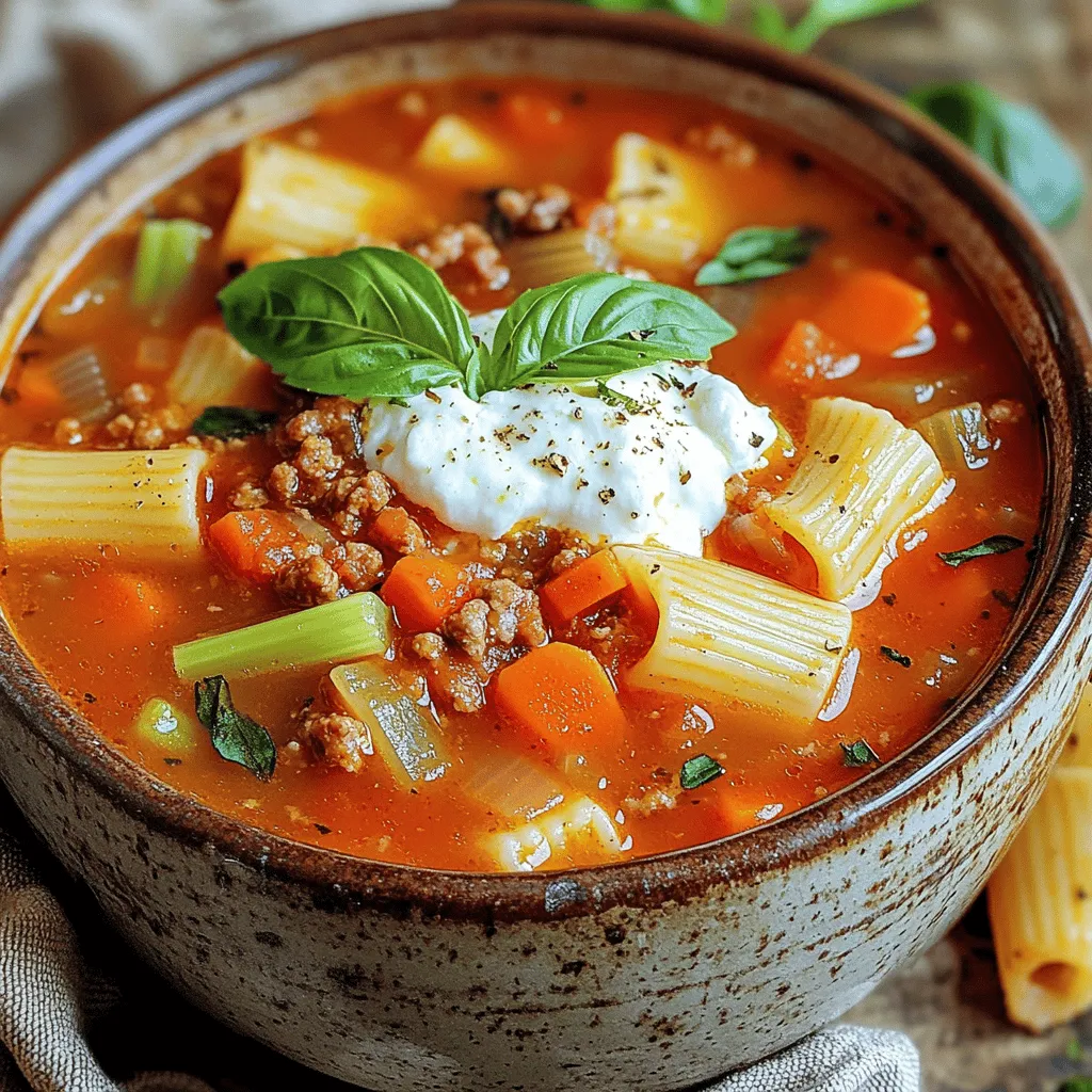 - 1 pound lean ground turkey or chicken - 1 cup ricotta cheese - 1 cup shredded mozzarella cheese Lean ground turkey or chicken offers a great protein boost for this soup. These meats are easy to cook and mix well with flavors. Using ricotta and mozzarella cheese adds creaminess and richness. They also contribute to the protein content, making this dish satisfying. - 1 medium onion, finely chopped - 3 cloves garlic, minced - 1 carrot, diced - 2 celery stalks, diced Onions and garlic give this soup depth and aroma. They form the base for your flavors. Carrots and celery add sweetness and crunch. These veggies make the soup colorful and healthy. - 1 can (28 oz) crushed tomatoes - 4 cups low-sodium chicken or vegetable broth - 2 teaspoons dried Italian herbs (oregano, basil, thyme) - 1 teaspoon red pepper flakes (optional) - Salt and black pepper to taste Crushed tomatoes provide a rich and tangy base. They mix well with the broth, making it hearty. Italian herbs add a burst of flavor, while red pepper flakes can spice things up. Salt and pepper bring the whole dish together. For the full recipe, check out the details above. 1. Sautéing vegetables: Start by heating a splash of olive oil in a large pot over medium heat. Add the finely chopped onion. Sauté it for about 3-5 minutes until it turns translucent. Next, stir in the minced garlic, diced carrot, and diced celery. Cook these for another 5 minutes until the vegetables soften. 2. Browning the meat: Add the pound of lean ground turkey or chicken to the pot. Use a spoon to break it into smaller pieces. Cook it for about 6-8 minutes, stirring often, until the meat is nicely browned. This step builds the rich flavor base for your soup. 3. Adding tomatoes and broth: Pour in the can of crushed tomatoes and the 4 cups of low-sodium broth. This combination creates the heart of the soup. Stir in 2 teaspoons of dried Italian herbs and red pepper flakes if you want some heat. Bring the mixture to a gentle simmer. 4. Incorporating pasta: Once the soup simmers, add in the cup of whole wheat or gluten-free pasta. If you're using lasagna noodles, break them into smaller pieces beforehand. Cook the pasta for about 8-10 minutes until it's al dente. This gives your soup a hearty texture. 5. Mixing ricotta with seasonings: In a separate bowl, mix 1 cup of ricotta cheese with a pinch of salt and black pepper. This creamy mixture adds richness to your soup. 6. Adding cheese and herbs as toppings: Serve your soup in bowls. Top each bowl with a generous spoonful of the ricotta mixture and a sprinkle of shredded mozzarella. This allows the heat from the soup to melt the cheese beautifully. Finally, garnish with fresh basil or parsley for a pop of color and flavor. For the complete recipe, check out the [Full Recipe]. Enjoy every comforting spoonful of this high-protein lasagna soup! For a high-protein lasagna soup, start with lean ground turkey or chicken. These meats are great sources of protein and keep the dish light. You can also use plant-based proteins like lentils or chickpeas for a veggie twist. For dairy, ricotta and mozzarella cheese add creaminess and protein. Opt for low-fat versions if you want to cut calories but still pack in the protein. To make your soup burst with flavor, adjust the seasoning. Start with salt and pepper. Add dried Italian herbs like oregano and basil. If you like a kick, toss in red pepper flakes. Taste as you go, and don't be afraid to add more spices if needed. Fresh herbs at the end can really elevate the taste. Cooking the pasta to al dente is key. This keeps the pasta firm and prevents it from getting mushy in the soup. Follow the package instructions, checking a minute early. For creaminess, mix ricotta cheese with a pinch of salt and pepper before adding it to the soup. This adds richness and makes each bowl feel like a warm hug. For the full recipe, check out the High Protein Lasagna Soup. Enjoy your cooking adventure! {{image_2}} You can change the protein in your lasagna soup to fit your taste. For a plant-based option, try using lentils or chickpeas. They add protein and fiber, making the soup hearty. If you prefer, swap lean ground turkey or chicken for ground beef or sausage. Each protein brings its unique flavor and texture. Just cook it until it's browned, and you're good to go. If you're gluten-free, you can still enjoy this dish! Use gluten-free pasta shapes like rice noodles or quinoa pasta. They work well in the soup and keep the flavors intact. You can also experiment with different shapes. Try shells, rotini, or even broken lasagna sheets. Each shape gives a fun twist to the classic dish. To boost nutrition, add leafy greens like spinach or kale. They cook down nicely and blend with the soup. You can also toss in other veggies. Zucchini, bell peppers, or mushrooms add more color and nutrients. Just chop them up and throw them in while the soup simmers. This way, you create a delicious and healthy meal. For the full recipe, check out the High Protein Lasagna Soup section. Store your High Protein Lasagna Soup in airtight containers. Let the soup cool down before sealing. It keeps well in the fridge for up to three days. This way, you can enjoy it later without losing flavor. Keep the toppings, like ricotta and mozzarella, separate to maintain their texture. To reheat, use a pot over low heat. Stir often to avoid sticking. You can also use a microwave. Place the soup in a microwave-safe bowl. Heat it in short bursts, stirring in between. This ensures that the soup warms evenly without losing its creamy texture. Freezing is a great option for meal prep. Ladle the soup into freezer-safe bags or containers. Leave some space at the top, as soup expands when frozen. It can last in the freezer for up to three months. When you're ready to eat, thaw it overnight in the fridge before reheating. To make High Protein Lasagna Soup, gather your key ingredients first. You will need: - 1 pound lean ground turkey or chicken - 1 medium onion, finely chopped - 3 cloves garlic, minced - 1 carrot, diced - 2 celery stalks, diced - 1 can (28 oz) crushed tomatoes - 4 cups low-sodium chicken or vegetable broth - 2 teaspoons dried Italian herbs (oregano, basil, thyme) - 1 teaspoon red pepper flakes (optional) - 1 cup whole wheat or gluten-free pasta (like lasagna noodles broken into pieces) - 1 cup ricotta cheese - 1 cup shredded mozzarella cheese - Salt and black pepper to taste - Fresh basil or parsley for garnish Start by heating olive oil in a large pot. Add the chopped onion and sauté until it is soft. Then, stir in garlic, carrot, and celery. Cook for about five minutes. Next, add the ground turkey or chicken. Break it up with a spoon and cook until it is browned. After that, pour in crushed tomatoes and broth. Add the dried herbs and red pepper flakes if you like some heat. Bring it to a gentle simmer. Once it's simmering, add the broken pasta. Cook until the pasta is tender, about eight to ten minutes. In a bowl, mix ricotta cheese with salt and pepper. Serve the soup topped with a big spoon of ricotta and a sprinkle of mozzarella. This will melt nicely into the soup. Don’t forget to add fresh basil or parsley on top for a pretty finish. Yes, you can make this soup vegetarian! To do this, simply swap out the meat for plant-based protein. You can use lentils, mushrooms, or even a meat alternative like tempeh or tofu. Use vegetable broth instead of chicken broth for the liquid. Make sure to keep all the other ingredients the same. The rich flavors from the tomatoes and herbs will still shine through. You can enjoy a hearty and tasty vegetarian version of this lasagna soup! There are many ways to boost the protein in your High Protein Lasagna Soup. Here are some ideas: - Add extra beans, like cannellini or chickpeas. - Include more ricotta cheese or use cottage cheese. - Stir in protein powder if you want a smooth texture. - Use a high-protein pasta made from chickpeas or lentils. These additions will help you reach your protein goals while keeping the soup delicious. Enjoy experimenting with these options to find what you love best! This blog post shared a simple way to make high protein lasagna soup. You learned about key ingredients, like lean meats, rich cheeses, and fresh vegetables. I explained how to build the base, perfect the flavor, and serve it. Remember to try different proteins and pasta for variety. Proper storage and reheating keep your soup tasty for days. Enjoy this hearty meal that’s full of protein and flavor. Make it your own!
