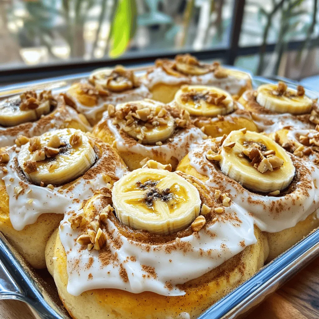 - 2 ripe bananas, mashed - 2 cups all-purpose flour - 3/4 cup granulated sugar - 1/2 cup brown sugar, packed - 1/4 cup unsalted butter, softened - 1/2 cup milk - 2 large eggs - 1 teaspoon vanilla extract - 1 tablespoon baking powder - 1 teaspoon baking soda - 1/2 teaspoon salt - 1 tablespoon ground cinnamon - 1/2 cup pecans or walnuts, chopped (optional) To make these rolls, you need ripe bananas. They give the dough moisture and sweetness. The all-purpose flour forms the base. Sugar adds sweetness and a nice caramel crust when baked. Butter gives richness. Milk and eggs help bind everything together. Baking powder and baking soda make the rolls rise. Salt brings out the flavors, while cinnamon adds warmth. - 8 oz cream cheese, softened - 1/4 cup unsalted butter, softened - 2 cups powdered sugar - 1 teaspoon vanilla extract - 1-2 tablespoons milk (for consistency) The cream cheese frosting adds a sweet and tangy kick. Softened cream cheese and butter create a smooth base. Powdered sugar sweetens the mix and gives it a fluffy texture. Vanilla extract enhances the flavor. The milk helps you reach your desired creaminess. - 1/2 cup pecans or walnuts, chopped - Ground cinnamon for garnish Chopped nuts add crunch and flavor. You can use pecans or walnuts based on your taste. Ground cinnamon as a garnish makes the rolls look pretty and adds extra aroma. For the full recipe, you can refer to the [Full Recipe]. 1. Preheat your oven to 350°F (175°C). Grease a 9x13 inch baking dish. 2. In a large mixing bowl, combine the mashed bananas, softened butter, and granulated sugar. Stir until creamy. 3. Mix in the eggs, milk, and vanilla extract until fully combined. 1. In another bowl, whisk together the flour, baking powder, baking soda, salt, and half of the ground cinnamon. 2. Gradually add the dry mix to the wet ingredients. Stir gently until just combined. Avoid overmixing. 1. Turn the dough out onto a floured surface. Roll it into a rectangle about 1/4 inch thick. 2. Spread softened butter over the dough. Sprinkle the cinnamon sugar mixture evenly on top. 1. Starting from the longer edge, carefully roll the dough into a tight log. 2. Slice the log into 12 equal rolls. Place the rolls in the greased baking dish. 3. Let the rolls rise for about 20 minutes while the oven finishes preheating. 4. Bake the rolls for 25-30 minutes. Keep an eye on them until they turn golden brown. To make the best banana bread cinnamon rolls, start with the dough. You want to mix it just enough. Overmixing makes the rolls tough. Stir until the flour is just incorporated. This keeps the rolls light and fluffy. Also, bananas can vary in moisture. If your bananas are very ripe, you may need less flour. Watch the dough's texture; it should be soft and slightly sticky. Adjust the flour as needed to get it right. Next, let’s talk about the cream cheese frosting. A smooth frosting is key to tasty rolls. Start with softened cream cheese and butter. Beat them together first. Then, slowly add powdered sugar. Mix until it is creamy. If the frosting is too thick, add a tablespoon of milk. This helps you reach the right consistency. You want it to spread easily over warm rolls. Presentation can make your rolls look even more tempting. Once you frost your rolls, think about a little extra touch. Drizzle more frosting on top. A sprinkle of cinnamon adds a nice look and taste. For a fun twist, garnish with banana slices or nuts. If you serve these rolls at a party, consider stacking them on a cake stand. This way, they look fancy and inviting. You can find the full recipe linked here for all the details you need. {{image_2}} You can make these rolls even more fun by adding some extra flavors. Try mixing in chocolate chips or dried fruits like raisins or cranberries. These sweet bites will surprise you with a burst of flavor. You can also switch up the nuts. Use pecans, walnuts, or even sunflower seeds. Each nut brings its own crunch and taste to the rolls. If you want a healthier twist, consider using whole wheat flour instead of all-purpose flour. This change adds more fiber and nutrients. You can also cut back on sugar. Use honey or maple syrup for natural sweetness. This swap helps reduce refined sugar while still keeping the taste great. Make your rolls special for the season! In autumn, add pumpkin spice to the dough for a cozy flavor. You can mix in ground ginger, nutmeg, or cloves for a warm touch. For a fresh taste in spring or summer, add citrus zest. Lemon or orange zest will brighten up the rolls and make them light and airy. Feel free to check out the Full Recipe for more ideas on how to customize your Banana Bread Cinnamon Rolls with Cream Cheese Frosting! To keep your banana bread cinnamon rolls fresh, store them in an airtight container. Place parchment paper between layers to prevent sticking. You can refrigerate them for up to four days. If you plan to eat them later, try to avoid leaving them out. They taste best when kept cool. If you want to freeze the rolls, do it before baking. Wrap each roll tightly in plastic wrap. Then place them in a freezer-safe bag. They can stay frozen for up to three months. When you're ready to enjoy them, thaw in the fridge overnight. Reheat them in the oven at 350°F (175°C) for about 10-15 minutes. This makes them warm and soft again. These rolls are best served warm or at room temperature. Warm rolls enhance the cream cheese frosting's flavor. If you have leftover rolls, you can reheat them in the microwave for about 15 seconds. This will make them soft and delicious. Enjoy them fresh for the best taste! For the full recipe, check the main section. Yes, you can use frozen bananas. They are great for baking. Frozen bananas are often softer and sweeter. They also mix well into the dough. Just thaw and mash them before use. This saves you from wasting overripe bananas. Plus, they add moisture to your rolls. To check if the rolls are done, look for a golden brown color. You can also use a toothpick. Insert it into the center of a roll. If it comes out clean, the rolls are ready. The edges should pull away slightly from the pan. This shows they are baked correctly. Trust your eyes and the toothpick method for perfect rolls. Yes! You can make this recipe dairy-free easily. Use coconut oil or a dairy-free butter substitute for the butter. For the cream cheese, try a dairy-free cream cheese option. You can also use almond or oat milk instead of regular milk. Your rolls will still taste great without dairy. This recipe transforms simple ingredients into delicious banana rolls. You can mix ripe bananas, flour, and sugars to create the dough. Making the cream cheese frosting adds a sweet touch. Remember to avoid overmixing for the best texture and try adding variations like chocolate chips or nuts. Store extras in the fridge for later enjoyment. With these easy steps, you can bake delightful rolls sure to please everyone. Enjoy creating your own tasty treats!