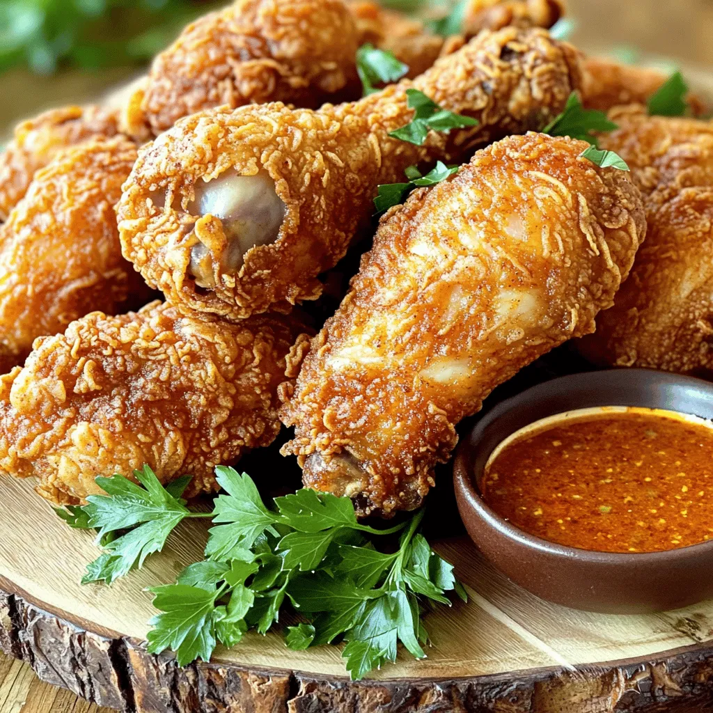 - 4 chicken thighs (bone-in, skin-on) - 4 chicken drumsticks - 2 cups buttermilk - 2 teaspoons hot sauce (adjust to taste) - 1 cup all-purpose flour - 1 tablespoon cornstarch - 2 teaspoons paprika - 1 teaspoon cayenne pepper (adjust for more spice) - 1 teaspoon garlic powder - 1 teaspoon onion powder - 1 teaspoon salt - 1/2 teaspoon black pepper - Vegetable oil for frying - Fresh herbs (parsley, thyme) - Additional spices (cumin, white pepper) Importance of marinating chicken: Marinating chicken in buttermilk helps tenderize the meat. It adds moisture and flavor. I recommend at least two hours of marinating. Overnight is even better. Selecting the right cooking oil: I prefer vegetable oil for frying. It has a high smoke point, which means it can handle heat well. This helps your chicken fry evenly and become crispy. To start, mix buttermilk and hot sauce in a big bowl. You want a good amount of heat, so adjust the hot sauce to your taste. Next, add the chicken thighs and drumsticks. Make sure they are fully covered in the mixture. Cover the bowl and place it in the fridge. For the best flavor, marinate for at least 2 hours, but overnight is even better. In another bowl, combine the dry ingredients. You’ll need all-purpose flour, cornstarch, paprika, cayenne pepper, garlic powder, onion powder, salt, and black pepper. Whisk them together well. This mix will create a nice crunch. To get a thick coating, press the flour mixture onto the chicken firmly. This step is key for that crispy texture. Now, heat vegetable oil in a deep skillet or Dutch oven. You want about 1-2 inches of oil and heat it to 350°F (175°C). A kitchen thermometer is great for this. Once the oil is hot, take the chicken out of the marinade. Let the excess drip off, then dredge it in the flour mix. Place the coated chicken on a rack for about 10 minutes. Carefully place the chicken into the hot oil, making sure not to overcrowd the pan. Fry each piece for about 12-15 minutes per side. You want the chicken to turn golden brown and crispy. Always check the internal temperature to ensure it reaches 165°F (74°C). That’s how you know it’s safe to eat. This process gives you that extra crispy fried chicken you crave. For the full recipe, be sure to check out the complete guide! To get that perfect crunch, use cornstarch in your coating. Cornstarch absorbs moisture and helps create a light, crispy texture. When you mix it with flour, it enhances the crispiness of your fried chicken. Let your chicken rest before frying. This step allows the coating to stick better and creates a crunchier crust. After coating, place the chicken on a rack for about 10 minutes. Hot sauce can make your chicken shine. Try different types, like sriracha or Louisiana hot sauce, for unique flavors. Each type will add its own twist to your dish. You can also mix in extra seasonings. Consider adding smoked paprika or a pinch of cumin for depth. Fresh herbs like thyme or oregano can also boost the taste. Avoid overcrowding the pan when frying. If you add too much chicken at once, the oil temperature will drop. This will lead to soggy, greasy chicken instead of crispy goodness. Keep an eye on your oil temperature. Use a thermometer to ensure it stays around 350°F. Too hot can burn the crust, while too cold will make it greasy. {{image_2}} You can change the spice level in this recipe easily. Adjust the cayenne pepper and hot sauce to fit your taste. If you like it hotter, add more cayenne. You can also mix in chili flakes or a spicy pepper blend for an extra kick. This adds depth and excitement to each bite. You don’t have to fry your chicken to get it crispy. For oven-baked crispy chicken, preheat your oven to 425°F (220°C). Place the coated chicken on a wire rack over a baking sheet. Bake for about 30-35 minutes. This method keeps it crunchy and cuts down on oil. If you prefer an air fryer, set it to 375°F (190°C). Cook for about 25-30 minutes, flipping halfway through. This gives you a healthier yet still crispy option. Need a gluten-free option? Substitute the all-purpose flour with gluten-free flour. This keeps the coating tasty and crispy. You can use a mix of rice flour and cornstarch for best results. Ensure you season well to keep the flavor strong in your gluten-free chicken. Don't be shy with spices! You can still enjoy that bold flavor without gluten. For the full recipe, check out the Extra Crispy Spicy Fried Chicken recipe. To keep your extra crispy spicy fried chicken fresh, follow these steps: - Let the chicken cool to room temperature. - Place it in an airtight container. - Store it in the fridge for up to four days. This method helps keep the chicken tasty and safe to eat. Use glass or plastic containers that seal well. When it's time to enjoy leftovers, reheating properly is key for crispiness. - Preheat your oven to 375°F (190°C). - Place the chicken on a baking sheet. - Heat for about 15-20 minutes. This method keeps the skin crispy while warming the meat. If you want, sprinkle a bit of salt or your favorite seasoning on top before reheating. Freezing is a great way to store extra chicken. Here’s how to do it: - Wrap each piece in plastic wrap tightly. - Place them in a freezer bag or container. - Remove as much air as possible before sealing. Your chicken can last up to three months in the freezer. When you want to eat frozen chicken, thaw it in the fridge overnight. To reheat, follow the same oven method as before. This keeps your chicken crispy and delicious! For more details, check out the Full Recipe. To make Extra Crispy Spicy Fried Chicken, follow these simple steps: 1. Marinate the chicken: Mix buttermilk and hot sauce. Soak chicken in it for at least 2 hours. 2. Prepare the coating: Combine flour, cornstarch, and spices in a bowl. 3. Heat the oil: Get the oil hot in a deep skillet. Aim for 350°F (175°C). 4. Coat the chicken: Take chicken from buttermilk and dredge in the flour mix. 5. Fry the chicken: Cook in hot oil until golden and crispy, about 12-15 minutes per side. 6. Drain and serve: Let it rest on paper towels before enjoying. For detailed steps, check the Full Recipe. Here are some popular side dishes to pair with your fried chicken: - Coleslaw - Mashed potatoes - Corn on the cob - Baked beans - Macaroni and cheese - Biscuits - Pickles Yes, you can use chicken breasts. However, chicken breasts cook faster. Adjust the frying time to about 8-10 minutes per side. Check that the inside reaches 165°F (74°C). The result will be juicier and less greasy than thighs or drumsticks. You can store fried chicken in the fridge for about 3 to 4 days. Make sure to keep it in an airtight container to maintain freshness. This article shared the key ingredients, steps, and tips for making Extra Crispy Spicy Fried Chicken. Marinating the chicken and preparing the right coating is crucial for success. Use the frying tips to achieve crispiness, and don’t forget to explore variations for added excitement. Store leftovers properly to enjoy them later. With these insights, you can create fried chicken that impresses everyone. Enjoy your cooking adventure and savor each bite!
