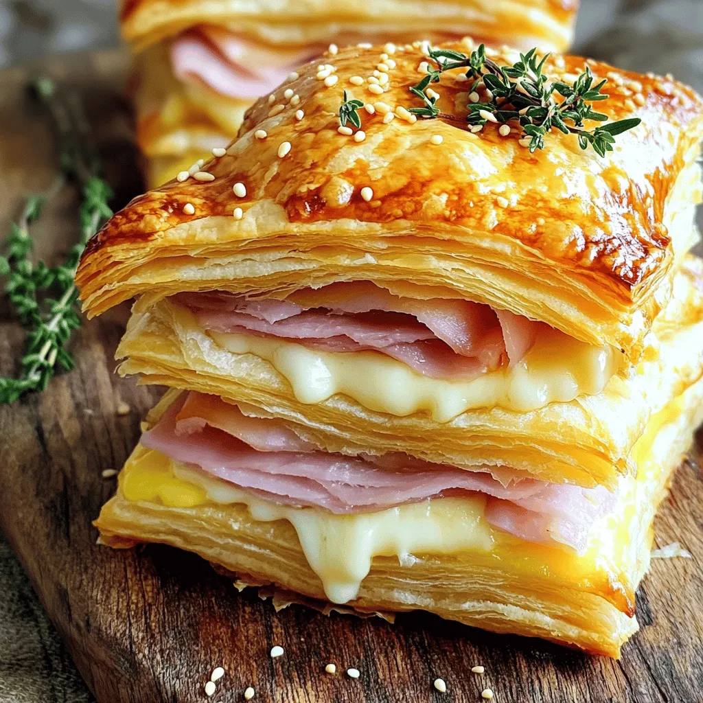 - 1 sheet of puff pastry, thawed - 6 slices of deli ham (preferably smoked or honey ham) - 1 cup shredded Gruyère cheese (or substitute with mozzarella) - 1 egg, beaten (for egg wash) - 1 tablespoon Dijon mustard - 1 tablespoon fresh thyme leaves (optional) - Salt and pepper to taste - Sesame seeds for garnish (optional) - 2 tablespoons butter, melted The main ingredient in this recipe is puff pastry. It gives a light and flaky base. Use a high-quality, frozen sheet for the best results. Deli ham adds rich flavor. I prefer smoked or honey ham, but any type will work. The cheese is key for that gooey center. Gruyère is my go-to, but mozzarella is a fine substitute. To make the stacks shine, we use a beaten egg for the wash. It gives a golden hue. Dijon mustard adds a zesty kick. Fresh thyme leaves are optional, but they bring a lovely aroma. You can easily adjust the flavors. For a twist, add spices like garlic powder or paprika. A sprinkle of sesame seeds gives a nice crunch on top. - Cheese options: mozzarella, cheddar, or Swiss - Alternative proteins: turkey or chicken - Vegan alternatives: plant-based cheese and ham If you're out of Gruyère, mozzarella works just as well. You can also try cheddar or Swiss for a different taste. For proteins, turkey or chicken can replace ham. This is great if you want a lighter option. If you prefer vegan, there are many plant-based cheeses and hams available. Feel free to experiment! Each change gives a new flavor. The full recipe provides step-by-step guidance to create these delightful stacks. - Preheat the oven to 400°F (200°C) and prepare the baking sheet. - Roll out the puff pastry on a floured surface. Cut it into rectangles or squares. This gives you about 12 pieces. The size is up to you. Make sure they are even for best results. - Apply a thin layer of Dijon mustard on half of the pastry pieces. - Place a slice of deli ham on each mustard-covered pastry. - Add a generous amount of Gruyère cheese on top of the ham. - If you like, sprinkle fresh thyme leaves and season with salt and pepper. - Top with the other pastry pieces and press down gently to seal. This layering is key for flavor and texture. The mustard adds a nice tang to balance the richness of the ham and cheese. - Brush the tops of your stacks with the beaten egg for a golden finish. - Drizzle melted butter over them for extra flavor. - Bake until golden brown, about 15-20 minutes. Keep an eye on them as they bake. You'll want them puffed and beautifully golden. For the full recipe, check the details above. - Keep the puff pastry cold for best results. Cold pastry puffs better in the oven. - Always use a sharp knife to cut your ingredients. This helps you get clean, crisp edges. - Watch your oven closely to avoid burning. Ovens can vary, so stay alert. - Rotate your baking sheet halfway through baking. This ensures even cooking for all stacks. - Serve with tasty dipping sauces like mustard or aioli. They add great flavor to the stacks. - Present your stacks on a wooden board. Add fresh herbs for a beautiful touch. These tips will help you achieve perfect Crispy Ham & Cheese Puff Pastry Stacks. Check the Full Recipe for more details! {{image_2}} You can make these stacks even more exciting! Here are some fun ideas: - Add jalapeños for a spicy kick. This gives the stacks a nice heat that balances well with the cheese. - Include caramelized onions for sweetness. The sweet flavors of the onions mix perfectly with the salty ham. Feel free to switch things up with different ingredients: - Use different types of ham or cheeses. Try prosciutto or even turkey for a different taste. For cheese, cheddar or Swiss can work well too. - Try adding veggies like spinach or mushrooms. These add a nice texture and flavor to the stacks. You can also change how you cook these stacks: - Air fry for a quicker, crispier option. This method gives you that crunch without much oil. - Grilling for a smoky flavor. Grilling adds a unique taste that makes these stacks stand out. Each variation helps you create your own Crispy Ham & Cheese Puff Pastry Stacks. Explore these options to find your perfect match! For the full recipe, check out the original guide. To keep your crispy ham and cheese puff pastry stacks fresh, store them in the fridge. Place them in an airtight container. They will stay good for up to 3 days. If you stack them, use parchment paper between layers. This keeps them from sticking together. You can freeze unbaked stacks too. Wrap them well and freeze for up to 2 months. When ready to bake, no need to thaw. Just bake from frozen, but adjust the baking time. Check them a few minutes early to avoid over-baking. To reheat, the oven is your best friend. It helps keep the stacks crispy. Heat them at 350°F (175°C) for about 10-15 minutes. If you use a microwave, do it carefully. It can make the stacks soggy. For best results, use the oven! You can prepare the stacks and refrigerate them before baking. Just cover them tightly with plastic wrap. When you are ready to serve, bake them right before eating. This makes it easy to enjoy a fresh snack without stress. Yes, using store-bought puff pastry is a great choice. It saves time and works well. Many brands offer high-quality options that taste delicious. Just make sure to thaw it properly before using. This helps get that perfect, flaky texture. These tasty stacks pair well with many side dishes. You can serve them with fresh salads or warm soups. They also make great appetizers for parties. Just add some mustard on the side for a tasty dip. For more ideas, check out the Full Recipe for more serving suggestions. You now have all the steps to make crispy ham and cheese puff pastry stacks. We covered ingredients, preparation methods, baking tips, and variations. Remember, you can tweak flavors based on your preferences. Try adding different cheeses or proteins. Store leftovers properly, and enjoy them later. This dish is perfect for any gathering or a cozy night in. Get ready to impress with your tasty creation!
