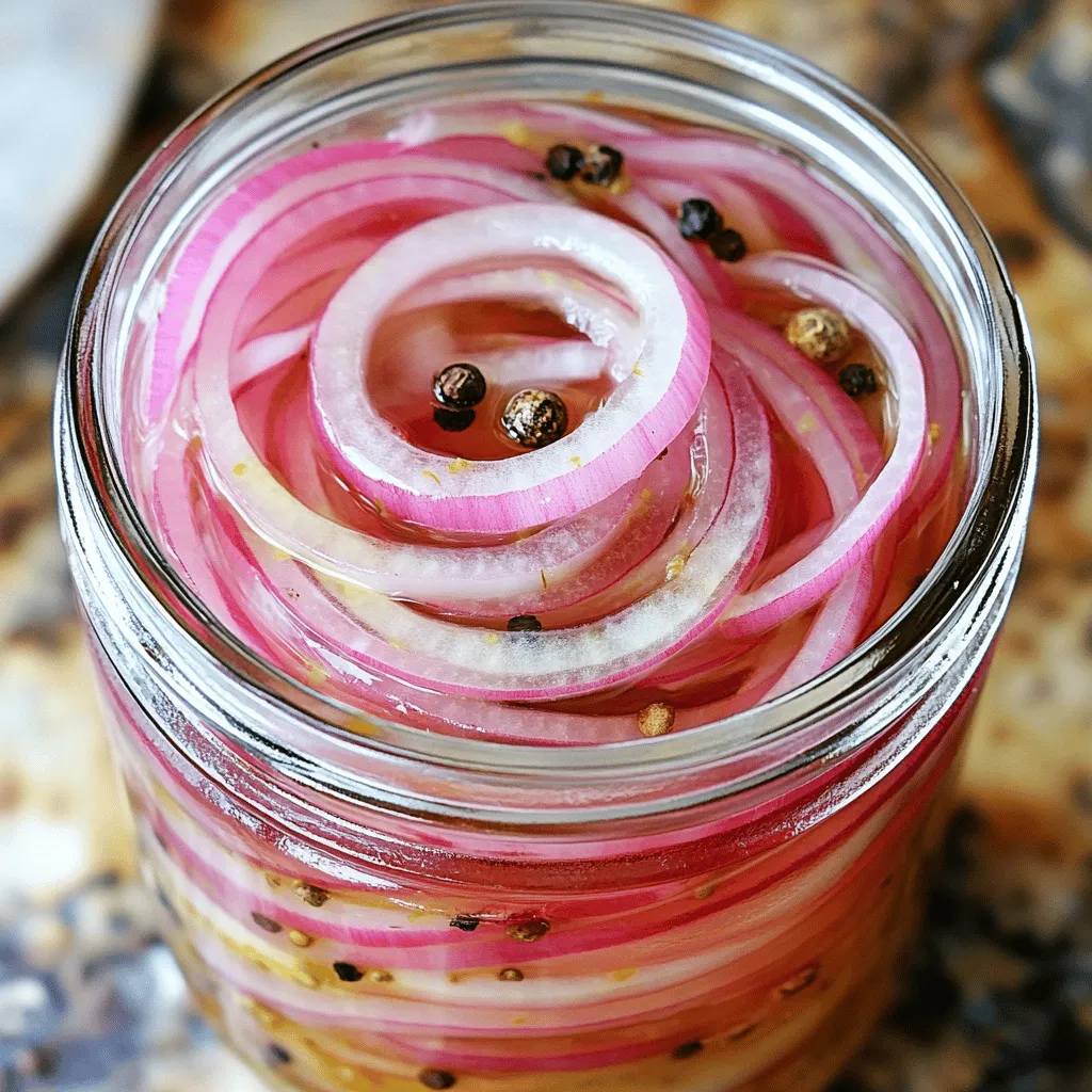 - 2 medium red onions, thinly sliced - 1 cup apple cider vinegar - 1 cup water - 2 tablespoons granulated sugar - 1 teaspoon salt - 1 teaspoon black peppercorns - 1/2 teaspoon cumin seeds - 1/2 teaspoon crushed red pepper flakes (optional for spice) - Fresh herbs (like dill or cilantro) for added flavor - Additional spices such as mustard seeds or coriander seeds - Medium saucepan - Heatproof jar or container - Spoon for pressing onions When you gather your ingredients, you set the stage for a tasty dish. The red onions provide a great crunch and color. Apple cider vinegar adds a tangy kick. Water balances the flavors. Sugar brings sweetness, while salt enhances all the tastes. The spices like black peppercorns and cumin seeds give depth, and crushed red pepper flakes can add some heat. Feel free to switch things up! You can toss in fresh herbs or other spices to make your pickles unique. Just remember, the right tools will make your process smooth. A medium saucepan helps heat the liquid, and a heatproof jar keeps your pickled onions safe. A spoon helps press down the onions for full flavor absorption. For the full recipe, you can find step-by-step instructions. Enjoy the vibrant, tangy taste of quick pickled red onions! - Combine apple cider vinegar, water, sugar, and spices in a saucepan. - Bring to a simmer and stir until sugar and salt dissolve. To start, I take a medium saucepan. I add one cup each of apple cider vinegar and water. Then, I mix in two tablespoons of granulated sugar, one teaspoon of salt, and spices like one teaspoon of black peppercorns and half a teaspoon of cumin seeds. If you like spice, add half a teaspoon of crushed red pepper flakes. I turn the heat to medium. I watch closely as the mixture simmers. I stir until the sugar and salt dissolve completely. This step is key for a perfect flavor. - Thinly slice red onions and pack them into a heatproof jar. - Ensure onions are ready for the pickling process. Next, I grab two medium red onions. I slice them thinly, making sure each piece is even. The thinner, the better! I pack the slices into a clean, heatproof jar. If I have a few layers, I press them down gently. I want to make sure they fit well, so each onion slice absorbs that tasty liquid. - Pour cooled pickling liquid over onions. - Seal jar and refrigerate until ready to use. Once the pickling liquid cools for about 5-10 minutes, I carefully pour it over the onions. I ensure all slices are fully submerged. If some float, I press them down with a spoon. I seal the jar tightly and let it cool to room temperature. After that, I place the jar in the fridge. The pickled onions will be ready in just an hour. However, they taste even better if left overnight. Enjoy the burst of flavor! To get the best flavor from your pickled onions, let them marinate for a few hours or overnight. This time allows the onions to soak up all the tasty juices. If you want to kick it up a notch, consider adding fresh herbs or garlic. These ingredients add depth and aroma to your pickles. Pickled red onions are great on tacos, salads, or sandwiches. They add crunch and zing to any meal. You can also use them as a bright garnish for various dishes. Their vibrant color makes meals look more appealing and fun. If you need more or fewer pickles, adjust the ingredient amounts. For larger batches, keep the ratio of vinegar, sugar, and spices the same. This way, you maintain the right balance of flavors. For smaller batches, you can easily cut the recipe in half while still enjoying that zesty taste. {{image_2}} To make your pickled onions spicier, add more crushed red pepper flakes. Start with 1 teaspoon and adjust to your taste. You can also try other spices. Mustard seeds or black peppercorns add a nice kick. Experiment with spices to find your perfect heat level. Citrus juices brighten up pickled onions. You can add the juice of lime or orange to the pickling liquid. Fresh citrus adds a zesty flavor and balances the vinegar. It also helps cut through the onion’s sharpness. Try this twist for a refreshing change in taste. Fresh herbs can take your pickled onions to the next level. Consider adding dill, cilantro, or parsley during the pickling process. Just toss in a few sprigs of your choice. This will add unique flavors that pair well with other dishes. Experiment with different herbs to create your own twist! To keep your quick pickled red onions fresh, use a clean glass jar. Glass helps maintain flavor and quality. Make sure the jar seals tightly. This helps prevent air from spoiling the onions. Store the jar in the refrigerator. Keep it away from light and heat for best results. When stored correctly, pickled onions last about two weeks. Always check for signs of spoilage. If you see mold or a change in color, toss the onions. A sour smell or off taste is another sign that they may be bad. Freezing pickled onions is possible, but it may change their texture. If you want to freeze them, use an airtight container. Label the container with the date. To thaw, just move the container to the fridge overnight. Use them in cooked dishes or as toppings after thawing. Pickled red onions last about two weeks in the fridge. To keep them fresh, store them in a clean, airtight jar. Make sure the onions stay submerged in the pickling liquid. If you notice any off smells, colors, or mold, it's best to discard them. Yes, you can use white or yellow onions. However, they taste different. White onions are sharper and crisper. Yellow onions are milder and sweeter. Pickled red onions add color and a sweet bite to dishes, making them a fun choice. You can use pickled red onions in many dishes. Try them on tacos, salads, or sandwiches. They add a zesty crunch to burgers and grain bowls. You can also use them as a garnish for roasted meats or fish. They brighten up any meal! Heating the vinegar helps dissolve sugar and salt quickly. It also combines the flavors of spices better. However, you can skip the heat if you're short on time. Just mix the ingredients well until dissolved. The flavor might be less intense but still tasty. In this blog post, we covered how to make quick pickled red onions. You learned about the ingredients, tools, and step-by-step process. We also discussed flavor tips and variations to enhance your pickled onions. Proper storage and answers to common questions were also highlighted. Pickled onions are easy to make and add great flavor to many dishes. Enjoy experimenting with spices and herbs to find your perfect blend!