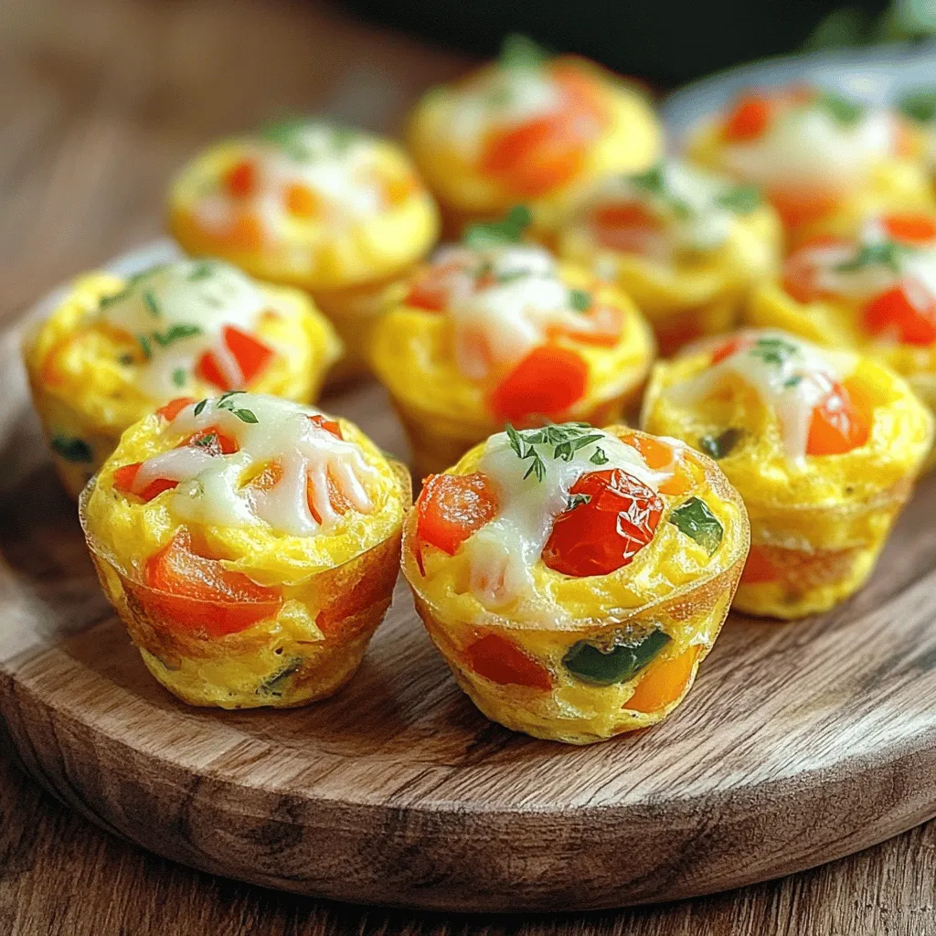 - 6 large eggs - 1 cup milk (or plant-based milk) - 1 cup spinach, chopped - 1/2 cup bell peppers, diced - 1/2 cup cherry tomatoes, halved - 1/2 cup shredded cheese (cheddar or mozzarella) - 1/4 cup red onion, finely chopped - Salt and pepper to taste - 1 teaspoon garlic powder - 1 teaspoon dried oregano - Cooking spray or oil for greasing the muffin tin Creating mini frittata muffins is easy and fun. These muffins pack nutrition and taste. You can mix and match ingredients based on what you have. Eggs form the base, and they provide protein. Milk adds creaminess and helps the muffins rise. Spinach gives a nice green color and nutrients. Bell peppers add crunch and sweetness. Cherry tomatoes burst with flavor, making each bite exciting. Cheese brings richness and melty goodness. Red onion adds a sharp taste, balancing the dish. Don’t forget the seasonings! Salt and pepper enhance all the flavors. Garlic powder brings a savory kick, while oregano adds an Italian touch. Grease your muffin tin well. This helps the muffins slide out easily. In this recipe, you will find a great balance of flavors. This is the heart of the dish. You can find the Full Recipe in the previous section for a complete guide. - Calories: 90 per muffin - Protein: 6g - Fats: 5g - Carbohydrates: 6g These muffins are nutrient-dense and perfect for breakfast. They keep you full and energized. Plus, they are easy to make ahead of time. Enjoy them fresh or reheat for later. First, preheat your oven to 350°F (175°C). This is key for even baking. While the oven heats up, grab a muffin tin and grease it with cooking spray or oil. This helps the muffins come out easily. Next, take a large mixing bowl. In that bowl, whisk together 6 large eggs and 1 cup of milk until smooth. Make sure there are no lumps. This mix will be the base of your frittata muffins. Now, it’s time to amp up the flavor. Add salt and pepper to taste, along with 1 teaspoon of garlic powder and 1 teaspoon of dried oregano. Stir well to combine these seasonings into the egg mixture. Then, fold in the veggies and cheese. Add 1 cup of chopped spinach, 1/2 cup of diced bell peppers, 1/2 cup of halved cherry tomatoes, 1/2 cup of shredded cheese, and 1/4 cup of finely chopped red onion. Mix these ingredients gently to avoid breaking the eggs. Once everything is mixed, pour the egg mixture evenly into the muffin tin. Fill each cup about 3/4 full. This allows space for the muffins to puff up while baking. Place the muffin tin in the preheated oven. Bake for 18 to 20 minutes. Keep an eye on them! They should puff up and look golden. To check for doneness, insert a toothpick in the center of a muffin. If it comes out clean, they are ready. After baking, remove the tin from the oven. Let the muffins cool in the tin for 5 minutes. This makes them easier to handle. Then, transfer them to a wire rack to cool completely. This step helps keep them from getting soggy. For the full recipe, check out the details above. Enjoy your mini frittata muffins warm or at room temperature! To make the best mini frittata muffins, you must evenly distribute vegetables and cheese. This helps each muffin have the same great taste. To do this, mix all ingredients well before pouring them into the muffin tin. Use a spatula to fold in your veggies gently. This keeps them whole and colorful. To avoid overcooked frittata muffins, watch the baking time closely. Check them at 18 minutes. A toothpick should come out clean when they are done. If not, bake for another minute or two. Overbaking can make them dry, so keep an eye on them. Mini frittata muffins pair well with fresh fruit, toast, or yogurt. They make a great breakfast or snack. You can add a side salad for lunch too. Serve them warm or at room temperature for the best flavor. You can garnish with fresh herbs like parsley or chives. This adds color and taste, making them look even more inviting. {{image_2}} You can easily switch up the veggies in your mini frittata muffins. Here are some great ideas: - Zucchini, grated - Mushrooms, diced - Broccoli, chopped - Kale, shredded These choices add color and taste, making your muffins more fun. When it comes to cheese, you have options too. Each cheese brings a unique flavor: - Feta adds a salty kick - Goat cheese is creamy and tangy - Pepper jack gives a spicy twist Feel free to mix and match. These swaps keep your breakfasts exciting! Herbs and spices can change the taste of your mini frittata muffins. Try these: - Basil for a fresh touch - Thyme for earthy notes - Cumin for a warm flavor Adding protein enhances your muffins. Here are some tasty options: - Diced ham for a classic combo - Cooked sausage for heartiness - Crumbled bacon for a smoky taste These ideas let you create many flavor profiles. Enjoy the process of experimenting! To keep your mini frittata muffins fresh, store them in an airtight container. They last in the fridge for up to four days. If you want to keep them longer, freeze them. Wrap each muffin in plastic wrap and place them in a freezer bag. They can stay frozen for up to three months. When you store them, avoid stacking the muffins. This helps prevent them from getting squished. You can also add a paper towel in the container. This absorbs moisture and helps keep them dry. Reheating mini frittata muffins is easy. You can use the oven or microwave. For the oven, preheat it to 350°F (175°C). Place the muffins on a baking tray and heat for about 10 minutes. This keeps them warm and crispy. If you use the microwave, place a muffin on a plate. Heat it for about 30 seconds. To avoid sogginess, do not cover the muffin. This allows steam to escape. Enjoy them warm for the best flavor! Can mini frittata muffins be made ahead of time? Yes, you can make mini frittata muffins in advance. They store well in the fridge. Prepare them the night before, bake, and cool. Then, store them in an airtight container. This way, you have a quick breakfast ready to go! How long do they last in the refrigerator? Mini frittata muffins last for about 3 to 5 days in the refrigerator. To keep them fresh, store them in a sealed container. When ready to eat, just reheat in the microwave or oven. Can I use egg substitutes for this recipe? Yes, you can use egg substitutes if needed. Options like flaxseed meal or chickpea flour work well. Just remember to adjust the liquid ratio, as substitutes vary in moisture content. What are some good side dishes to serve with mini frittata muffins? Mini frittata muffins pair well with fresh fruit, yogurt, or a light salad. You can also serve them with whole-grain toast or avocado for a hearty meal. These options add color and nutrition to your plate. Can they be adapted for special diets (vegan, gluten-free)? Yes, mini frittata muffins can fit various diets. For a vegan option, replace eggs with a mix of silken tofu and nutritional yeast. For gluten-free, make sure your ingredients, like cheese or bread, are gluten-free. These swaps keep the muffins tasty and friendly for all diets. This blog post covers how to make tasty mini frittata muffins. You learned what ingredients to use and how to prepare them. I shared tips for making them perfect every time. You can try different flavors and store leftovers easily. Remember, these muffins are great for any meal or snack. Enjoy the fun of creating your own tasty frittatas!