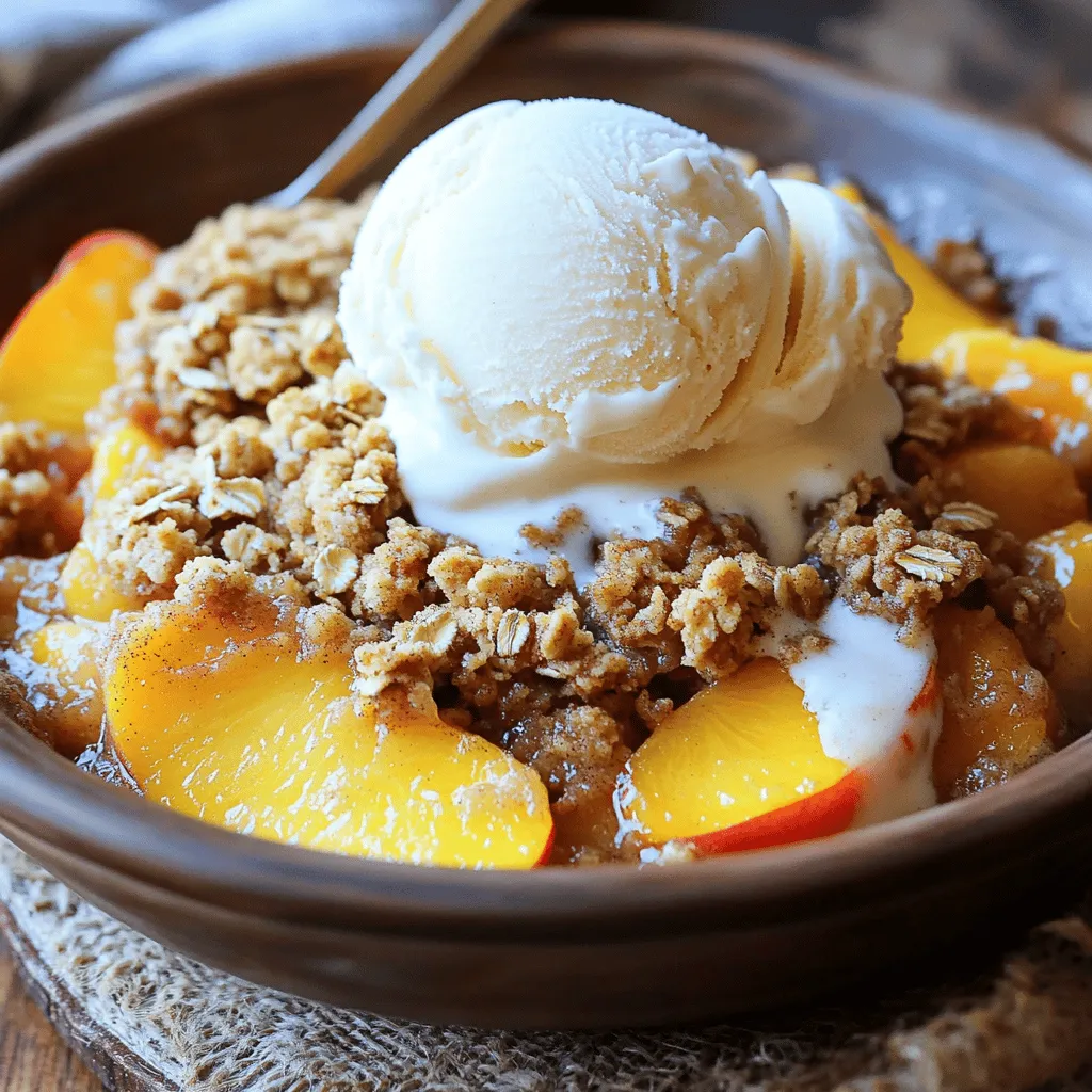 To create the perfect warm bourbon peach crisp, you need fresh peaches. Choose ripe, juicy peaches. They make the dish sweet and flavorful. You will need four peaches. Slice them and remove the pits. A little lemon juice helps keep their color bright. Next, you’ll need sweeteners and spices. Brown sugar adds depth. Use 1/4 cup of brown sugar. Cinnamon brings warmth with a teaspoon, and a pinch of nutmeg (1/4 teaspoon) adds a lovely touch. These spices make the peaches shine in this dish. For the topping, gather rolled oats, flour, and sugar. You will need 1 cup of rolled oats and 1/2 cup of all-purpose flour. For sweetness, add 1/3 cup of granulated sugar. Melted unsalted butter (1/3 cup) gives the topping a rich flavor. Finally, add 1/2 teaspoon of vanilla extract and a pinch of salt (1/4 teaspoon) to enhance all the flavors. This recipe balances all these ingredients perfectly. For the full recipe, check above. First, set your oven to 350°F (175°C). This helps the crisp bake evenly. In a large bowl, take the sliced peaches and add lemon juice, brown sugar, cinnamon, and nutmeg. Mix gently to coat the peaches well. This step brings out their sweet flavor. Next, you need to make the topping. In another bowl, combine rolled oats, flour, granulated sugar, and salt. This creates a nice texture for your crisp. Pour in the melted butter and vanilla extract. Stir until everything is mixed well, forming a crumbly mix. Now it's time to layer the dish. Take the peach mixture and spread it evenly in a greased 8x8 inch baking dish. This dish holds all your tasty layers. Then, sprinkle the oat mixture over the peaches. Make sure to cover them completely. This topping will get golden and crunchy while baking. Bake your crisp in the oven for about 25-30 minutes. You want the topping to turn golden brown, and the peaches should be bubbly. Keep an eye on it; this step is key to perfecting your dessert. To check if it’s done, look for a golden color on top and listen for bubbling sounds. Once it’s ready, take it out and let it cool for a few minutes. Serve it warm for the best taste. You can find the full recipe [here](#). Choosing ripe peaches is key to a great crisp. Look for peaches that are slightly soft when you press them gently. Their skin should have a rich color, with no bruises. If your peaches are hard, let them sit at room temperature for a few days. If you want to cut sugar, try using honey or maple syrup. These add sweetness and flavor without refined sugar. For butter, you can use coconut oil or a plant-based spread. They work well and keep your crisp tasty. Adjusting spice levels can make a big difference. For more warmth, add a bit more cinnamon or nutmeg. If you want a kick, consider adding a pinch of allspice or ginger. Just remember, a little goes a long way. Pair your warm bourbon peach crisp with a scoop of vanilla ice cream. The cold ice cream melts into the warm crisp, creating a wonderful mix. Whipped cream is another option that adds a light touch. For creative garnishes, try fresh mint leaves or a sprinkle of chopped nuts. A drizzle of caramel or chocolate sauce can also add flair. You can even add some crushed cookies on top for crunch. For the full recipe, check out the details above. Enjoy your cooking! {{image_2}} You can change up the warm bourbon peach crisp in fun ways. Adding nuts like walnuts or almonds gives it a nice crunch. You can also use seeds, such as pumpkin or sunflower seeds, for extra texture. These additions not only enhance the flavor but also add healthy fats and protein. If you want different flavors, try using other fruits. Apples and pears work well with the spices. You can also mix in berries, like blueberries or raspberries, for a sweet twist. Each fruit brings its own taste, making this dessert unique every time. Making this crisp fit your diet is easy. For a gluten-free version, swap the all-purpose flour with almond flour or a gluten-free blend. Just make sure to check the labels! You can also use gluten-free oats to keep it safe. If you follow a vegan diet, you can replace the butter with coconut oil or vegan butter. For the sweeteners, use maple syrup or agave instead of brown sugar. This way, you still get that warm, sweet flavor without animal products. For those watching their sugar intake, try using less sugar or a sugar substitute. Options like stevia or monk fruit sweetener can help keep the sweetness while cutting calories. With these adjustments, everyone can enjoy a delicious bowl of warm bourbon peach crisp. For the full recipe, check out the Warm Spiced Peach Crisp . To keep your warm bourbon peach crisp fresh, use an airtight container. Glass or plastic containers work well. Make sure the crisp is cool before sealing it. This helps prevent moisture build-up. You can store your crisp in the refrigerator for up to three days. If you want to keep it longer, freeze it. Wrap it tightly in plastic wrap or foil. Then place it in a freezer-safe bag. It can last for about three months in the freezer. To reheat your crisp and keep it crispy, try using an oven. Preheat the oven to 350°F (175°C). Place the crisp in a baking dish. Cover it with foil to avoid burning the top. Heat for about 15-20 minutes until warm. If you're in a hurry, a microwave works too. Heat in 30-second intervals. However, the topping may not stay crispy. For serving later, scoop out portions into bowls. Add a scoop of vanilla ice cream or whipped cream. This adds a nice touch to the warm, spiced peaches. For the full recipe, check the Warm Spiced Peach Crisp section above. Can I use frozen peaches instead of fresh? Yes, you can use frozen peaches. They work well in this recipe. Just thaw them first and drain excess liquid. This prevents the crisp from getting too soggy. Frozen peaches can be a great option when fresh ones are out of season. How can I make this recipe ahead of time? You can prepare the peach filling and topping separately. Store them in the fridge for up to a day. When ready to bake, layer them in a dish and bake as directed. This saves time and lets the flavors meld. What’s the best way to serve leftover crisp? Store leftover crisp in an airtight container. Keep it in the fridge for up to three days. To serve, simply reheat in the oven or microwave. Adding a scoop of ice cream on top makes it even better. Enjoy it warm for the best taste! For the full recipe, check out the Warm Spiced Peach Crisp details above. You learned how to make a Warm Bourbon Peach Crisp from fresh ingredients. We covered everything from choosing ripe peaches to adding fun toppings. Remember the tips for storage and reheating to keep it tasty. This dessert brings joy to any table. Enjoy experimenting with flavors and variations. Each bite can offer a new surprise. Stick to the steps, and you’ll have a dish that impresses everyone. Happy baking!