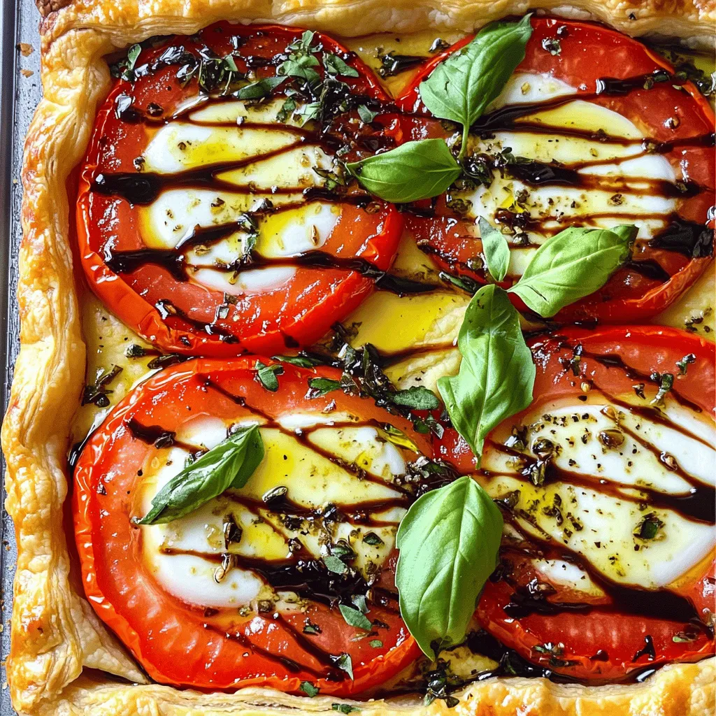 To make the Tomato Mozzarella Basil Tart, gather these items: - 1 sheet of puff pastry, thawed - 3 large ripe tomatoes, sliced - 8 oz fresh mozzarella cheese, sliced - 1 cup fresh basil leaves - 2 tablespoons olive oil - 1 teaspoon balsamic glaze - 1 teaspoon dried oregano - Salt and pepper to taste When selecting tomatoes, look for ones that feel heavy and firm. They should have a bright color and smell sweet. Fresh mozzarella should be soft and springy, not rubbery or dry. Make sure it is packed in water or brine for best flavor. You will need some basic tools to make this tart: - Tart pan (10-inch round works best) - Rolling pin - Fork for pricking the pastry - Parchment paper - Baking beans or rice for blind baking - Sharp knife for slicing tomatoes and mozzarella For a more polished look, you might want a pastry cutter. This tool helps shape the puff pastry neatly. A mandoline can also slice tomatoes and cheese evenly, making your tart look professional. To start, you need to prepare the puff pastry. Take one sheet of puff pastry and let it thaw. Once thawed, place it on a lightly floured surface. Roll it out until it is big enough to fit your tart pan. I usually aim for about a 10-inch round. Next, transfer the rolled pastry to the tart pan. Press it gently into the edges and trim off any extra dough. This keeps the crust neat. Then, prick the bottom with a fork. This helps avoid puffing during baking. For the next step, place a piece of parchment paper over the pastry. Fill this with baking beans or rice. This is called blind baking. It keeps the pastry flat while it cooks. Now, let’s blind bake the tart crust. Preheat your oven to 400°F (200°C). Bake the pastry for 15 minutes. You want it to start turning golden. After that time, remove the parchment paper and weights. Bake it for another 5 minutes. This ensures your crust is fully baked. Once done, set it aside to cool slightly. Now, it's time to layer the tomatoes and mozzarella. Start with your sliced tomatoes. Place them in the tart shell, alternating with mozzarella slices. Slightly overlap them for a pretty look. Once layered, drizzle olive oil over the top. Sprinkle with dried oregano, salt, and pepper. Finally, bake the tart in the oven for another 20 minutes. You will know it’s done when the mozzarella is bubbling and golden. Enjoy making this flavorful dish! For the complete recipe, check out the Full Recipe. To keep your tart from being soggy, follow these tips: - Blind Bake: Always blind bake your puff pastry. This means you bake it first with weights. It helps set the crust. - Prick the Bottom: Use a fork to poke holes in the pastry. This lets steam escape and helps it stay crisp. - Use Parchment: Line your pastry with parchment paper before adding weights. This keeps it from sticking. For the best baking results, consider these: - Temperature: Preheat your oven to 400°F (200°C). This hot start helps the crust rise nicely. - Timing: Bake the crust for 15 minutes, then remove the weights. Bake for another 5 minutes to get a golden finish. Serving your tart well makes it more inviting. Here are some fun ideas: - Slice Neatly: Use a sharp knife to cut the tart into even slices. This makes it look tidy on the plate. - Plate with Style: Place slices on a colorful plate. Add a sprinkle of basil leaves around the tart for a pop of color. - Drizzle Balsamic: Just before serving, drizzle balsamic glaze on top. This adds flavor and a nice shiny finish. For garnishing, consider: - Fresh Herbs: Use extra basil leaves for a fresh look. - Olive Oil Drizzle: A light drizzle of olive oil enhances the flavor and appearance. These tips can help you create a beautiful and tasty Tomato Mozzarella Basil Tart. For more detailed instructions, check the Full Recipe. {{image_2}} You can switch up the cheese in your tart. If you want something different, try goat cheese or feta. They add a tangy taste that pairs well with the tomatoes. For a vegan option, use a nut-based cheese. It melts nicely and keeps the tart creamy. Mixing in different flavors can also enhance your tart. Add some fresh herbs like thyme or rosemary. You can also sprinkle in some chili flakes for a spicy kick. Each cheese brings a unique taste, so feel free to experiment! Not everyone loves puff pastry, and that's okay! You can make a gluten-free crust using almond flour or rice flour. Whole wheat crusts are also great for a healthier choice. These options still give a nice crunch and hold the filling well. Want to add more flavor? Mix in some herbs into your crust dough. You can also add a layer of pesto on the bottom before adding the tomatoes and cheese. This adds a burst of flavor and makes each bite special. To keep your Tomato Mozzarella Basil Tart fresh, store it properly. First, let the tart cool completely. Then, wrap it tightly in plastic wrap or foil. You can also place it in an airtight container. This helps keep moisture in and air out. If you want to store it longer, you can freeze it. Cut the tart into slices for easy serving. Wrap each slice in plastic wrap and place them in a freezer-safe bag. Label the bag with the date. When stored in the fridge, expect the tart to last for about 3 to 4 days. In the freezer, it can stay good for up to 2 months. Just remember to thaw it in the fridge before reheating. To enjoy your tart again, reheating is key. I suggest using the oven for the best results. Preheat your oven to 350°F (175°C). Place the tart on a baking sheet. Cover it lightly with foil to keep it from browning too much. Heat it for about 10 to 15 minutes. Check if the cheese is melting and the crust is warm. You can also use a microwave if you're in a hurry. However, this method may make the crust a bit soft. Heat on medium power for 1 to 2 minutes. Now your Tomato Mozzarella Basil Tart is ready to savor again! For the full recipe, check out the details above. What can I substitute for fresh basil? You can use dried basil if fresh is not available. Use one teaspoon of dried basil for every tablespoon of fresh. You could also try parsley or arugula for a different taste. Can I make the tart ahead of time? Yes, you can prepare the tart crust and fill it ahead of time. Store the unbaked tart in the fridge for up to a day. Just bake it when you are ready to serve. How can I adjust the recipe for a smaller portion? For a smaller tart, use half of the ingredients. You can use a smaller pan, around 6 inches. This will make enough for about 2 to 3 servings. Is this tart suitable for freezing? You can freeze the tart before baking. Wrap it well in plastic wrap and foil. It lasts for about a month. Just bake it straight from the freezer, adding a few extra minutes. How do I know when the tart is done baking? The tart is ready when the mozzarella is bubbly and slightly golden. The pastry should look crisp and brown. Keep an eye on it in the last few minutes. Can I use cherry tomatoes instead of large ones? Yes, cherry tomatoes work well. Slice them in half and add them to the tart. They will add a sweet flavor and look great in the dish. The Tomato Mozzarella Basil Tart blends fresh flavors with simple steps. We covered essential ingredients, tools, and step-by-step directions. I shared tips to prevent soggy, and how to dress up your tart. You learned about variations in cheese and crust options to customize your dish. Plus, proper storage and reheating tips will keep leftovers tasty. Experiment with these ideas to create your own favorite version. Enjoy the process and share your delicious tart with others!