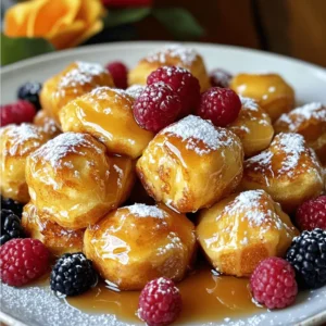 - 1 can of refrigerated cinnamon rolls (with icing) - 4 large eggs - 1/2 cup milk (dairy or non-dairy) - 2 teaspoons vanilla extract - 1 teaspoon ground cinnamon - 1/4 teaspoon nutmeg - 1/4 cup maple syrup - Powdered sugar (for dusting) - Fresh berries (for garnish) The main star of this dish is the can of cinnamon rolls. They give us that classic flavor we love. You can choose any brand you like, as long as it comes with icing. Next, we need eggs. They help bind everything together. The milk adds creaminess. You can use dairy or non-dairy milk, depending on your needs. Vanilla extract is a must. It gives a warm, sweet flavor. Ground cinnamon adds that nice spice we expect in a cinnamon roll. Nutmeg is optional, but it adds a unique taste. Maple syrup is our sweetener for drizzling on top. Finally, powdered sugar is for dusting the bites after baking. Fresh berries make a great garnish and add a pop of color. You can use almond milk, soy milk, or oat milk instead of dairy milk. These options keep the dish tasty for everyone. If you want to switch up the sweeteners, try agave syrup or honey. They work well in this recipe. - Baking dish - Mixing bowls - Whisk A baking dish is essential for cooking the bites. Mixing bowls will help with combining the ingredients. A whisk is great for blending the eggs and milk smoothly. For the full recipe, check out the detailed steps to prepare these delicious Cinnamon Roll French Toast Bites! 1. Preheat your oven to 375°F (190°C). Grease a baking dish lightly with oil. 2. Open the can of cinnamon rolls. Cut each roll into quarters and place them in a large bowl. 1. In a separate bowl, whisk together the eggs, milk, vanilla extract, cinnamon, and nutmeg. Mix until smooth. 2. Pour this egg mixture over the cinnamon roll pieces. Toss gently to coat each piece evenly. 1. Transfer the coated cinnamon roll bites into the greased baking dish. Spread them out in one even layer. 2. Drizzle the maple syrup over the top. Bake in the preheated oven for 20-25 minutes. The bites should turn golden brown and be set in the middle. These steps are simple and make a tasty treat. For the complete recipe, check the Full Recipe section. To make the best cinnamon roll French toast bites, let the cinnamon rolls soak. After you mix the egg mixture, let it sit on the rolls for 5-10 minutes. This helps them absorb the egg mixture well. It leads to a soft and tasty bite. For baking, aim for 20-25 minutes at 375°F (190°C). Bake until they turn golden brown. This is the perfect time to get that nice texture. The center should be set but moist. When it's time to serve, dust the bites with powdered sugar. This adds a sweet touch. You can also add fresh berries on top. Strawberries and blueberries are great choices. They add color and flavor. Think about what to serve with these bites. Maple syrup is a must for drizzling. You can also pair them with whipped cream for extra creaminess. If your bites come out undercooked, don’t worry. Simply return them to the oven. Bake for an extra 5 minutes. Check again to see if they are set in the middle. If your bites turn out too dry, try drizzling extra maple syrup on top. You can also add a little milk to keep them moist. Adding a scoop of ice cream can help too! For the full recipe, check out the detailed steps above. Happy cooking! {{image_2}} I love to mix up the flavors in my Cinnamon Roll French Toast Bites. You can easily add chocolate chips or nuts for a fun twist. Both chocolate and nuts add a nice crunch and richness. Another option is to use spices like cardamom. This spice brings a warm, fragrant touch that pairs well with cinnamon. You can create a whole new flavor profile by experimenting with these additions. If you're vegan, you can make this dish too! Use flax eggs instead of regular eggs. Just mix one tablespoon of ground flaxseed with two and a half tablespoons of water for each egg. Use almond or oat milk in place of regular milk. For those who need gluten-free options, try gluten-free cinnamon rolls. They work just as well in this recipe. Want to add some savory flavors? Try adding crispy bacon or ham. The saltiness of the meat balances the sweetness of the cinnamon rolls. You can also turn these bites into a brunch dish. Serve them with scrambled eggs or a fresh salad for a complete meal. This way, you have a mix of sweet and savory on your plate, making it perfect for any gathering. For the full recipe, check the earlier section. Happy cooking! After enjoying your Cinnamon Roll French Toast Bites, let them cool before storing. Place them in an airtight container. This keeps them fresh. Store in the fridge for up to three days. For longer storage, freeze them in a single layer. Once frozen, transfer them to a freezer bag. This helps avoid freezer burn. These bites taste best within three days when stored in the fridge. In the freezer, they last about two months. Look for signs of spoilage, such as an off smell or mold. If they seem dry or hard, they may not taste good. You can prepare these bites in advance for busy mornings. Just bake them the night before and let them cool. Store in the fridge. In the morning, reheat them quickly in the oven. You can also use a microwave for quick reheating. Enjoy them warm for the best flavor. Check out the Full Recipe for more ideas! If you want an egg-free option, use unsweetened applesauce. Use 1/4 cup of applesauce for each egg. This will keep your bites moist. Another option is a flaxseed mixture. Mix 1 tablespoon of ground flaxseed with 2.5 tablespoons of water. Let it sit for five minutes before adding to the mix. Yes, you can prepare the bites the night before. Just follow the steps up to baking. Then, cover the dish and store it in the fridge. In the morning, bake them right from the fridge. You might need to add a few extra minutes to the baking time. The bites are done when they are golden brown and puffed up. You can check by inserting a toothpick in the center. If it comes out clean, they are ready. If not, bake for a few more minutes. To reheat, place them in the oven at 350°F for about 10 minutes. This warms them through and keeps them crispy. You can also use the microwave for quick reheating, but they may become soft. For the full recipe, check the earlier section for all the steps and ingredients needed. In this blog post, we explored how to make delicious Cinnamon Roll French Toast Bites. You learned the ingredients, tools, and step-by-step instructions for this easy recipe. I shared tips for perfect bites, variations, and storage info to help you enjoy them longer. This dish is simple and fun to make, perfect for any breakfast. Enjoy trying out different flavors and serving it with your favorite toppings. So, gather your ingredients, and get ready to impress everyone with this tasty treat!