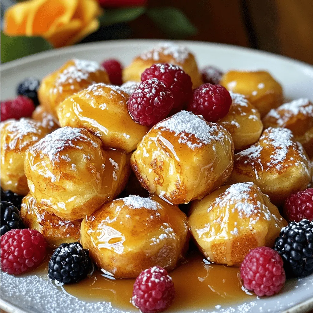 - 1 can of refrigerated cinnamon rolls (with icing) - 4 large eggs - 1/2 cup milk (dairy or non-dairy) - 2 teaspoons vanilla extract - 1 teaspoon ground cinnamon - 1/4 teaspoon nutmeg - 1/4 cup maple syrup - Powdered sugar (for dusting) - Fresh berries (for garnish) The main star of this dish is the can of cinnamon rolls. They give us that classic flavor we love. You can choose any brand you like, as long as it comes with icing. Next, we need eggs. They help bind everything together. The milk adds creaminess. You can use dairy or non-dairy milk, depending on your needs. Vanilla extract is a must. It gives a warm, sweet flavor. Ground cinnamon adds that nice spice we expect in a cinnamon roll. Nutmeg is optional, but it adds a unique taste. Maple syrup is our sweetener for drizzling on top. Finally, powdered sugar is for dusting the bites after baking. Fresh berries make a great garnish and add a pop of color. You can use almond milk, soy milk, or oat milk instead of dairy milk. These options keep the dish tasty for everyone. If you want to switch up the sweeteners, try agave syrup or honey. They work well in this recipe. - Baking dish - Mixing bowls - Whisk A baking dish is essential for cooking the bites. Mixing bowls will help with combining the ingredients. A whisk is great for blending the eggs and milk smoothly. For the full recipe, check out the detailed steps to prepare these delicious Cinnamon Roll French Toast Bites! 1. Preheat your oven to 375°F (190°C). Grease a baking dish lightly with oil. 2. Open the can of cinnamon rolls. Cut each roll into quarters and place them in a large bowl. 1. In a separate bowl, whisk together the eggs, milk, vanilla extract, cinnamon, and nutmeg. Mix until smooth. 2. Pour this egg mixture over the cinnamon roll pieces. Toss gently to coat each piece evenly. 1. Transfer the coated cinnamon roll bites into the greased baking dish. Spread them out in one even layer. 2. Drizzle the maple syrup over the top. Bake in the preheated oven for 20-25 minutes. The bites should turn golden brown and be set in the middle. These steps are simple and make a tasty treat. For the complete recipe, check the Full Recipe section. To make the best cinnamon roll French toast bites, let the cinnamon rolls soak. After you mix the egg mixture, let it sit on the rolls for 5-10 minutes. This helps them absorb the egg mixture well. It leads to a soft and tasty bite. For baking, aim for 20-25 minutes at 375°F (190°C). Bake until they turn golden brown. This is the perfect time to get that nice texture. The center should be set but moist. When it's time to serve, dust the bites with powdered sugar. This adds a sweet touch. You can also add fresh berries on top. Strawberries and blueberries are great choices. They add color and flavor. Think about what to serve with these bites. Maple syrup is a must for drizzling. You can also pair them with whipped cream for extra creaminess. If your bites come out undercooked, don’t worry. Simply return them to the oven. Bake for an extra 5 minutes. Check again to see if they are set in the middle. If your bites turn out too dry, try drizzling extra maple syrup on top. You can also add a little milk to keep them moist. Adding a scoop of ice cream can help too! For the full recipe, check out the detailed steps above. Happy cooking! {{image_2}} I love to mix up the flavors in my Cinnamon Roll French Toast Bites. You can easily add chocolate chips or nuts for a fun twist. Both chocolate and nuts add a nice crunch and richness. Another option is to use spices like cardamom. This spice brings a warm, fragrant touch that pairs well with cinnamon. You can create a whole new flavor profile by experimenting with these additions. If you're vegan, you can make this dish too! Use flax eggs instead of regular eggs. Just mix one tablespoon of ground flaxseed with two and a half tablespoons of water for each egg. Use almond or oat milk in place of regular milk. For those who need gluten-free options, try gluten-free cinnamon rolls. They work just as well in this recipe. Want to add some savory flavors? Try adding crispy bacon or ham. The saltiness of the meat balances the sweetness of the cinnamon rolls. You can also turn these bites into a brunch dish. Serve them with scrambled eggs or a fresh salad for a complete meal. This way, you have a mix of sweet and savory on your plate, making it perfect for any gathering. For the full recipe, check the earlier section. Happy cooking! After enjoying your Cinnamon Roll French Toast Bites, let them cool before storing. Place them in an airtight container. This keeps them fresh. Store in the fridge for up to three days. For longer storage, freeze them in a single layer. Once frozen, transfer them to a freezer bag. This helps avoid freezer burn. These bites taste best within three days when stored in the fridge. In the freezer, they last about two months. Look for signs of spoilage, such as an off smell or mold. If they seem dry or hard, they may not taste good. You can prepare these bites in advance for busy mornings. Just bake them the night before and let them cool. Store in the fridge. In the morning, reheat them quickly in the oven. You can also use a microwave for quick reheating. Enjoy them warm for the best flavor. Check out the Full Recipe for more ideas! If you want an egg-free option, use unsweetened applesauce. Use 1/4 cup of applesauce for each egg. This will keep your bites moist. Another option is a flaxseed mixture. Mix 1 tablespoon of ground flaxseed with 2.5 tablespoons of water. Let it sit for five minutes before adding to the mix. Yes, you can prepare the bites the night before. Just follow the steps up to baking. Then, cover the dish and store it in the fridge. In the morning, bake them right from the fridge. You might need to add a few extra minutes to the baking time. The bites are done when they are golden brown and puffed up. You can check by inserting a toothpick in the center. If it comes out clean, they are ready. If not, bake for a few more minutes. To reheat, place them in the oven at 350°F for about 10 minutes. This warms them through and keeps them crispy. You can also use the microwave for quick reheating, but they may become soft. For the full recipe, check the earlier section for all the steps and ingredients needed. In this blog post, we explored how to make delicious Cinnamon Roll French Toast Bites. You learned the ingredients, tools, and step-by-step instructions for this easy recipe. I shared tips for perfect bites, variations, and storage info to help you enjoy them longer. This dish is simple and fun to make, perfect for any breakfast. Enjoy trying out different flavors and serving it with your favorite toppings. So, gather your ingredients, and get ready to impress everyone with this tasty treat!