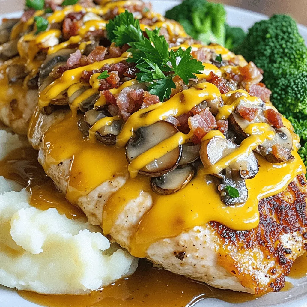 - 4 boneless, skinless chicken breasts - 1 cup buttermilk - 1 teaspoon smoked paprika - 1 teaspoon garlic powder - 1 teaspoon onion powder - 1 teaspoon black pepper - 1 tablespoon olive oil - 1 cup sliced mushrooms - 1 cup shredded cheddar cheese - 1 cup cooked, crumbled turkey bacon - ¼ cup honey mustard sauce - Fresh parsley for garnish What can I use instead of buttermilk? You can mix 1 cup of milk with 1 tablespoon of vinegar or lemon juice. Let it sit for five minutes. This creates a great substitute. What cheese and bacon options can I use? You can swap cheddar for mozzarella or gouda. For bacon, use chicken bacon or even pancetta for a unique taste. What spices or herbs can I try? Feel free to add fresh thyme or rosemary for added flavor. You can also use chili powder for some heat. Using these tips, you can make this dish your own while keeping the core flavors intact. Explore and enjoy your cooking journey! Start by marinating the chicken. Mix buttermilk, smoked paprika, garlic powder, onion powder, and black pepper in a bowl. This blend gives the chicken great flavor. Add the chicken breasts and coat them well. Cover the bowl and refrigerate for at least 1 hour. For the best taste, marinate overnight. The marination process helps tenderize the meat. It also infuses the chicken with rich flavors. Next, heat olive oil in a large oven-safe skillet. Set your heat to medium. Once hot, add the marinated chicken. Sear each side for 4-5 minutes until golden brown. This step adds a nice crust. After searing, remove the chicken. In the same skillet, add sliced mushrooms. Sauté them for 3-4 minutes until soft. Stir occasionally for even cooking. Preheat your oven to 375°F (190°C). Once the mushrooms are ready, layer them on the chicken. Top with shredded cheddar cheese and crumbled turkey bacon. Drizzle honey mustard sauce over everything. Now, transfer the skillet to the oven. Bake for 25-30 minutes. The chicken is done when the cheese bubbles and turns golden. Let the dish rest for a few minutes before serving. To achieve the perfect sear on your chicken, follow these steps: - Start with a dry chicken. Pat it dry with paper towels before cooking. - Heat your skillet to medium-high heat. The oil should shimmer. - Cook the chicken without moving it for 4-5 minutes on each side. This helps form a nice crust. For ideal cookware, use a large oven-safe skillet. Cast iron works well, as it retains heat. If you don’t have cast iron, a stainless-steel skillet will also do the trick. For side dishes, I suggest creamy mashed potatoes or steamed broccoli. Both add color and balance to the plate. You can also serve it with a fresh salad for a light touch. For presentation, arrange the chicken on a plate with a bed of mashed potatoes. Drizzle any extra honey mustard sauce over the chicken. Top with freshly chopped parsley for a pop of color. This makes your meal look as good as it tastes! For the full recipe, check out the earlier section. {{image_2}} You can easily swap chicken for turkey or tofu. Turkey gives a similar taste and texture. Tofu adds a plant-based twist. For turkey, use boneless, skinless turkey breasts. Marinate and cook just like chicken. For tofu, press it to remove excess water. Cut it into slices and marinate like the chicken. Cook until golden brown for a delicious, healthy option. Adding fresh herbs can change the flavor of this dish. Try using thyme, rosemary, or basil to boost taste. You can also switch cheese types. Mozzarella or pepper jack can give a new spin. Mix and match these flavors to find your favorite combo. Don't be afraid to get creative and explore! If you want a lighter meal, choose low-fat cheese and turkey bacon. You can find many options in stores today. Using these can cut calories and fat. You can also use Greek yogurt instead of buttermilk. This change keeps the dish moist while adding protein. These swaps still keep the dish tasty and satisfying. For more variations, check out the Full Recipe for ideas! After making Alice Springs Chicken, you may have some leftovers. To keep them fresh, follow these steps: - Allow the chicken to cool to room temperature. - Place the chicken in an airtight container. - Store in the fridge for up to three days. Using airtight containers helps prevent moisture loss and keeps the chicken tasty. If you want to keep it longer, consider freezing it. Wrap the chicken tightly in plastic wrap or foil before placing it in a freezer-safe bag. This way, it can last up to three months in the freezer. When you’re ready to enjoy your leftovers, reheating properly is key. Here are a few methods to keep the flavor and texture intact: - Oven: Preheat your oven to 350°F (175°C). Place the chicken in an oven-safe dish. Cover it with foil to retain moisture. Heat for about 15-20 minutes or until warmed through. - Microwave: If you're short on time, use the microwave. Place the chicken on a microwave-safe plate. Cover it with a damp paper towel to keep it moist. Heat on medium power for 1-2 minutes, checking often to avoid overcooking. - Stovetop: You can also heat it on the stovetop. Add a splash of broth to a skillet over low heat. Add the chicken and cover. Heat for about 5 minutes, turning occasionally. These methods help ensure your Alice Springs Chicken remains juicy and delicious! Alice Springs Chicken is a popular dish from an Australian chain restaurant. It features chicken breasts topped with cheese, bacon, and mushrooms. The dish blends flavors into a rich and hearty meal. It has roots in the late 1990s and has since gained fame. The mix of honey mustard sauce adds a unique twist. Many enjoy it for its bold taste and easy preparation. Yes, you can easily make Alice Springs Chicken ahead of time. Marinate the chicken in buttermilk overnight for the best flavor. After marinating, you can sear and bake it when ready to serve. This helps save time during busy days. Just remember to store it in the fridge until you're ready to cook. If cooked ahead, keep it in an airtight container. Reheat in the oven to keep it juicy and warm. Alice Springs Chicken pairs well with many side dishes. Here are some great options: - Mashed potatoes for a creamy base - Steamed broccoli for color and crunch - Rice pilaf for a light, fluffy side - A simple green salad for freshness - Roasted vegetables for extra flavor These sides complement the rich flavors of the chicken. They add balance to your meal and make it more enjoyable. Don't shy away from mixing and matching! In this post, we explored how to make Alice Springs Chicken, from gathering ingredients to cooking techniques. You learned why marinating is key and how to achieve the perfect bake. We also discussed delicious variations and smart storage tips. With these steps, you can create a meal that's sure to impress. Enjoy cooking and feel free to try your own twists on this tasty dish. Happy cooking!